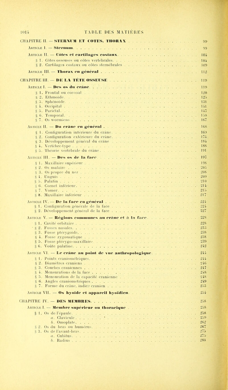 CHAPITRE II. — STERAl'M ET COTES, THORAX 99 Article 1. — Stei'imin <,)9 Article II. — t'«»les et cartilages costaux 104 § !. Côtes osseuses ou côtes vertébrales lOi § 2. Cartilages costau.x ou côtes stcrnébrales lOO- Article III. — Thoi-ax en général 112 CHAPITRE III. — DE LA TÈTE OSSEUSE 11S> AiîTicLE I. — Des os lin crâne 119 § 1. B'rontal ou cornnal li'O S '2. Ethmoïde 12.3 § 3. Sphénoïde 131 § 4. Occipital , . 141 § 5. Pariétal 141 § 6. Temporal l.oft § 7. Os woniiieiis , : 107 Article II. — Du crâne en jçéucral 16li § 1. Configuration intérieure du crâne I6'J § 2. Configuration e.vtérieure du crâne 174 § 3. Développement général du crâne 184 § 4. Vertèbre-type 18fi § 5. Théorie vertébrale du crâne 191 Article III. — Des os de la l'ace 197 § 1. Maxillaire supérieur 198 S 2. Os malaire '20.5 § 3. Os propi'e du nez 208- § 4. Unguis 209 § 5. Palatin 210 § 0. Cornet inférieur 214 § 7. Vomer 21.5 g 8. Maxillaire intérieur 217 Article IV. — De la face en général 224 § 1. Configuration générale de la l'ace 224 § 2. Développement général de la face 227 Article V. — Régions communes an crâne et :s la l'ace 228 § 1. Cavité orbitaire 228 ■ 2. Fosses nasales 233 § 3. Fosse ptérygoïde 238 § 4. Fosse zygoniatique 238 .§ 5. Fosse ptéi'ygo-inaxillair.' 239 ,§ 6. Voûte palatine 242 Article VI. ■— Le crâne au point »le vue antIiro|ioIo<>'ique 244 SI. Points craniométriques 244 § 2. Diamètres crâniens 24r> § 3. Courbes crâniennes 247 § 4. Mensurations de la face 248 § 5. Mensuration de la capacité crânienne 248 S 6. Angles cranioniétriques 249 § 7. Forme du crâne, indice crânien 253 AitTiCLE VII. — Os hyoïde et appareil hjo'idien 254 CHAPITRE IV. — DES MEMRRES 258 Article I. — Membre supérieur ou thoraciqne 258 § 1. Os do l'épaule 258 a. Clavicule . 259 0. Omoplate 2G2 § 2. Os du bras ou humérus 267 .^3. Os de l'avant-bras 275 a. Cubitus ■ 275 /j. Radius 280