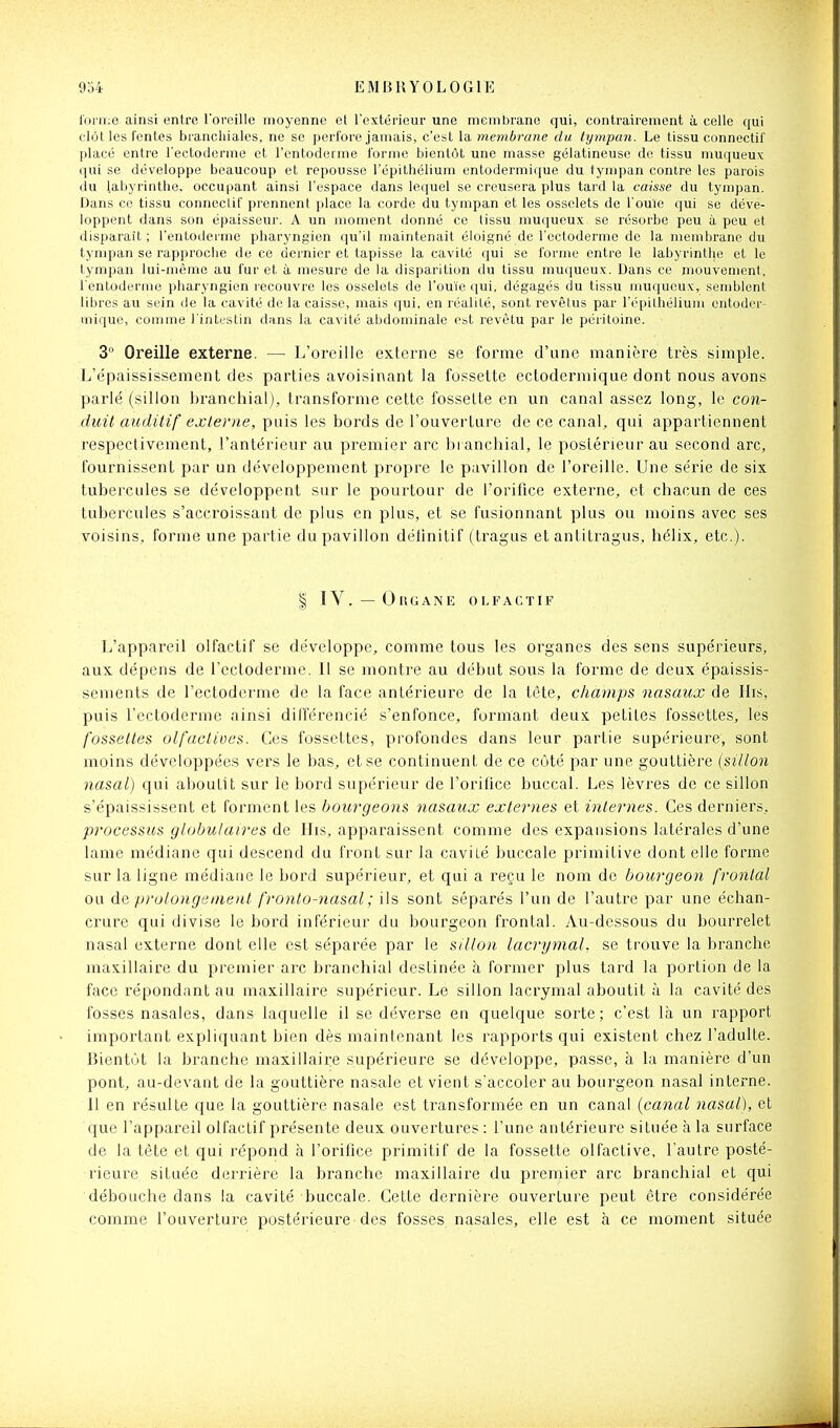 l'orme ainsi entre roroille moyenne et l'extérieur une membrane qui, contrairement à celle qui clôt les l'entes branchiales, ne se perfore jamais, c'est la membrane du tympan. Le tissu connectif placé entre l'ectoderme et l'entoderme l'orme bientôt une masse gélatineuse do tissu muqueux qui se développe beaucoup et repousse l'épithélium entodermique du tynqjan contre les parois du labyrinthe, occupant ainsi l'espace dans lequel se creusera plus tard la caisse du tympan. Dans ce tissu conncclit prennent place la corde du tympan et les osselets de l'ouïe qui se déve- loppent dans son épaisseur. A un moment donné ce tissu muqueux se résorbe peu à peu et disparaît ; l'entoderme pharyngien qu'il maintenait éloigné de l'ectoderme de la membrane du tympan se rapproche de ce dernier et tapisse la cavité qui se forme entre le labyrinthe et le tympan lui-même au fur et à mesure de la disparition du tissu muqueux. Dans ce jriouvenienl, l'entoderme pharyngien recouvre les osselets de l'ou'ie qui, dégagés du tissu muqueux, semblent libres au sein de la cavité do la caisse, mais qui, en réalité, sont revêtus par l'épithélium entoder- mique, comme l'intoslin d;ins la cavité abdominale cat revêtu par le péritoine. 3° Oreille externe. — L'oreille externe se forme d'une manière très simple. L'épaississement des parties avoisinant la fossette ectodermique dont nous avons parlé (sillon branchial), transforme cette fossette en un canal assez long, le con- duit auditif externe, puis les bords de l'ouverture de ce canal, qui appartiennent respectivement, l'antérieur au premier arc branchial, le postérieur au second arc, fournissent par un développement propre le pavillon de l'oreille. Une série de six tubercules se développent sur le pourtour de l'orilice externe, et chacun de ces tubercules s'accroissant de plus en plus, et se fusionnant plus ou moins avec ses voisins, forme une partie du pavillon délinitif (tragus et anlitragus, hélix, etc.). I IV.— UllGANE OLFACTIF L'appareil olfactif se développe, comme tous les organes des sens supérieurs, aux dépens de rcctoderme. 11 se montre au début sous la forme de deux épaissis- sements de l'ectoderme de la face antérieure de la tète, champs nasaux de His, puis l'ectoderme ainsi différencié s'enfonce, formant deux petites fossettes, les fossettes olfaclioes. Ces fossettes, profondes dans leur partie supérieure, sont moins développées vers le bas, et se continuent de ce côté par une gouttière (sillon nasal) qui aboutit sur le bord supérieur de l'orilice buccal. Les lèvres de ce sillon s'épaississent et forment les bourgeons nasaux externes et internes. Ces derniers, processus globulaires de His, apparaissent comme des expansions latérales d'une lame médiane qui descend du front sur la cavité buccale primitive dont elle forme sur la ligne médiane le bord supérieur, et qui a reçu le nom de bourgeon frontal ou de prolongement fronto-nasal; ils sont séparés l'un de l'autre par une échan- crure qui divise le bord inférieur du bourgeon frontal. Au-dessous du bourrelet nasal externe dont elle est séparée par le sillon lacrymal, se trouve la branche maxillaire du premier arc branchial destinée à former plus tard la portion de la face répondant au maxillaire supérieur. Le sillon lacrymal abotitit à la cavité des fosses nasales, dans laquelle il se déverse en quelque sorte; c'est là un rapport important expliquant bien dès maintenant les rapports qui existent chez l'adulte. Bientôt la branche maxillaire supérieure se développe, passe, à la manière d'un pont, au-devant de la gouttière nasale et vient s'accoler au bourgeon nasal interne. 11 en résulte que la gouttière nasale est transformée en un canal {canal nasal), et que l'appareil olfactif présente deux ouvertures : l'une antérieure située à la surface de la tête et qui répond à l'orilice primitif de la fossette olfactive, l'autre posté- fieure située derrière la branche maxillaire du premier arc branchial et qui débouche dans la cavité buccale. Cette dernière ouverture peut être considérée comme l'ouverture postéiieure des fosses nasales, elle est à ce moment située