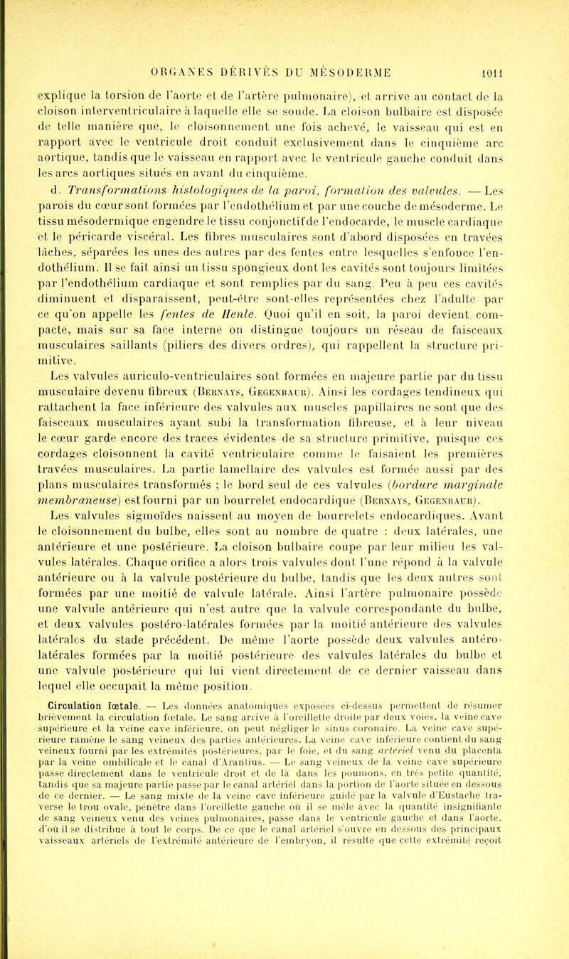 explique la torsion de l'aorte et de l'artère pulmonaire), et arrive au contact de la cloison interventriculaire cà laquelle elle se soude. La cloison bulbaire est disposée de telle manière que, le cloisonnement une fois achevé, le vaisseau qui est en rapport avec le ventricule droit conduit exclusivement dans le cinquième arc aortique, tandis que le vaisseau en rapport avec le ventricule gauche conduit dans les arcs aortiques situés en avant du cinquième. d. Transformations hislologiques de la paroi, formation des valvules. —Les parois du cœur sont formées par l'endothélium et par une couche de mésoderme. Le tissu mésodermique engendre le tissu conjonctifde l'endocarde, le muscle cardiaque et le péricarde viscéral. Les fibres musculaires sont d'abord disposées en travées lâches, séparées les unes des autres par des fentes entre lesquelles s'enfonce l'en- dothélium. Il se fait ainsi un tissu spongieux dont les cavités sont toujours limitées par l'endothélium cardiaque et sont remplies par du sang. Peu à peu ces cavités diminuent et disparaissent, peut-être sont-elles représentées chez l'adulte par ce qu'on appelle les fentes de Henle. Quoi qu'il en soit, la paroi devient com- pacte, mais sur sa face interne on distingue toujours un réseau de faisceaux musculaires saillants (piliers des divers ordres), qui rappellent la structure pri- mitive. Les valvules auriculo-ventriculaires sont formées en majeure partie par du tissu musculaire devenu libreux (Bernays, Gegenb.\ur). Ainsi les cordages tendineux qui rattachent la face inféi ieure des valvules aux muscles papillaires ne sont que des faisceaux musculaires aj^ant subi la transformation fibreuse, et à leur niveau le cœur garde encore des traces évidentes de sa structure primitive, puisque ces cordages cloisonnent la cavité ventriculaire comme le faisaient les premières travées musculaires. La partie lamellaire des valvules est formée aussi par des plans musculaires transformés ; le bord seul de ces valvules {bordure marginale membraneuse) est fourni par un bourrelet endocardique (Bernays, Gegexbaur). Les valvules sigmoïdes naissent au moyen de bourrelets endocardiques. .Vvant le cloisonnement du bulbe, elles sont au nombre de quatre : deux latérales, une antérieure et une postérieure. La cloison bulbaire coupe par leur milieu les val- vules latérales. Chaque orifice a alors trois valvules dont l'une répond à la valvule antérieure ou à la valvule postérieure du bulbe, tandis que les deux autres sont formées par une moitié de valvule latérale. Ainsi l'artère jDulmonaire possède une valvule antérieure qui n'est autre que la valvule correspondante du bulbe, et deux valvules postéro-latér'ales formées par la moitié antérieure des valvules latérales du stade précédent. De même l'aorte possède deux valvules antéro- latérales formées par la moitié postérieure des valvules latérales du bulbe et une valvule postérieure qui lui vient directement de ce dernier vaisseau dans lequel elle occupait la même position. Circulation fœtale. — Les données anatomiques exposées ci-dessus permettent de résumer brièvement la circulation iVelale. Le sang arrive à l'oreillette droite par deux voies, la veine cave supérieure et la veine cave intérieure, on peut négliger le sinus coronaire. La veine cave supé- rieure ramène le sang veineux des parties antérieures. La veine cave inféi-ieure contient du sang veineux i'ourni par les extrémités postérieures, par le foie, et du sang artériel venu du placenta par la veine ombilicale et le canal d'.\ranlius. — Le sang veineux de la veine cave supérieure passe directement dans le ventricule droit et do là dans les poumons, en très petite quantité, tandis que sa majeure partie passe par le canal artériel dans la portion de l'aorte située en dessous de ce dernier. — Le sang mixte de la veine cave inférieure guidé par la valvule d'Eustache tra- verse le trou ovale, pénètre dans l'oreillette gauche oii il se mêle avec la quantité insignifiante do sang veineux venu des veines pulmonaires, passe dans le ventricule gauche et dans l'aorte, d'oii il se distribue à tout le corps. De ce que le canal artériel s'ouvre en dessous des principaux vaisseaux artériels de l'extrémité antérieure de l'embryon, il résulte que cette extrémité reçoit