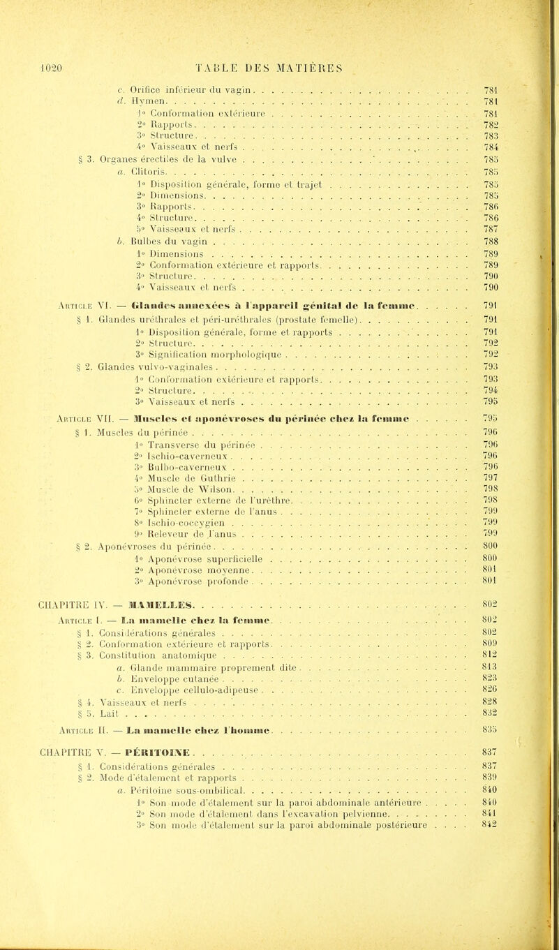 c. Orifico inférieur du vagin 781 d. Hymen 781 1» Conformation cxtéileure 781 2» Rapports 782 3» Structure 783 4° Vaisseaux et nerfs . , 784 § 3. Organes érectiles de la vulve 78a a. Clitoris 785 1° Disposition générale, forme et trajet 783 2° Dimensions . 78b 3° Rapports 786 4» Structure 786 5° Vaisseau.K et nerfs 787 b. Bulbes du vagin 788 1 Dimensions 789 2 Conformation extérieure et rapports 789 3» Structure 790 4 Vaisseaux et nerfs 790 Annci.E VI. — Cilandcs annexées à l'appareil génital de la femnie 791 § 1. Glandes uréthrales et péri-uréthrales (prostate femelle) 791 1 Disposition générale, forme et rapports ' 791 2° Structure 792 3° Signification morphologique 792 § 2. Glandes vulvo-vaginales 793 1 Conformation extérieure et rapports 793 2» Structure 794 3» Vaisseaux et nerfs 795 Article VII. — Muscles et aponévroses dn périnée chez la femme 795 § ). Muscles du périnée 79G 1 Transverse du périnée 790 2» Iscliio-caverneux 796 > Bulbo-caverneux 796 k Muscle de Guthrie 797 3» Muscle de VV'ilson 798 6 Spliincler externe de l'urèthre 798 7 Spliincter externe de l'anus 799 8° Ischio-coccygien ' . . . . 799 9 Releveur de l'anus 799 § 2. Aponévroses du périnée .■ 800 1° Aponévrose superficielle 800 t Aponévrose moyenne 801 3 Aponévrose profonde 801 CHAPITRE IV. — M.V.IIELLES 802 Article I. — La mnmellc ehe/, la femme 802 § 1. ConsiiJératioas générales 802 g 2. Conformation extéi-ieure et rapports 809 g 3. Constitution anatomique 812 a. Glande mammaire proprement dite 813 b. Enveloppe cutanée 823 c. Enveloppe cellulo-adipeuse 826 § 4. Vaisseaux et nerfs . . . . ' 828 g S. Lait 832 Article IL —La mamelle cliez l'Iioiaime 835 CHAPITRE V. — PÉRlTOL\E 837 § 1. Considérations générales 837 g 2. Mode d'étalement et rapports 839 a. Péritoine sous-ombilical 840 1° Son mode d'étalement sur la paroi abdominale antérieure 840 2» Son mode d'étalement dans l'excavation pelvienne 841 3° Son mode d'étalement sur la paroi abdominale postérieure .... 842