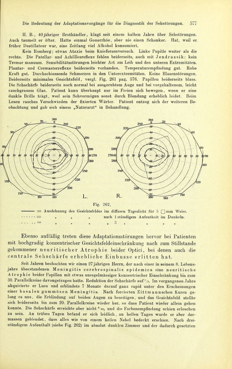 H. B., 40jähriger Brothändler, klagt seit einem halben Jahre über Sehstörungen. Auch taumelt er öfter. Hatte einmal Gonorrhöe, aber nie einen Schanker. Hat, weil er. früher Destillateur war, eine Zeitlang viel Alkohol konsumiert. Kein Romberg; etwas Ataxie beim Rniefersenversuch. Linke Pupille weiter als die rechte. Die Patellar- und Achilllesreflexe fehlen beiderseits, auch mit Jendrassik; kein Tremor manuum. Sensibilitätsstörungen leichter Art am Leib und den unteren Extremitäten. Plantar- und Cremasterreflexe beiderseits vorhanden. Temperaturempfindung gut. Rohe Kraft gut. Durchschiessende Schmerzen in den Unterextremitäten. Keine Blasenstörungen. Beiderseits minimales Gesichtsfeld, vergl. Fig. 261 pag. 576. Papillen beiderseits blass. Die Sehschärfe beiderseits noch normal bei ausgeruhtem Auge und bei vorgehaltenem, leicht rauchgrauem Glas. Patient kann überhaupt nur im Freien sich bewegen, wenn er eine dunkle Brille trägt, weil sein Sehvermögen sonst durch Blendung erheblich leidet. Beim Lesen rasches Verschwinden der fixierten Wörter. Patient entzog sich der weiteren Be- obachtung und gab sich einem „Naturarzt in Behandlung. o n r n ji^n i, n Ebenso auffällig treten diese Adaptationsstörungen hervor bei Patienten mit hochgradig konzentrischer Gesichtsfeldeinschränkung nach zum Stillstande gekommener neu ritischer Atrophie beider Optici, bei denen auch die centrale Sehschärfe erhebliche Einbusse erlitten hat. Seit Jahren beobachten wir einen 27 jährigen Herrn, der nach einer in seinem 8. Lebens- jahre überstandenen Meningitis cerebrospinalis epidemica eine neuritische Atrophie beider Papillen mit etwas unregelmässiger konzentrischer Einschränkung bis zum 30. Parallelkreise davongetragen hatte. Reduktion der Sehschärfe auf Va. Im vergangenen Jahre akquirierte er Lues und erblindete 7 Monate darauf ganz rapid unter den Erscheinungen einer basalen gummösen Meningitis. Nach forcierten Zittm annschen Kuren ge- lang es uns, die Erblindung auf beiden Augen zu beseitigen, und das Gesichtsfeld stellte sich beiderseits bis zum 20. Parallelkreise wieder her, so dass Patient wieder allein gehen konnte. Die Sehschärfe erreichte aber nicht  eo, und die Farbenempfindung schien erloschen zu sein. An trüben Tagen befand er sich leidlich, an hellen Tagen wurde er aber der- massen geblendet, dass alles wie von einem hellen Nebel bedeckt erschien. Nach drei- stündigem Aufenthalt (siehe Fig. 262) im absolut dunklen Zimmer und der dadurch gesetzten