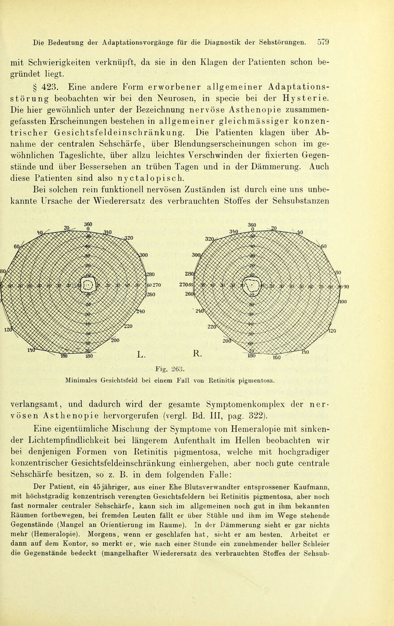 mit Schwierigkeiten verknüpft, da sie in den Klagen der Patienten schon be- gründet liegt. § 423. Eine andere Form erworbener allgemeiner Adaptations- störung beobachten wir bei den Neurosen, in specie bei der Hysterie. Die hier gewöhnlich unter der Bezeichnung nervöse Asthenopie zusammen- gefassten Erscheinungen bestehen in allgemeiner gleichmässiger konzen- trischer Gesichtsfeldeinschränkung. Die Patienten klagen über Ab- nahme der centralen Sehschärfe, über Blendungserscheinungen schon im ge- wöhnlichen Tageslichte, über allzu leichtes Verschwinden der fixierten Gegen- stände und über Bessersehen an trüben Tagen und in der Dämmerung. Auch diese Patienten sind also nyctalopisch. Bei solchen rein funktionell nervösen Zuständen ist durch eine uns unbe- kannte Ursache der Wiederersatz des verbrauchten Stoffes der Sehsubstanzen Minimales Gesichtsfeld bei einem Fall von Retinitis pigmentosa. verlangsamt, und dadurch wird der gesamte Symptomenkomplex der ner- vösen Asthenopie hervorgerufen (vergl. Bd. III, pag. 322). Eine eigentümhche Mischung der Symptome von Hemeralopie mit sinken- der Lichtempfindlichkeit bei längerem Aufenthalt im Hellen beobachten wir bei denjenigen Formen von Retinitis pigmentosa, welche mit hochgradiger konzentrischer Gesichtsfeldeinschränkung einhergehen, aber noch gute centrale Sehschärfe besitzen, so z. B. in dem folgenden Falle: Der Patient, ein 45 jähriger, aus einer Ehe Blutsverwandter entsprossener Kaufmann, mit höchstgradig konzentrisch verengten Gesichtsfeldern bei Retinitis pigmentosa, aber noch fast normaler centraler Sehschärfe, kann sich im allgemeinen noch gut in ihm bekannten Räumen fortbewegen, bei fremden Leuten fällt er über Stühle und ihm im Wege stehende Gegenstände (Mangel an Orientierung im Räume). In der Dämmerung sieht er gar nichts mehr (Hemeralopie). Morgens, wenn er geschlafen hat, sieht er am besten. Arbeitet er dann auf dem Eontor, so merkt er, wie nach einer Stunde ein zunehmender heller Schleier die Gegenstände bedeckt (mangelhafter Wiederersatz des verbrauchten Stoffes der Sehsub-