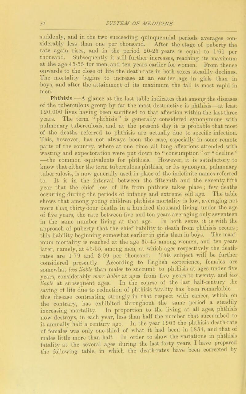 suddenly, and in the two succeeding quinquennial periods averages con- siderably less than one per thousand. After the stage of puberty the rate again rises, and in the period 20-25 years is equal to 1 -G1 per thousand. Subsequently it still further increases, reaching its maximum at the age 45-55 for men, and ten years earlier for women. From thence onwards to the close of life the death-rate in both sexes steadily declines. The mortality begins to increase at an earlier age in girls than in boys, and after the attainment of its maximum the fall is most rapid in men. Phthisis.—A glance at the last table indicates that among the diseases of the tuberculous group by far the most destructive is phthisis—at least 120,000 lives having been sacrificed to that affection within the last three years. The term “ phthisis ” is generally considered synonymous with pulmonary tuberculosis, and at the present day it is probable that most of the deaths referred to phthisis are actually due to specific infection. This, however, has not always been the case, especially in some remote parts of the country, where at one time all lung affections attended with wasting and expectoration were put down to “ consumption ” or “ decline ” —the common equivalents for phthisis. However, it is satisfactory to know that either the term tuberculous phthisis, or its synonym, pulmonary tuberculosis, is now generally used in place of the indefinite names referred to. It is in the interval between the fifteenth and the seventy-fifth year that the chief loss of life from phthisis takes place; few deaths occurring during the periods of infancy and extreme old age. The table shows that among young children phthisis mortality is low, averaging not more thaq thirty-four deaths in a hundred thousand living under the age of five years, the rate between five and ten years averaging only seventeen in the same number living at that age. In both sexes it is with the approach of puberty that the chief liability to death from phthisis occurs; this liability beginning somewhat earlier in girls than in boys. The maxi- mum mortality is reached at the age 35-45 among women, and ten years later, namely, at 45-55, among men, at which ages respectively the death- rates are 1*79 and 3'09 per thousand. This subject will be further considered presently. According to English experience, females are somewhat less liable than males to succumb to phthisis at ages under five years, considerably more liable at ages from five years to twenty, and less liable at subsequent ages. In the course of the last half-century the saving of life due to reduction of phthisis fatality has been remarkable this disease contrasting strongly in that respect with cancer, which, on the contrary, has exhibited throughout the same period a steadily increasing mortality. In proportion to the living at all ages, phthisis now destroys, in each year, less than half the number that succumbed to it annually half a century ago. In the year 1903 the phthisis death-rate of females was only one-third of what it had been in 1854, and that of males little more than half. In order to show the variations in phthisis fatality at the several ages during the last forty years, I have prepared the following table, in which the death-rates have been concctcd by