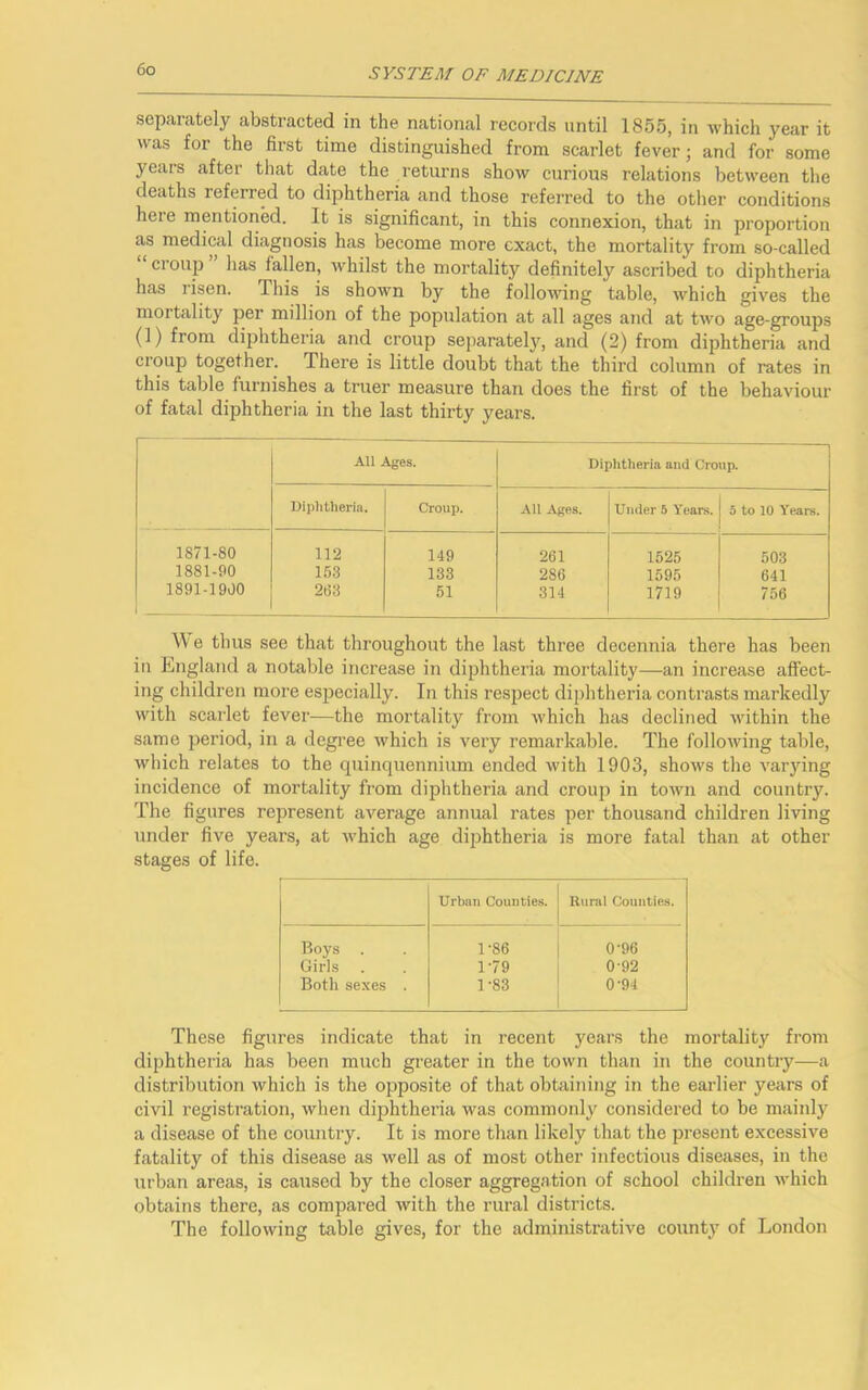 separately abstracted in the national records until 1855, in which year it was for the first time distinguished from scarlet fever; and for some years after that date the returns show curious relations between the deaths referred to diphtheria and those referred to the other conditions here mentioned. It is significant, in this connexion, that in proportion as medical diagnosis has become more exact, the mortality from so-called “ croup has lallen, whilst the mortality definitely ascribed to diphtheria has risen. This is shown by the following table, which gives the mortality per million of the population at all ages and at two age-groups (1) from diphtheria and croup separately, and (2) from diphtheria and croup together. There is little doubt that the third column of rates in this table furnishes a truer measure than does the first of the behaviour of fatal diphtheria in the last thirty years. All Ages. Diphtheria and Croup. Diphtheria. Croup. All Ages. Under 5 Years. 5 to 10 Years. 1871-80 112 149 261 1525 503 1881-90 153 133 286 1595 641 1891-1900 263 51 314 1719 756 W' e thus see that throughout the last three decennia there has been in England a notable increase in diphtheria mortality—an increase affect- ing children more especially. In this respect diphtheria contrasts markedly with scarlet fever—the mortality from which has declined within the same period, in a degree which is very remarkable. The following table, which relates to the quinquennium ended with 1903, shows the varying incidence of mortality from diphtheria and croup in town and country. The figures represent average annual rates per thousand children living under five years, at which age diphtheria is more fatal than at other stages of life. Urban Counties. Rural Counties. Boys 1-86 0-96 Girls 1-79 0 92 Both sexes . 1-83 0-94 These figures indicate that in recent years the mortality from diphtheria has been much greater in the town than in the country—a distribution which is the opposite of that obtaining in the earlier years of civil registration, when diphtheria was commonly considered to be mainly a disease of the country. It is more than likely that the present excessive fatality of this disease as well as of most other infectious diseases, in the urban areas, is caused by the closer aggregation of school children which obtains there, as compared with the rural districts. The following table gives, for the administrative county of London