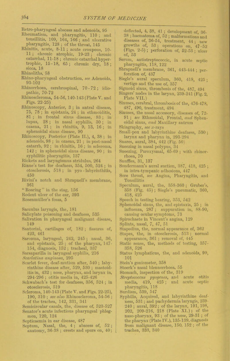 Retro-pharyngeal abscess and adenoids, 95 Rheumatism, and pharyngitis, 110 ; and tonsillitis, 109, 164, 166 ; and ulcerative pharyngitis, 128 ; of the throat, 145 Rhinitis, acute, 8-11 ; acute croupous, 10- 11; chronic atrophic, 19-23; chronic catarrhal, 11-18; chronic catarrhal hyper- trophic, 15-18, 65; chronic dry, 18; sicca, 18 Rhiuoliths, 58 Rhino-pharvngeal obstruction, see Adenoids, 93-102 Rhinorrhoea, cerebrospinal, 70-72; idio- pathic, 70-72 Rhinoscleroma, 54-56,140-143 (Plate V. and Figs. 22-25) Rhinoscopy, Anterior, 3 ; in antral disease, 75, 78 ; in epistaxis, 24 ; in ethmoiditis, 81 ; in frontal sinus disease, 83 ; in lupus, 28 ; in nasal syphilis, 30; in ozaena, 21 ; in rhinitis, 9, 13, 16 ; in sphenoidal sinus disease, 90 Rhinoscopy, Posterior (Plate II.), 4, 38 ; in adenoids, 98 ; in ozaena, 21 ; in post-nasal catarrh, 92 ; in rhinitis, 16 ; in scleroma, 142 ; in sphenoidal sinus disease, 90 ; in syphilitic pharyngitis, 137 Rickets and laryngismus stridulus, 264 Rinne’s test for deafness, 354, 500, 524 ; in otosclerosis, 518; in pyo - labyrinthitis, 450 ltivini’s notch and Shrapuell’s membrane, 361 “ Roaring ” in the stag, 156 Rodent ulcer of the ear, 393 Rosenmiiller’s fossa, 5 Sacculus laryngis, the, 181 Salicylate poisoning and deafness, 535 Salivation in pharyngeal malignant disease, 149 Santorini, cartilages of, 182; fissures of, 423, 461 Sarcoma, laryngeal, 242, 245 ; nasal, 36, and epistaxis, 25 ; of the pharynx, 147- 154, diagnosis, 152 ; tracheal, 337 Sarsaparilla in laryngeal syphilis, 216 Scarlatina anginosa, 295 Scarlet fever, deaf-mutism after, 540 ; laby- rinthine disease after, 529, 530 ; mastoid- itis in, 432 ; nose, pharynx, and larynx in, 294-296 ; otitis media in, 425-426 Schwabacb’s test for deafness, 356, 524 ; in otosclerosis, 519 Scleroma, 140-143 (Plate V. and Figs. 22-25), 190, 310 ; see also Rhinoscleroma, 54-56 ; of the trachea, 142, 331, 341 Semicircular canals, the, disease of, 523-527 Senator’s acute infectious pharyngeal phleg- mon, 120, 124 Septicaemia in ear disease, 487 Septum, Nasal, the, 4; abscess of, 52; anatomy, 36-38 ; crests and spurs on, 40; deflected, 4, 38, 41 ; development of, 36- 38 ; haematoma of, 52 ; malformations and diseases of, 36-54, treatment, 44 ; new growths of, 53; operations on, 47-52 (Figs. 2-5) ; perforation of, 52-53 ; ulcer of, 53 Serum, antistreptococcic, in acute septic pharyngitis, 118, 122 Shrapnell’s membrane, 361, 443-444 ; per- foration of, 437 Siegle’s aural speculum, 360, 418, 425 ; vertigo and the use of, 357 Sigmoid sinus, thrombosis of the, 487, 494 Singers’ nodes in the larynx, 239-241 (Fig. 2, Plate VII.) Sinuses, cerebral, thrombosis of the, 476-478, 487, 490, treatment, 494 Sinuses, the nasal accessory, diseases of, 72- 91 ; see Ethmoidal, Frontal, and Sphen- oidal sinus, and Maxillary antrum Skiagraphy, see x-rays Small-pox and labyrinthine deafness, 530 ; larynx and pharynx in, 293-294 Snares, aural, 384, 442 (Fig. 50) Sneezing in nasal polypus, 34 Sneezing, Paroxysmal, 65-69 ; with rhinor- rhoea, 70 Snuffles, 31, 137 Sondermann’s aural suction, 387, 418, 425 ; in intra-tympanic adhesions, 447 Sore throat, see Angina, Pharyngitis, and Tonsillitis Speculum, aural, the, 358-360; Gruber’s, 358 (Fig. 45) ; Siegle’s pneumatic, 360, 418, 425 Speech in testing bearing, 353, 542 Sphenoidal sinus, the, and epistaxis, 25 ; in influenza, 287 ; suppuration in, 88-90, causing ocular symptoms, 73 Spiroeliaete in Vincent’s angina, 129 Splints, nasal, 7, 47, 51 Stapedius, the, normal appearance of, 362 Stapes, the, in otosclerosis, 513; normal appearance, 361 ; removal of, 145 Static sense, the, methods of testing, 357- 358, 526 Status lyraphaticus, the, and adenoids, 99, 101 Stein’s goniometer, 358 Stoerk’s nasal blennorrlioea, 55 Stomach, inspection of the, 319 Streptococcus pyogenes, and acute otitis media, 419, 425 ; and acute septic pharyngitis, 118 Surdism, 539, 547 Syphilis, Acquired, and labyrinthine deaf- ness, 531 : and pachydermia laryngis, 239- 240 ; aural, 392; of the larynx, 191, 198, 202, 209-216, 218 (Plate XI.); of the naso-pliarynx, 93 ; of the nose, 29-31 ; of the pharynx (Plate IV.), 135-139. diagnosis from malignant disease, 150. 152 ; of the trachea, 333, 340