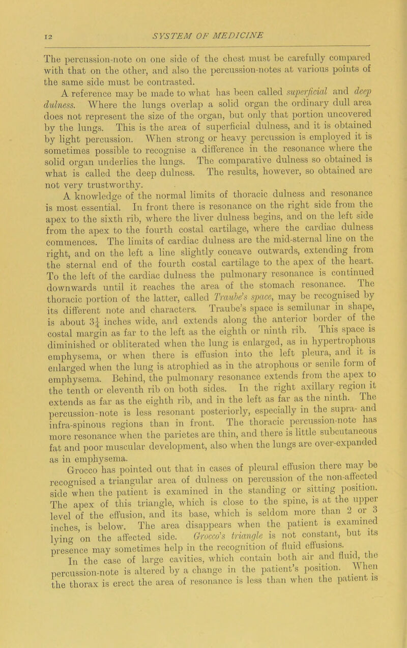The percussion-uotc on one side of the chest must Vje carefully compared with that on the other, and also the percussion-notes at various points of the same side must bo contrasted. A reference may be made to what has been called superficial and deep dulness. Where the lungs overlap a solid organ the ordinary dull area does not represent the size of the organ, but only that portion uncovered by tlie lungs. This is the area of superficial dulness, and it is obtained by light percussion. When strong or heavy percussion is employed it is sometimes possible to recognise a difference in the resonance where the solid organ underlies the lungs. The comparative dulness so obtained is what is called the deep dulness. The results, however, so obtained are not very trustworthy. A knowledge of the normal limits of thoracic dulness and resonance is most essential. In front there is resonance on the right side from the apex to the sixth rilj, where the liver dulness begins, and on the left side from the apex to the fourth costal cartilage, where the cardiac dulness commences. The limits of cardiac dulness are the mid-sternal line on the right, and on the left a line slightly concave outwards, extending from the sternal end of the fourth costal cartilage to the apex of the heart. To the left of the cardiac dulness the pulmonary resonance is continued downwards until it reaches the area of the stomach resonance. The thoracic portion of the latter, called 2’rauhe’s space, may be recognised by its different note and characters. Traube’s space is semilunar in sha]^, is about 31 inches wide, and extends along the anterior border of the costal margin as far to the left as the eighth or ninth rib. This space is diminished or obliterated when the lung is enlarged, as in hypertrophous emphysema, or when there is effusion into the left pleura, and it is enlarged when the lung is atrophied as in the atrophous or senile form of emphysema. Behind, the pulmonary resonance extends from the apex to the tenth or eleventh rib on both sides. In the right axillary region it extends as far as the eighth rib, and in the left as far as the ninth, ihe percussion-note is less resonant posteriorly, especially in the supra- and infra-spinous regions than in front. The thoracic percussion-note has more resonance when the parietes are thin, and there is little subcutaneous fat and poor muscular development, also when the lungs are over-expande as in emphysema. . ^ Grocco has pointed out that in cases of pleural effusion there may bo recoo'tiised a triangular area of dulness on percussion of the non-affected side'when the patient is examined in the standing or sitting po.sition.^ The apex of this triangle, which is close to the spine, is at the upper level of the effusion, and its base, which is seldom more than 2 or 3 inches, is below. The area disappears when the patient is examined lying on the affected side. Grocco’s triangle is not constmit, but its presence may sometimes help in the recognition of fluid effusions. In the case of large cavities, which contain both air and Hiiid, tne percussion-note is altered by a change in the patient’s position. W Hen the thorax is erect the area of resonance is less than when the patient is
