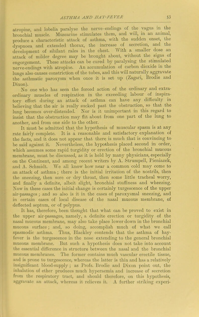 atropine, uml lobelia paralyse the nerve-endings ol the vagus in the bronchial lunscle. Muscarine stimulates them, and will, in an animal, produce a characteristic attack of asthma, with the sudden onset, the dyspnoea and extended thorax, the increase of secretion, and the development of sibilant rales in the chest. With a smaller dose an attack of milder degree may be brought about, without the signs of engorgement. These attacks can be cured by paralysing the stimulated nerve-endings with atropine. An accumulation of carbon dioxide in the lungs also causes constriction of the tubes, and this will naturally aggravate the asthmatic paroxysm when once it is set up (Zagari, Brodie and Dixon). Xo one who has seen the forced action of the ordinary and extra- ordinary muscles of respiration in the exceeding labour of inspira- tory effort during an attack of asthma can have any difficulty in believing that the air is really sucked past the obstruction, so that the lung becomes over-distended. Nor is it unimportant in this regard to insist that the obstruction may flit about from one part of the lung to another, and from one side to the other. It must be admitted that the hypothesis of muscular spasm is at any rate fairly complete. It is a reasonable and satisfactory explanation of the facts, and it does not appear that there is much that is convincing to be said against it. Nevertheless, the hypothesis placed second in order, which assumes some rapid turgidity or erection of the bronchial mucous membrane, must be discussed, as it is held by many physicians, especially on the Continent, and among recent writers by A. Strumpell, Pieniazek, and A. Schmidt. We all know how near a common cold may come to an attack of asthma; there is the initial irritation of the nostrils, then the sneezing, then sore or dry throat, then some little tracheal worry, and finally a definite, albeit slight, bronchial stuffiness and wheezing. Now in these cases the initial change is certainly turgescence of the upper air-passages ; and so also is it in the cases of paroxysmal sneezing, and in certain cases of local disease of the nasal mucous membrane, of deflected septum, or of polypus. It has, therefore, been thought that what can be jrroved to exist in the upper air-passages, namely, a definite erection or turgidity of the nasal mucous membrane, may also take place lower down in the bronchial mucous surface; and, so doing, accomplish much of what we call sf«i.smodic asthma. Thus, Blackley contends that the asthma of hay- fever is the turgescence in the nose extending to the general bronchial mucous membrane. But such a hypothesis does not take into account the e.ssential difference in structure between the nasal and the bronchial mucous membranes. The former contains much vascular erectile tissue, and is prone to turgescence, whereas the latter is thin and has a relative!}^ insignificant blood-supply ; as I’rofs. Brodie and Dixon point out, tlie inhalation of ether produces much hypcracniia and increase of secretion from the respiratory tract, and should thei’eforc, on this hypothesis, aggravate an attack, whereas it relieves it. A further striking cx{)cri-