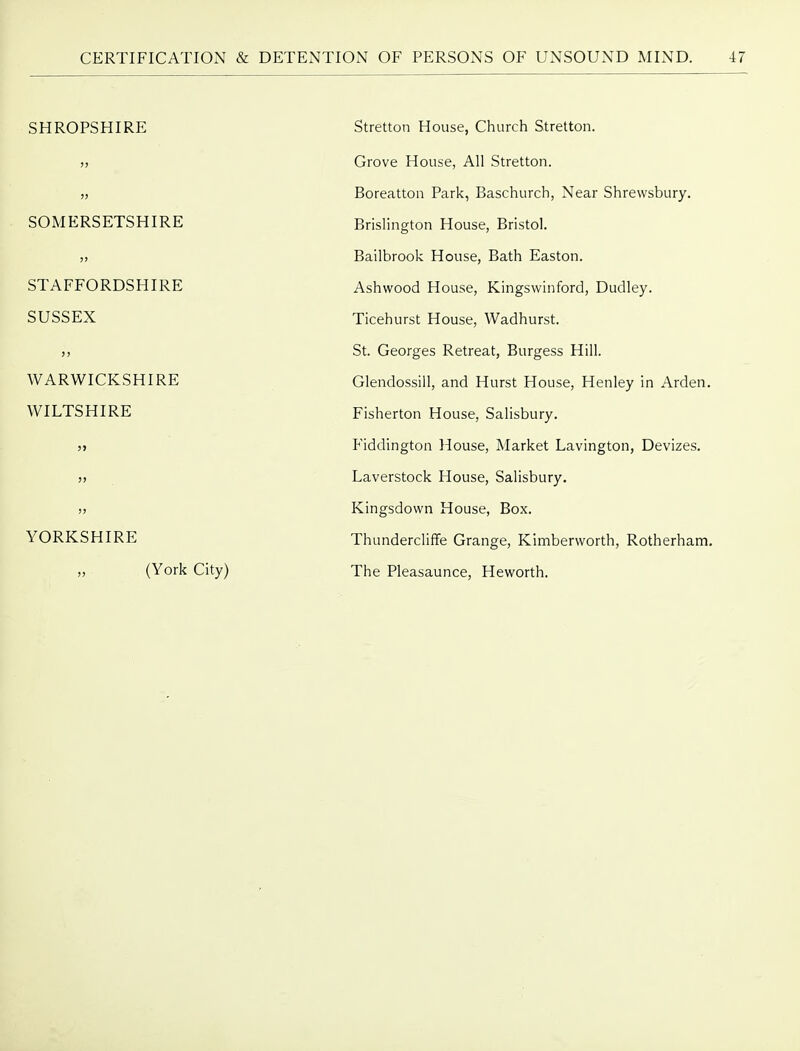 SHROPSHIRE )> SOMERSETSHIRE )> STAFFORDSHIRE SUSSEX )) WARWICKSHIRE WILTSHIRE 5> J> !J YORKSHIRE (York City) Stretton House, Church Stretton. Grove House, All Stretton. Boreatton Park, Baschurch, Near Shrewsbury. Brislington House, Bristol. Bailbrook House, Bath Easton. Ashwood House, Kingsvvinford, Dudley. Ticehurst House, Wadhurst. St. Georges Retreat, Burgess Hill. Glendossill, and Hurst House, Henley in Arden. Fisherton House, Salisbury. Fiddington House, Market Lavington, Devizes. Laverstock House, Salisbury. Kingsdown House, Box. Thundercliffe Grange, Kimberworth, Rotherham. The Pleasaunce, Heworth.