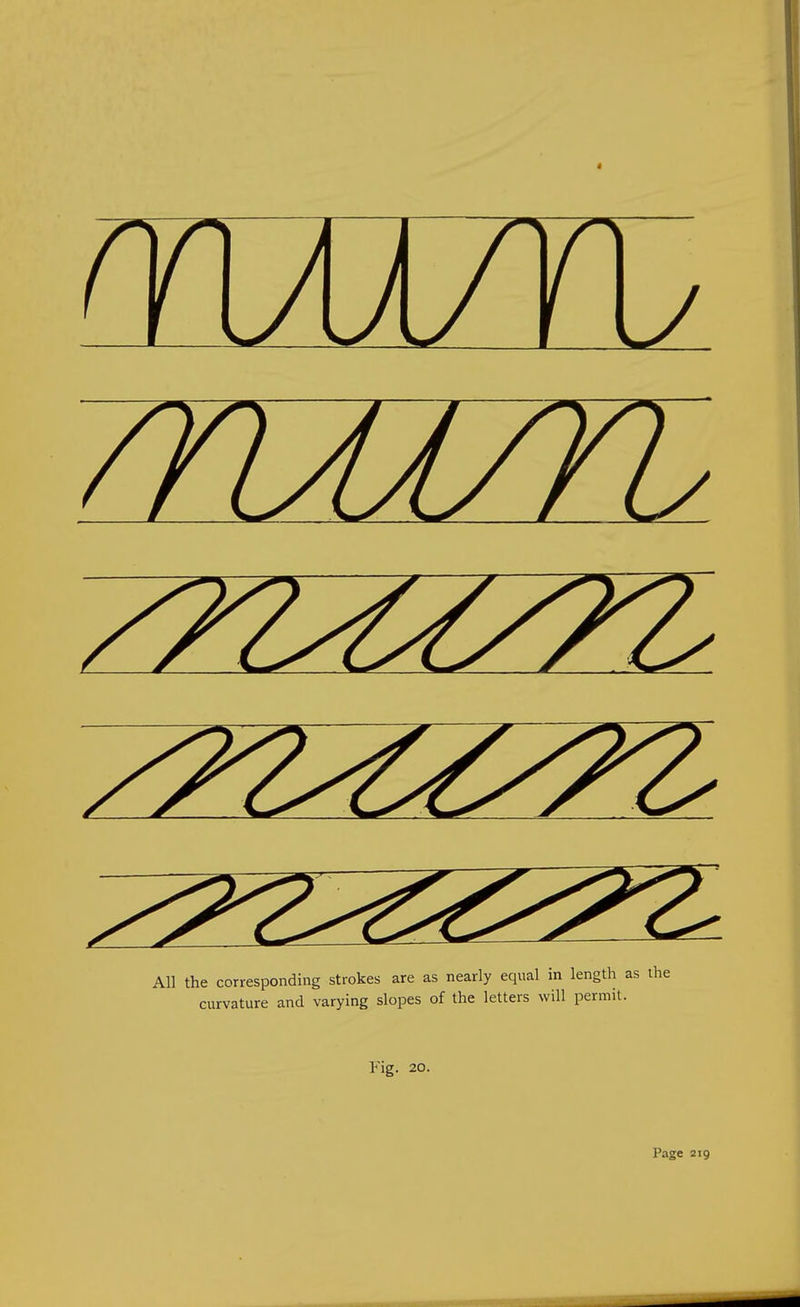 All the corresponding strokes are as nearly equal in length : curvature and varying slopes of the letters will permit. Fig. 20.