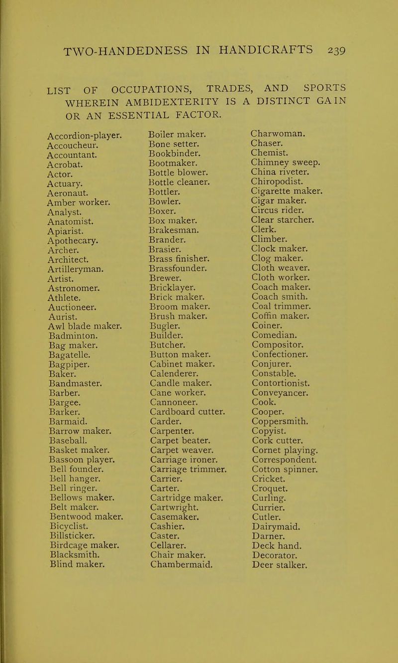 LIST OF OCCUPATIONS, TRADES, AND SPORTS WHEREIN AMBIDEXTERITY IS A DISTINCT GAIN OR AN ESSENTIAL FACTOR. Accordion-player. Accoucheur. Accountant. Acrobat. Actor. Actuary. Aeronaut. Amber worker. Analyst. Anatomist. Apiarist. Apothecary. Archer. Architect. Artilleryman. Artist. Astronomer. Athlete. Auctioneer. Aurist. Awl blade maker. Badminton. Bag maker. Bagatelle. Bagpiper. Baker. Bandmaster. Barber. Bargee. Barker. Barmaid. Barrow maker. Baseball. Basket maker. Bassoon player. Bell founder. Bell hanger. Bell ringer. Bellows maker. Belt maker. Bentwood maker. Bicyclist. Billsticker. Birdcage maker. Blacksmith. Blind maker. Boiler maker. Bone setter. Bookbinder. Bootmaker. Bottle blower. Bottle cleaner. Bottler. Bowler. Boxer. Box maker. Brakesman. Brander. Brasier. Brass finisher. Brassfounder. Brewer. Bricklayer. Brick maker. Broom maker. Brush maker. Bugler. Builder. Butcher. Button maker. Cabinet maker. Calenderer. Candle maker. Cane worker. Cannoneer. Cardboard cutter. Carder. Carpenter. Carpet beater. Carpet weaver. Carriage ironer. Carriage trimmer. Carrier. Carter. Cartridge maker. Cartwright. Casemaker. Cashier. Caster. Cellarer. Chair maker. Chambermaid. Charwoman. Chaser. Chemist. Chimney sweep. China riveter. Chiropodist. Cigarette maker. Cigar maker. Circus rider. Clear starcher. Clerk. Climber. Clock maker. Clog maker. Cloth weaver. Cloth worker. Coach maker. Coach smith. Coal trimmer. Coffin maker. Coiner. Comedian. Compositor. Confectioner. Conjurer. Constable. Contortionist. Conveyancer. Cook. Cooper. Coppersmith. Copyist. Cork cutter. Cornet playing. Correspondent. Cotton spinner. Cricket. Croquet. Curling. Currier. Cutler. Dairymaid. Darner. Deck hand. Decorator. Deer stalker.