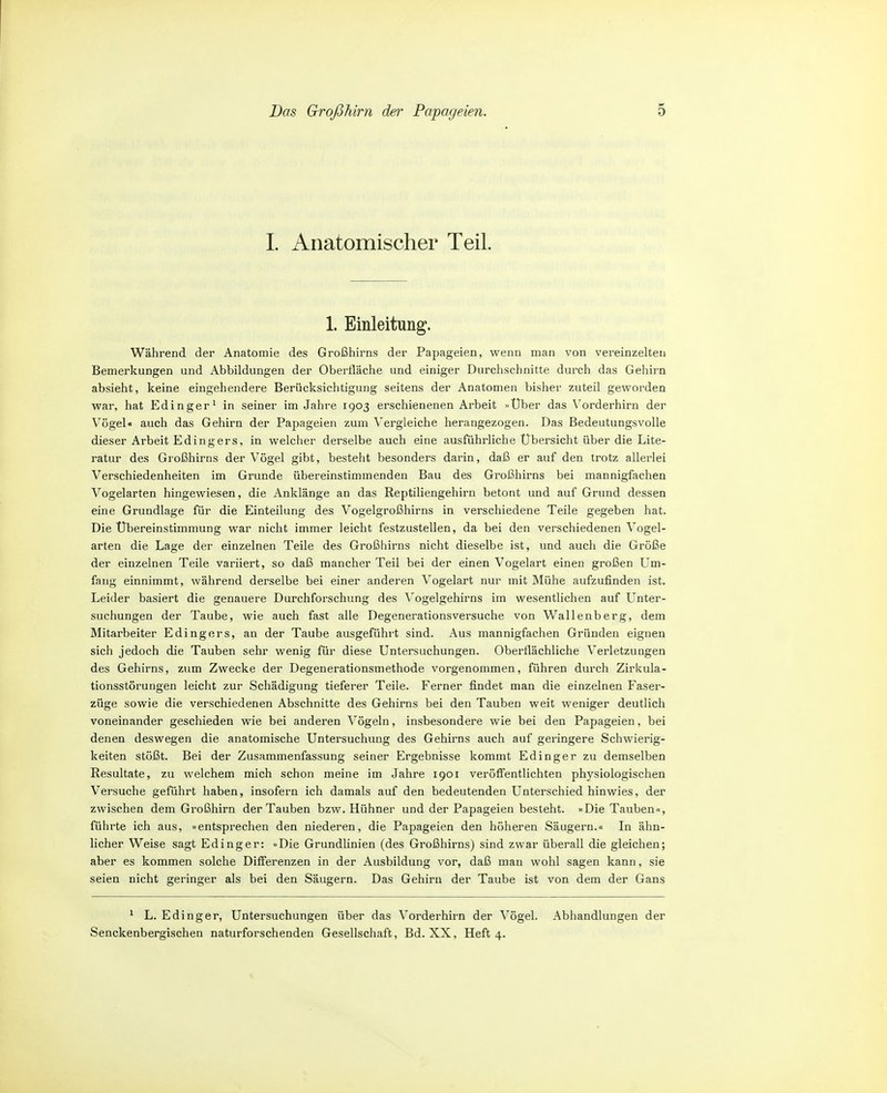 1. Anatomischer Teil. 1. Einleitung. Während der Anatomie des Großhirns der Papageien, wenn man von vereinzelten Bemerkungen und Abbildungen der Oberfläche und einiger Durchschnitte durch das Gehii-n absieht, keine eingehendere Berücksichtigung seitens der Anatomen bisher zuteil geworden war, hat Edinger' in seiner im Jahre 1903 erschienenen Arbeit »Über das Vorderhirn der Vögel« auch das Gehirn der Papageien zum Vergleiche herangezogen. Das Bedeutungsvolle dieser Arbeit Edingers, in welcher derselbe auch eine ausführliche Ubersicht über die Lite- ratur des Großhirns der Vögel gibt, besteht besonders darin, daß er auf den trotz allerlei Verschiedenheiten im Grunde übereinstimmenden Bau des Großhirns bei mannigfachen Vogelarten hingewiesen, die Anklänge an das Reptiliengehirn betont und auf Grund dessen eine Grundlage für die Einteilung des Vogelgroßhirns in verschiedene Teile gegeben hat. Die Übereinstimmung war nicht immer leicht festzustellen, da bei den verschiedenen Vogel- arten die Lage der einzelnen Teile des Großhirns nicht dieselbe ist, und auch die Größe der einzelnen Teile variiert, so daß mancher Teil bei der einen Vogelart einen großen Um- fang einnimmt, während derselbe bei einer anderen Vogelart nur mit Mühe aufzufinden ist. Leider basiert die genauere Durchfoi'schung des Vogelgehirns im wesentlichen auf Unter- suchungen der Taube, wie auch fast alle Degenerationsversuche von Wallenberg, dem Mitarbeiter Edingors, an der Taube ausgeführt sind. Aus mannigfachen Gründen eignen sich jedoch die Tauben sehr wenig für diese Untersuchungen. Oberflächliche Verletzungen des Gehirns, zum Zwecke der Degenerationsmethode vorgenommen, führen durch Zirkula- tionsstörungen leicht zur Schädigung tieferer Teile. Ferner findet man die einzelnen Faser- züge sowie die verschiedenen Abschnitte des Gehirns bei den Tauben weit weniger deutlich voneinander geschieden wie bei anderen Vögeln, insbesondere wie bei den Papageien, bei denen deswegen die anatomische Untersuchung des Gehirns auch auf geringere Schwierig- keiten stößt. Bei der Zusammenfassung seiner Ergebnisse kommt Edinger zu demselben Resultate, zu welchem mich schon meine im Jahre 1901 veröffentlichten physiologischen Versuche geführt haben, insofern ich damals auf den bedeutenden Unterschied hinwies, der zwischen dem Großhirn der Tauben bzw. Hühner und der Papageien besteht. »Die Tauben«, führte ich aus, »entsprechen den niederen, die Papageien den höheren Säugern.« In ähn- licher Weise sagt Edinger: »Die Grundlinien (des Großhirns) sind zwar überall die gleichen; aber es kommen solche Differenzen in der Ausbildung vor, daß man wohl sagen kann, sie seien nicht geringer als bei den Säugern. Das Gehirn der Taube ist von dem der Gans ^ L. Edinger, Untersuchungen über das Vorderhirn der Vögel. Abhandlungen der Senckenbergischen naturforschenden Gesellschaft, Bd. XX, Heft 4.