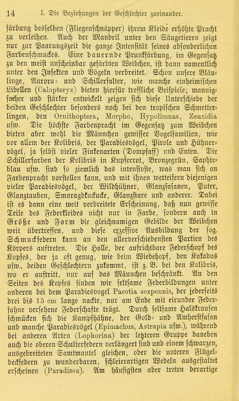 färbung be^fetben (gtiegenjc{)nöp|3er) i^rem bleibe eri)öi)tc ^rac^t äu üerteifien. 5tuc^ ber aJianbril unter ben (Säugetieren geigt nur 5ur ^aarungSjeit bie ganje Sntenfttät feines abfonberlic^en ?5arbenfd)mu(ie§. (Sine bauernbe ^runffärbung, im @egenfa| äu ben meift unfd^einbar gefärbten SSeibd^en, ift bann namentli^ unter ben ^nfe^ten unb SSögeln tierbreitet. @cE)on unfere SSIäu« tinge, Slurora; unb ©c^itterfatter, n)ic manche ein^)einlifc^)en ßibetten (Calopterys) bieten tiierfür treffliche Sßeif^ieie; ntannig; fa^er unb ftärfer entlnidelt geigen fid^ biefe Unterfd^iebe ber beiben ÖJefd^Iedfiter befonber§ no(i) bei ben trol^ifc^en ©d^metter; lingen, ben Ornithoptera, Morpho, Hypolimnas, Zeusidia ufm. ®ie ^öc^fte Scirben|)racht im (Segenfa^ gum SOSeibcfien bieten aber rt)Dt)t bie SJiännd^en geioiffer SSogelfamiücn, tok üor allem ber Kolibris, ber ^arabieSbögel, ^irote unb ^ü^nn' böget, ja fetbft tiieler Sinfenorten (2)om|5faff) nnb fönten. ®ie ©d^itterforben ber Kolibris in kupferrot, Srongegrün, ^a^'i^iv blou ufU). finb fo giemUd^ ba§ intenfitifte, toa§> man fid£) an ?^arbenprad£)t tiorfteüen fonn, unb mit i'^nen metteifern biejenigen tiieler ^arobieStiögel, ber SBilbpl^ner, ®Ian§fafanen, $uter, Ö^Iangtaubcn, @marogb!ucfudEe, ßJIonjftore unb onberer. ®abei ift e§ bann eine weit tierbreitete (Srfd^einung, ba| nun gemiffe 2;eile be§ geberfleibeS nic^t nur in garbe, fonbern aud^ in ©rö^e unb ^^oxm bie gteitfinamigen ©ebilbe ber SBeibd^ien njeit übertreffen, unb biefe ejgeffitie SluSbitbung ber fog. (Sd^mucffebern !onn an ben aüertierfc^iebenften Partien be§ ^ör|3er§ auftreten. ®ie |)otte, ber aufric^tbare gcberfd^opf be§ ^o^)fe§, ber ja oft genug, Wie beim S33iebeI)opf, ben ^afabu§ uftD., beiben (S^efdfitecJitern gufommt, ift §. 33. bei ben ^otibris, too er auftritt, nur auf ba§ ajiännc^en befcfiräntt. 2tn ben Seiten be§ to^ifeS finben n)ir fettfame geberbitbungen unter anberen bei bem ^arobieäüoget Parotia sexpennis, ber jeberfeitS brei bi§ 15 cm lange nacEte, nur am (Snbe mit eirunber geber? fat)ne tierfel^ene ^eberfd^afte trägt. 2)urc| feltfame $al§!raufen f^mürfen fid^ bie ^am^3f^ä^ne, ber ÖJoIb* unb Slm^erftfofan unb mand^e ^arabieStiögel (Epimaclius, Astrapia ufm.), mät)renb bei anberen SIrten (Lophorina) ber le^teren (^xuppt baneben au^ bie oberen Sc^ulterfebern tierlängert finb unb einem fd^marjen, ausgebreiteten Samtmantet gleichen, ober bie unteren glügel= becffebern ju munberbaren, fc^Ieierartigen SSBebeln ouSgeftaltet erfc^einen (Paradisea). 5lm f)öufigften ober treten berartige