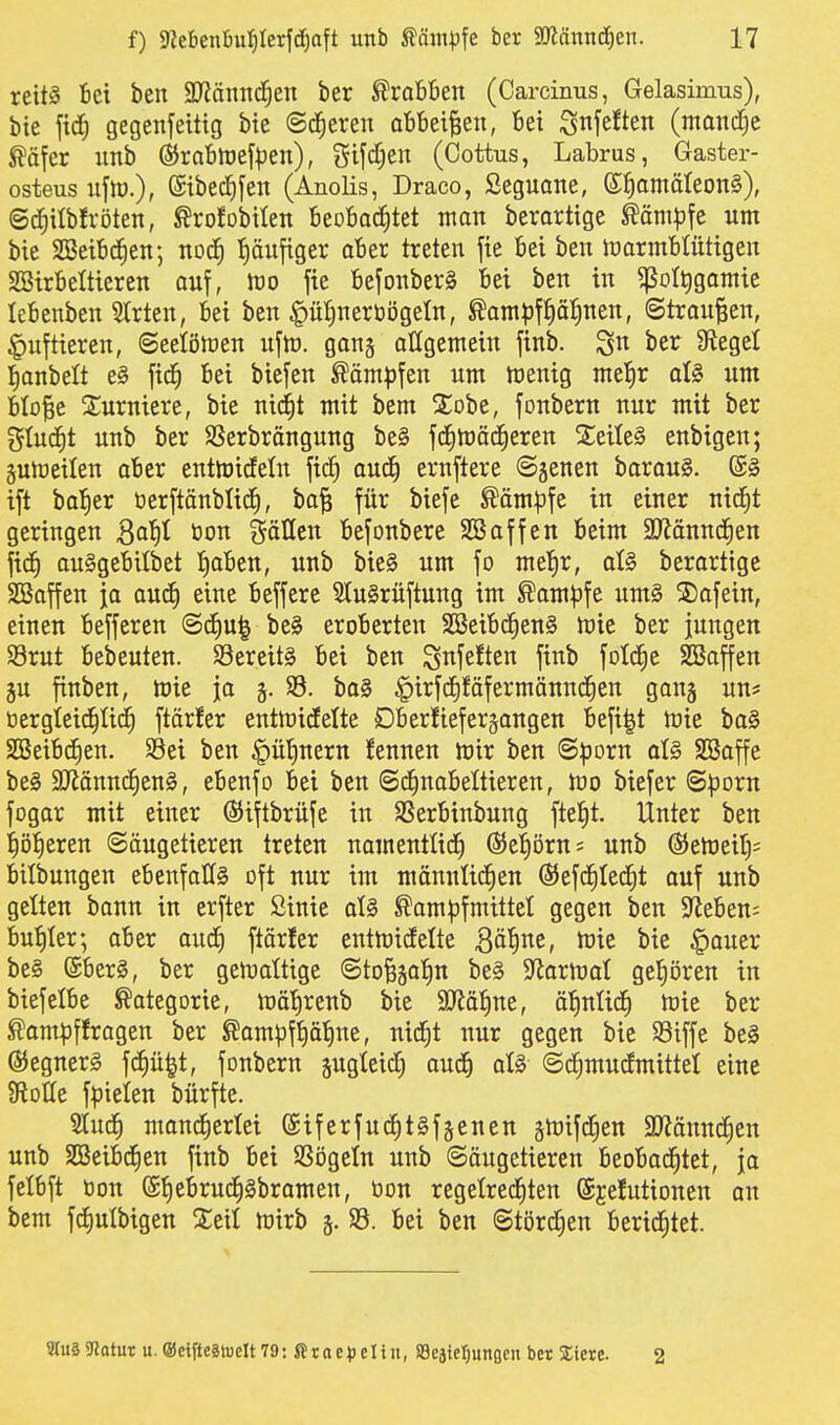 reitS Bei bcn 3JJännc^en ber Krabben (Carcinus, Gelasimus), bie fid) gegenfeitig bie ©d^eren aBBei^ett, Bei i^nfeften (mantfie ^äfer imb ©raBtuefpen), gifc^en (Oottus, Labrus, Gaster- osteus n\ro.), (Sibec^fen (Anolis, Draco, Seguane, ©^amäteonS), ©c^ilbfröten, ^rofobilen BeoBac^tet man berartige ^ämp\i um bie SSeiBc^en; nod^ !)äufiger oBer treten fie Bei ben hjarmBIütigen SöirBettieren auf, m fic BejonberS Bei ben in ^ottigamie leBenben ^rten, Bei ben §ü:^neröögeln, ^ont^)f^äJ)nen, ©trauten, Huftieren, ©eelönjen ufft). gong aUgentein finb. ber 3fiegel l^anbelt e§ fic^ Bei biefen ^öm|3fen um ttjenig mel^r um Blo^e SSurniere, bie nic^t mit bem 2;obe, jonbern nur mit ber i^tud^t unb ber SSerbrängung be§ fdEimöd^eren ^5;eite§ enbigen; pn^eilen aBer entmideln fic§ autfi ernftere ©genen borouS. @§ ift beider tjerftänbüd^, ba§ für biefe ^äm^jfe in einer nic^t geringen öon gäHen Befonbere SBaffcn Beim äJZännc^en ft^ ou§geBitbet l^aBen, unb bie§ um fo mel^r, oI§ berortigc SBaffen ja oud) eine Beffere 2Iu§rüftung im ^om^fe um§ Safein, einen Befferen (Sc^u^ be§ eroBerten SBeiBd^en§ mie ber jungen S3rut Bebeuten. bereits Bei ben S^^feften finb fotc^e Sßoffen gu finben, mie ja 5. S3. ba§ ^irftfifäfermännd^en gong un* t)ergieid^Ii(^ ftärfer entn)idEette DBerHeferjangen Befi|t tok bo§ SBeiB(^en. S3ei ben |)ül)nern fennen mir ben Sporn al§ SBaffe be§ 2JJänn(f)en0, eBenfo Bei ben ©c^naBeltieren, too biefer ©^jorn fogar mit einer ©iftbrüfe in SßerBinbung ftet)t. Unter ben Rotieren ©äugetieren treten namentliif) ©el^örn; unb ®emeit)= Bilbungen eBenfaII§ oft nur im mönnttd^en @efc^tec§t auf unb gelten bann in erfter ßinie aU ^om^jfmtttet gegen ben S^eBen^ Buiiter; aBer auc^ ftärfer entmidette Bö|ne, mie bie §auer be§ @Ber§, ber gemattige ©tofesa^n be§ S^larmot gel^ören in biefelBe Kategorie, möt)renb bie SOlö^ne, äl^nlidf) mie ber ^am^jffragen ber ^ampft)ät)ne, nic^t nur gegen bie 93iffe be§ ÖJegnerS fc^ü^t, fonbern äugteicJ) auc^ ©c^mudmittet eine 9lotte f^3ieten bürfte. Slud^ mand^ertet ©iferfuc^tlfsenen gmifdCjen aJJänn^en unb SBeiBd^en finb Bei SSögetn unb ©äugetieren BeoBad^tet, ja felBft tion (Sf)eBruc§§bramen, bon regetredf)ten (Sjefutionen an bem fct)ulbigen 2;eit mirb j. 95. Bei ben ©törd^en Berid^tet. «uSlßotur u.®eifte8welt79: ßtaepeltn, ffleaierjunoen bet Siete. 2