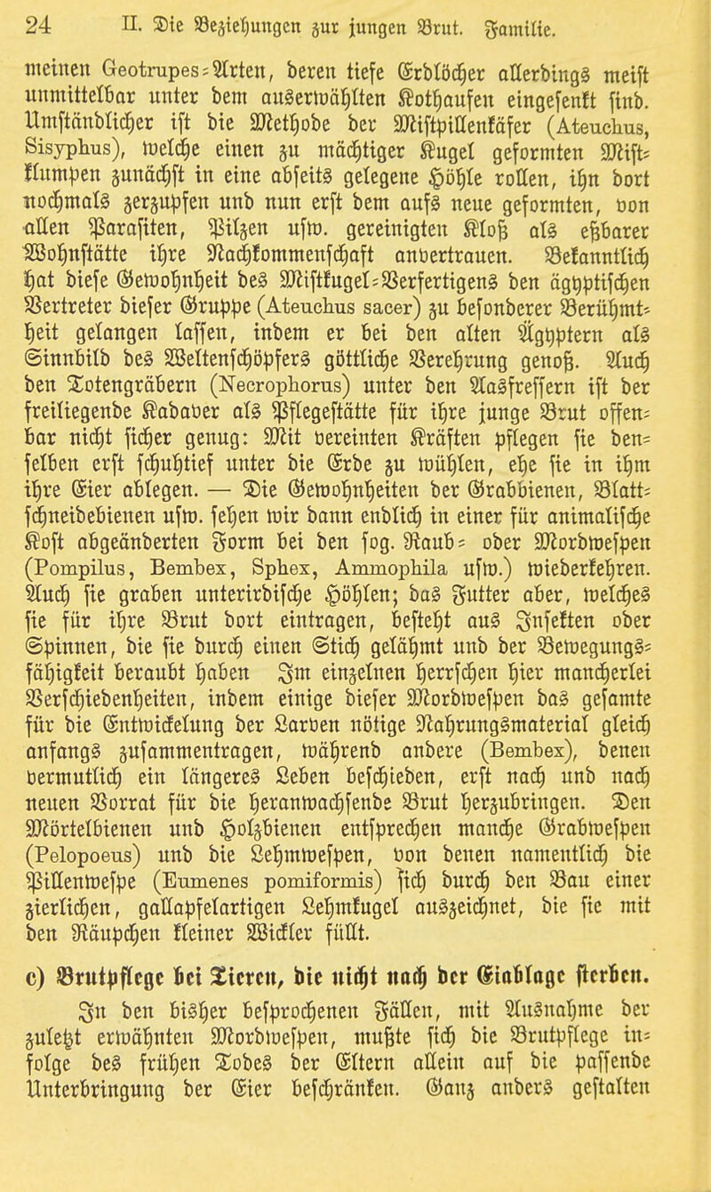 meinen Geotrupes;5trten, beren tiefe ©rblöc^er aHerbingä meift unmittelbar unter bem augerlüä^Iten ^otl^aufen eingefenJt finb. Umftänblid^er tft bie 3JietI)obe ber ajJiftpittenfäfer (Ateuchus, Sisyphus), toelcEic einen mäd^ttger ^uget geformten m\t' tlnmptn 5unäd;ft in eine abfeits gelegene §ö{)te rotten, i^n bort no<S)maU 5er§uj3fen unb nun erft bem auf§ neue geformten, öon <illen ^arafiten, ^it§en uftü. gereinigten Mo^ all eßbarer Söo^nftätte if)re SfJarfifommenfd^aft anvertrauen. Selannttic^ l^at biefe ÖJetnotin'^eit be§ a}liftfugeI;SSerfertigen§ ben äg^)3tifcf)en SSertreter biefer (Bxnppt (Ateuchus sacer) gu befonberer 58erül^mt- l^eit gelangen laffen, inbem er bei ben alten Stgtiptern aU ©innbilb be§ 2ißeitenf(i^ö)3fer§ göttliche Sßerel^rung geno^. Und) ben Siotengräbern (Necropliorus) unter ben Staäfreffern ift ber freiliegenbe ^abaöer ^flegeftötte für if)re junge 93rut offen; bar nid^t fic^cr genug: aiiit üereinten Gräften pflegen fie ben= felben erft f^ul^tief unter bie (Srbe gu lüüiiten, et)e fie in i^m il^re @ier ablegen. — S)ie ©etüoJin'^eiten ber ©rabbienen, SSIatt^ f(f)neibebieuen ufto. fet)en föir bann enbüii^ in einer für animatifd^e ^oft abgeönberten gorm bei ben fog. Staub ? ober SJlorbtoefpen (Pompilus, Bembex, Sphex, Ammopliila uftü.) U)ieberfe{)ren. Slud^ fie graben unterirbifc^e ^öl^ten; ba§ ^^utter aber, lüetc^eS fie für iljre S3rut bort eintragen, beftet)t au§ S^feften ober ©Rinnen, bie fie burc^ einen @tid^ gelähmt unb ber S3ett)egung§5 fät^igfeit beraubt Iiaben '^m. einzelnen fierrfi^en liier monc^erlei SSerfcC)iebeni)eiten, inbem einige biefer SJiorblref^jen ba§ gefamte für bie ©nttüidelung ber Sartien nötige 5Jia^rung§materiat gteid; anfongS pfammentragen, toä^renb anbere (Bembex), benen öermutüc^ ein längeres Seben befd^ieben, erft nad^ unb nad^ ueuen SSorrat für bie Iierantnad^fenbe S3rut l;er§ubringen. ®en ajiörtelbienen unb ^ol^bienen entfpred^en mand^e ®rablüef|3en (Pelopoeus) unb bie Sel^mmefpen, üon benen uamentüdt; bie ^illentrefpe (Eumenes pomiformis) ]id^ burc§ ben 33au einer gierUd^en, galla:|3felartigen Sel^mfugel auSjeid^net, bie fie mit ben 9läupd^en Ileiner SBidler füUt. c) S3rttt|ifJcgc Bei Bieren, bic nii^t mi^ ber ©ioBIogc flcrBen. Sn ben bisher bef^jroc^enen gätten, mit 5Iu§nat}me ber §ute^t erloä'^nten ajiorbiüef]jen, mu^te bie Srutpficge in= folge be§ frülien S;obe§ ber ©Itern ottein auf bie paffenbc Unterbringung ber ©ier befdjränfen. ©anj anber§ geftalten