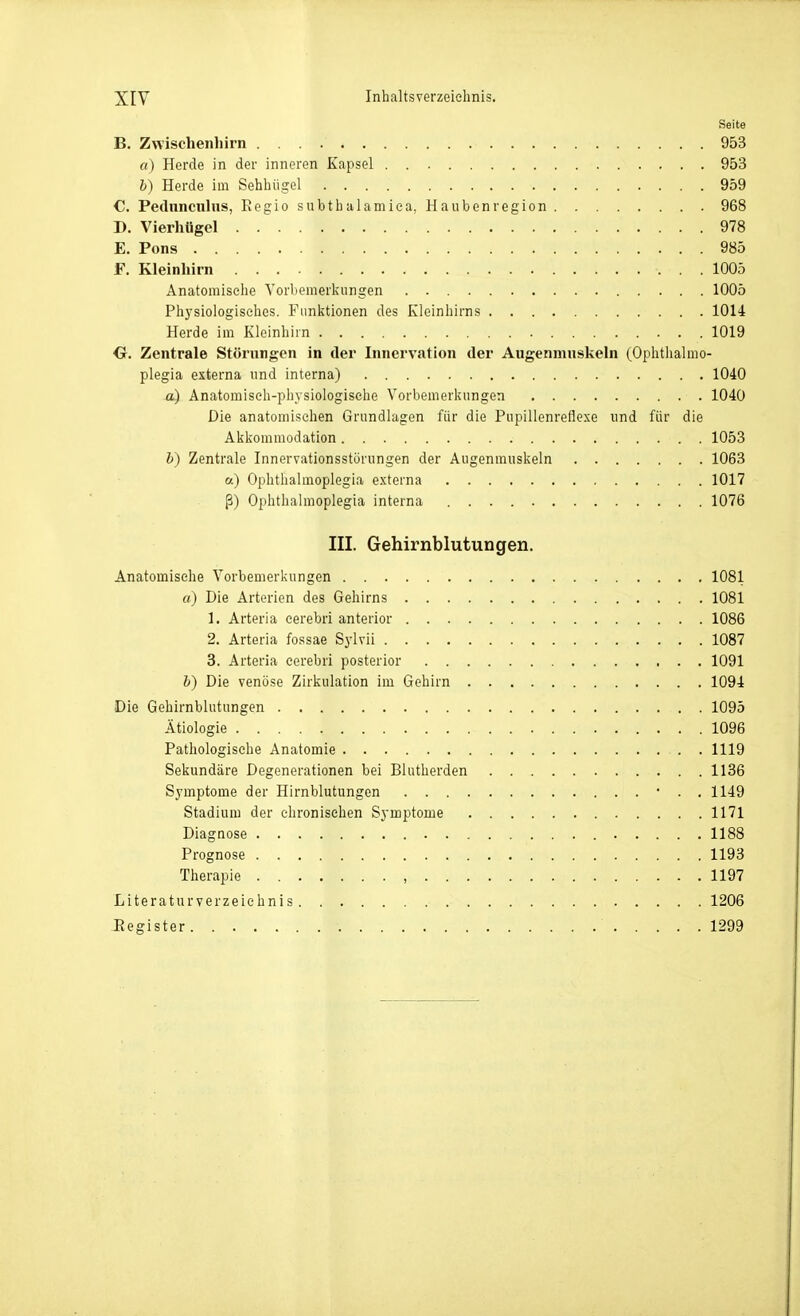Seite B. Zwischenhirn 953 (() Herde in der inneren Kapsel 953 h) Herde im Sehhügel 959 C. Pednncuhis, Eegiosubtbalamiea, Haubenregion 968 D. Vierhügel 978 E. Pons 985 F. Kleinhirn 1005 Anatomische Yorliemerkiingen 1005 Phj'siologisches. Funktionen des Kleinhirns 1014 Herde im Kleinhirn 1019 O. Zentrale Störungen in der Innervation der Augenmuskeln (Ophthalmo- plegia externa und interna) 1040 a) Anatomiseh-piiYsiologisehe Vorbemerkungen 1040 Die anatomischen Grundlagen für die Pupillenreflexe und für die Akkommodation 1053 h) Zentrale Innervationsstörungen der Augenmuskeln 1063 o.) Ophthalmoplegia externa 1017 ß) Ophthalmoplegia interna 1076 III. Gehirnblutungen. Anatomische Vorbemerkungen 1081 ff) Die Arterien des Gehirns 1081 1. Arteria cerebri anterior 1086 2. Arteria fossae Sylvii 1087 3. Arteria cerebri posterior 1091 b) Die venöse Zirkulation im Gehirn 1094 Die Gehirnblutungen 1095 Ätiologie 1096 Pathologische Anatomie . 1119 Sekundäre Degenerationen bei Blutherden 1136 Symptome der Hirnblutungen • . . 1149 Stadium der chronischen Symptome 1171 Diagnose 1188 Prognose 1193 Therapie , 1197 Literaturverzeichnis 1206 J?egister 1299