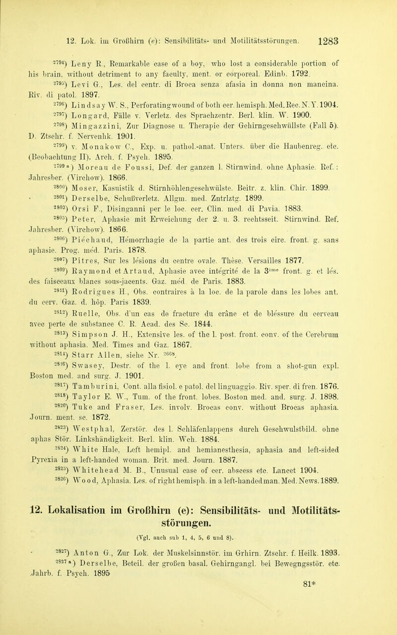 ~'^*) Lony E., Eemarkable ease of a boy, wlio lost a eonsiderable portion of Iiis bnün, witliout detrimcnt to any faeulty, ment. or corporeal. Edinb. 1792. 2795-) Levi G., Les. del eentr. di Broca senza afasia in donna non mancina. Eiv. di patol. 1897. 2^^^) Lindsay W. S., Perforatingwonnd of botli eer.liemispli.Med.Eec.N.Y. 1904. -■'S') Longard, Fälle v. Verletz, des Spraclizentr. Berl. klin. W. 1900. 2798) Mingazzini, Zur Diagnose u. Therapie der GeMmgeseliwülLste (Fall 5). D. Ztschr, f. Nervenhk. 1901. 2799) V. Monakow C, Exp. u. pathol.-anat. Unters, über die Haubenreg. ele. (Beobachtung II). Areh. f. Psych. 1895. 2799 a-) Moreau de Foussi, Def. der ganzen 1. Stirnwind, ohne Aphasie. Eef.: Jahresber. (Virchow). 1866. 2800) Moser, Kasuistik d. Stirnhöhlengeschwülste. Beitr. z. klin. Chir. 1899. 3801) Derselbe, Schußverletz. Allgm. med. Zntrlztg. 1899. 2803) Orsi F., Disinganni per le loc. eer. Clin. med. di Pavia. 1883. 3805) Peter, Aphasie mit Erweichung der 2. u. 3. reehtsseit. Stirnwind. Eef. Jahresber. (Virchow). 1866. 2S0G) Piechaud, Hemorrhagie de la partie ant. des trois circ. front, g. sans aphasie. Prog. med. Paris. 1878. 2807) pitres, Sur les lesions du centre ovale. These. Versailles 1877. -*''^) Eaymond etArtaud, Aphasie avec integrite de la 3'-'' front, g. et les. des faiseeaux blanes sous-jacents. Gaz. med, de Paris. 1883. -811) Eodrigues H.. Obs. contraires ä la loc. de la parole dans les lobes ant. du corv. Gaz. d. hop. Paris 1839. •~^~) Euelle, Obs. d'un eas de fracture du eräne et de blessure du cerveau avee perte de substanee C. E. Acad. des Sc. 1844. -8'3) Simpson J. H., Extensive les. of the L post. front, conv. of the Cerebrum without aphasia. Med. Times and Gaz. 1867. 2ä) Starr Allen, siehe Nr. ^eo» -8'S) Swasey, Destr. of the 1. eye and front, lobe from a shot-gun expl. Boston med. and surg. J. 1901. -8) Tamburini, Cont. alla fisiol. e patol. del linguaggio. Eiv. sper. di fren. 1876. 2818) Taylor E. W., Tum. of the front, lobes. Boston med. and. surg. J. 1898. 2820) Tuke and Fräser, Les. involv. Brocas conv. without Broeas aphasia. Journ. ment. sc. 1872. 2523) Westphal, Zerstör, des 1. Schläfenlappens durch Geschwulstbild, ohne aphas Stör. Linkshändigkeit. Berl. klin. Weh. 1884. 2524) White Haie, Left hemipl. and hemianesthesia, aphasia and left-sided Pyrexia in a left-handed woman. Brit. med. Journ. 1887. 3825) Wliitehead M. B., Unusual case of cer. abscess e.te. Laneet 1904. 2826) \Yood, Aphasia. Les. of righthemisi^h. in aleft-liandedman.Med.News. 1889. 12. Lokalisation im Großhirn (e): Sensibilitäts- und Motilitäts- störungen. (Vgl. auch sab 1, 4, 5, 6 nnd 8). -82^ Anton G., Zur Lok. der Muskelsinnstör, im Grhirn. Ztselir. f. Heilk. 1893. 2827a) Derselbe, Beteil. der großen basal. Gehirngangl. bei Bewegngsstör. etc. Jahrb. f. Psych. 1895 81*