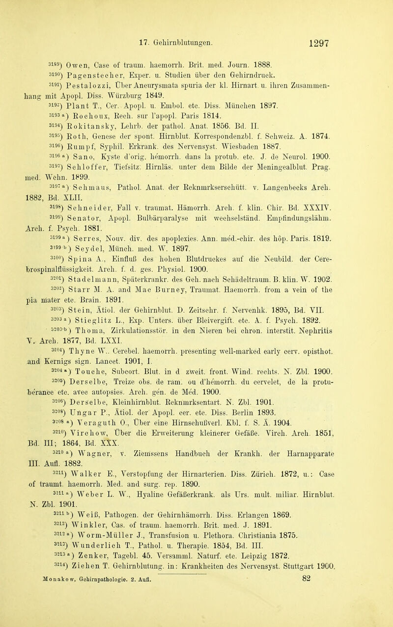 3i89-| Owen, Gase of träum, liaemorrh. Brit. med. Journ. 1888. 31^°) Pagensteclier, Exper. u. Studien über den Greliirndruek. ^181) Pestalozzi, Über Aneurysmata spuria der kl. Hirnart. u. ihren Zusammen- hang mit Apopl. Diss. Würzburg 1849. 3-) Plant T., Oer. Apopl. u. Embol. etc. Diss. München 1897. 3193a-) Eochonx, Eech. sur l'apopl. Paris 1814. Eokit.ansky, Lehrb. der pathol. Anat. 1856. Bd. II. 31-95) Eoth, Genese der spont. Hirnblut. Korrespondenzbl. f. Schweiz. A. 1874. 31-90) Eumpf, Syphil. Erkrank, des Nervensyst. Wiesbaden 1887. 319'''') Sano, Kyste d'orig. he'morrh. dans la protub. etc. J. de Neurol. 1900. 319'') Sehl off er, Tiefsitz. Hirnläs. unter dem Bilde der Meningealblut. Prag, med. Wehn. 1899. 319''') Sehmaus, Pathol. Anat. der Ecknmrksersehütt. v. Langenbeeks Arch. 1882, Bd. XLII. 3196) Schneider, Fall v. traumat. Hämorrh. Arch. f. klin. Chir. Bd. XXXIV. 3199) Senator, Apopl. Bulbärparalyse mit wechselständ. Empfindungslähm. Arch. f. Psych. 1881. 3199) Serres, Nouv. div. des apoplexies. Ann. med.-chir. des höp. Paris. 1819. 3199 »>) Seydel, Münch, med. W. 1897. 3-90) Spina A., Einfluß des hohen Blutdruckes auf die Neubild, der Cere- brospinalflüssigkeit. Arch. f. d. ges. Physiol. 1900. 3201) Stadelmann, Späterkrankr. des Geh. nach Sehädeltraum. B. klin. W. 1902. 3^9^) Starr M. A. and Mac Burney, Traumat. Haemorrh. from a vein of the pia mater etc. Brain. 1891. 32Ö3) Stein, Ätiol. der Gehirnblut. D. Zeitschr. f. Nervenhk. 1895, Bd. VII. 3393a) Stieglitz L., Exp. Unters, über Bleivergift. etc. A. f. Psych. 1892. s203-b) Thoma, Zirkulationsstor. in den Nieren bei ehron. interstit. Nephritis V. Arch. 1877, Bd. LXXI. 3204-) Thyne W.. Cerebel. haemorrh. presenting well-marked early eerv. opisthot. md Kernigs sign. Lancet. 1901, I. 3304 a) Touche, Subeort. Blut, in d zweit, front. Wind, rechts. N. Zbl. 1900. 3306) Derselbe, Treize obs. de ram. ou d'hemorrh. du cervelet, de la protu- be'rance etc. avec autopsies. Arch. gen. de Med. 1900. 3206) Derselbe, Kleinliirnblut. Ecknmrksentart. N. Zbl. 1901. 3306) Ungar P., Atiol. der Apopl. cer. etc. Diss. Berlin 1893. 3-08 a) Veraguth 0., Über eine Hirnschußverl. Kbl. f. S. Ä. 1904. 3210) Virchow, Über die Erweiterung kleinerer Gefäße. Virch. Arch. 1851, Bd. III; 1864, Bd. XXX. 3210 a) Wagner, v. Ziemssens Handbuch der Krankh. der Harnapparate III. Aufl. 1882. 3211) Walker E., Verstopfung der Hirnarterien. Diss. Zürich. 1872, u.: Oase of träumt, haemorrh. Med. and surg. rep. 1890. 3311 a) Weber L. W., Hyaline Gefäßerkrank, als Urs. mult. miliar. Hirnblut. N. Zbl. 1901. 3211b) Weiß, Pathogen, der Gehirnhämorrh. Diss. Erlangen 1869. 3313) Winkler, Gas. of träum, haemorrh. Brit. med. J. 1891. 3313a) W'orm-Müller J., Transfusion u. Plethora. Ghristiania 1875. 3213) Wunderlieh T., Pathol. u. Therapie. 1854, Bd. III. 3313a) Zenker, Tagebl. 45. Versamml. Naturf. etc. Leipzig 1872. 32) Ziehen T. Gehirnblutung, in: Krankheiten des Nervensyst. Stuttgart 1900. Monakow, Gehirnpathologie. 2. Aufl. 82