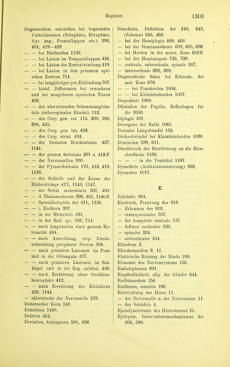 Degeneration, sekundäre bei begrenzten Cortexläsionen (Sehspliäre, Hörsphäre, Gyr. ang., Frontallappen ete.) 396, 401, 419—428. — — bei Blutberden 1136. — — bei Läsion im Teraporallappen 426. — — bei Läsion der Zentralwindung 419. — — bei Läsion in den primären opti- schen Zentren 714. — — bei langjähriger per. Erblindung707. — — histol. Differenzen bei erwachsen und bei neugeboren operierten Tieren 403. — — des aberrierenden Seitenstrangbün- dels (rubro-spinales Bündel) 112. des Oorp. gen. ext. 175, 300, 396, 398, 425. — — des Corp. gen. int. 426. ■— — des Corp. striat. 434. — — der frontalen Brückenbahn 427, 1141. — — der grauen Substanz 391 u. 412 ff. — — der Nervenzellen 390. der Pyramidenbahn 176, 413, 419, 1138. — — der Schleife und der Kerne der Hinterstränge 417, 1143, 1147. — — der Subst. molecularis 397, 400. d. Thalamuskerne 396, 401, 1140ff. — — Spezialbeispiele der 411, 1136. i. Endkern 397. — — in der Hirnrinde 391. in der Rad. opt. 708, 714. — — nach Amputation einer ganzen Ex- tremität 404. — — nach Ausreißung, resp. Durch- sehneidung peripherer Nerven 394. — — nach primären Läsionen im Pons und in der Oblongata 437. — — nach primären Läsionen im Seh- hügel und in der Reg. subthal. 430. — — nach Zerstörung einer Großhirn- hemisphäre 412. — — nach Zerstörung des Kleinhirns 429, 1144. — sklerotische der Nervenzelle 379. Deitersseher Kern 148. Dekubitus 1168. Delirien 451. Deviation, konjugierte 581, 696. Diaschisis, Definition der 240, 243, (Schema) 245, 459. — bei der Hemiplegie 468, 469. — bei der Hemianästhesie 603, 605, 606. — bei Herden in der motor. Zone 652 ff. •— bei der Hemianopsie 735, 738. — cortieale, subcorticale, spinale 247. — intereorticale 282, 289. Diagnostische Sätze bei Erkrank, der mot. Zone 678. — — bei Ponsherden 1004. — — bei Kleinhirnherden 1037. Diapedesis 1099. Dilatation der Pupille, Reflexbogen für die 1059. Diplegie 491. Divergenz der Bulbi 1065. Dorsales Längsbündel 155. Drehsehwindel bei Kleinhirnherden 1038. Drucksinn 599, 611. Durehbrueh der Hirnblutung an die Hirn- oberfläche 1166. in die Ventrikel 1187. Dysarthrie (Artikulationsstörung) 802. Dysmetrie 1017. E. Echolalie 864. Eindruck, Fixierung des 818. — Erkennen des 819. — centroparietaler 337. — der komplette zentrale 337. — diffuser corticaler 336. — spinaler 334. — subeortiealer 334. Ektoderm 2. Ektodermzellen 9, 11. Elektrische Reizung der Rinde 248. Elemente des Nervensystems 155. Embolophrasie 891. Empfindlichkeit, allg. der Glieder 644. Endbäumehen 156. Endkerne, sensible 186. Entwicklung des Hirns 11. — der Nervenzelle u. der Nervenfaser 11. — des Schädels 4. Ependymfortsatz des Hinterhornes 21. Epilepsie, Innervationsmechanismus der 266, 580.