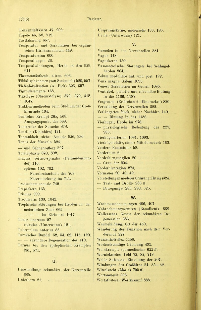 Tangentialfasem 47, 202. Tapete 46, 58, 719. Tastlähmung 657. Temperatur und Zirkulation bei organi- schen Hirnkrankheiten 449. Temperatursinn 600. Temporallappen 26. Teniporalvvindungen, Herde in den 929, 941. Thermoaniisthesie, altern. 606. Tibialisphänomen(von Strümpell) 520,557. Tiefenlokalisation (A. Piek) 696, 697. Tigroidelemente 158. Tigrolyse (Chromatolyse) 372, 379, 418, 1047. Tinktionsmethoden beim Studium der Groß- hirnrinde 194. Toniseher Krampf 265, 568. —, Ausgangspunkt des 569. Ton strecke der Sprache 878. Tonsille (Kleinhirn) 121. Tontaubheit, siehe: Aiiiusie 926, 936. Tonus der Muskeln 524. — und Sehnenreflexe 527. Totalaphasie 870, 892. Traetus eortieo-spinalis (Pyramidenbiin- del) 116. — opticus 102, 702. — — Faserbestandteile des 708. •— — Fasermisehung im 711. Traetushemianopsie 749. Trapezkern 135. Trismus 999. Troehlearis 130, 1042. Trophische Störungen bei Herden in der motorischen Zone 665. — — — — im Kleinhirn 1017. Tuber einereum 97. — valvulae (Unterwurm) 121. Tubereulum anterius 85. Tiireksches Bündel 52, 54, 82, 115, 120. — — sekundäre Degeneration des 410. Turnus bei den epileptischen Krämpfen 261, 571. U. Umwandlung, sekundäre, der Nervenzelle 385. Unterhorn 21. Ursprungskerne, motorische 183, 185. Uvula (Unterwurm) 121. V. Vaouolen in den Nervenzellen 381. Vagus 148. Vaguskerne 150. Vasomotorische Störungen bei Sehhügel- herden 964. Velum medulläre ant. und post. 122. Vena magna Galeni 1095. Venöse Zirkulation im Gehirn 1095. Ventrikel, primäre und sekundäre Blutung in die 1136, 1187. Vergessen (Erlösehen d. Eindruckes) 820. Verkalkung der Nervenzellen 382. Verlängertes Mark, siehe: Nachhirn 140. — — Blutung in das 1186. Vierhügel, Herde im 978. — physiologische Bedeutung des 227, 983. Vierhügelarterien 1091, 1093. Vierhiigelplatte, siehe: Mittelhirndaeh 103. Vordere Kommissur 58. Vorderhirn 6. Vorderhirnganglien 20. — Grau der 204. Vorderhirnregion 273. Vormauer 20, 40, 42. Vorstellungen niedererOrdnung(Hitzig)B24. — Tast- und Druck- 283 ff. — Bewegungs- 283, 290, 325. W. Waehstumshemmungen 406, 407. Wahrnehmungszentren (Broadbent) 338. Wallersches Gesetz der sekundären De- generation 386. Wärmebildung, Ort der 450. Wanderung der Funktion nach dem Vor- derende 227. Warzenhofreflex 1158. Weehselständige Lähmung 492. Weinkrampf, spasmodischer 622 if. Werniekesches Feld 72, 82, 718. Weiße Substanz, Einteilung der 207. Windungen des Großhirns 24, 35—39. Witzelsueht (Moria) 795 ff. Wortamnesie 698. Wortathetose, Wortkrampf 888.