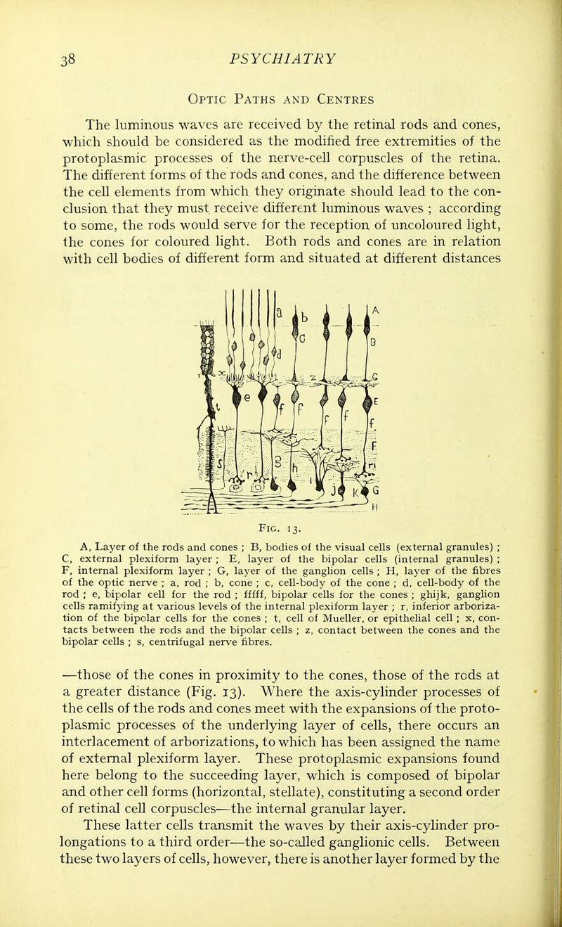 Optic Paths and Centres The luminous waves are received by the retinal rods and cones, which should be considered as the modified free extremities of the protoplasmic processes of the nerve-cell corpuscles of the retina. The different forms of the rods and cones, and the difference between the cell elements from which they originate should lead to the con- clusion that they must, receive different luminous waves ; according to some, the rods would serve for the reception of uncoloured light, the cones for coloured light. Both rods and cones are in relation with cell bodies of different form and situated at different distances Fig. 13. A, Layer of the rods and cones ; B, bodies of the visual cells (external granules) ; C, external plexiform layer ; E, layer of the bipolar cells (internal granules) ; F, internal plexiform layer ; G, layer of the ganglion cells ; H, layer of the fibres of the optic nerve ; a, rod ; b, cone ; c, cell-body of the cone ; d, cell-body of the rod ; e, bipolar cell for the rod ; fffff, bipolar cells for the cones ; ghijk, ganglion cells ramifying at various levels of the internal plexiform layer ; r, inferior arboriza- tion of the bipolar cells for the cones ; t, cell of Mueller, or epithelial cell ; x, con- tacts between the rods and the bipolar cells ; z, contact between the cones and the bipolar cells ; s, centrifugal nerve fibres. —those of the cones in proximity to the cones, those of the rods at a greater distance (Fig. 13). Where the axis-cylinder processes of the cells of the rods and cones meet with the expansions of the proto- plasmic processes of the underlying layer of cells, there occurs an interlacement of arborizations, to which has been assigned the name of external plexiform layer. These protoplasmic expansions found here belong to the succeeding layer, which is composed of bipolar and other cell forms (horizontal, stellate), constituting a second order of retinal cell corpuscles—the internal granular layer. These latter cells transmit the waves by their axis-cylinder pro- longations to a third order—the so-called ganglionic cells. Between these two layers of cells, however, there is another layer formed by the