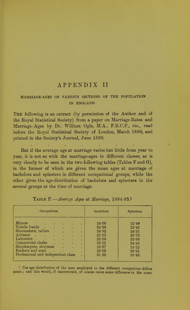 MARRIAGE-AGES OF VARIOUS SECTIONS OF THE POPULATION IN ENGLAND The following is an extract (by permission of the Author and of the Royal Statistical Society) from a paper on Marriage-Rates and Marriage-Ages by Dr. William Ogle, M.A., F.R.C.P., etc., read before the Royal Statistical Society of London, March 1890, and printed in the Society's Journal, June 1890. • •••••• But if the average age at marriage varies but little from year to year, it is not so with the marriage-ages in different classes, as is very clearly to be seen in the two following tables (Tables F and G), in the former of which are given the mean ages at marriage of bachelors and spinsters in different occupational groups, while the other gives the age-distribution of bachelors and spinsters in the several groups at the time of marriage. Table F.—Average Ages at Marriage, 1884-85.1 Occupations. Bachelors. Spinsters. Miners 24-06 22-46 Textile hands ..... 24-38 23-43 Shoemakers, tailors .... 24-92 24-31 Artisans ...... 25-35 23-70 Labourers ...... 25-56 23-66 Commercial clerks .... 26-25 24-43 Shopkeepers, shopmen 26-67 24-22 Farmers and sons .... 29-23 26-91 Professional and independent class 31 -22 26-40 ^ The age-distribution of the men employed iu the different occupations differs much; and this would, if uncorrected, of course cause some difference in ihe mean