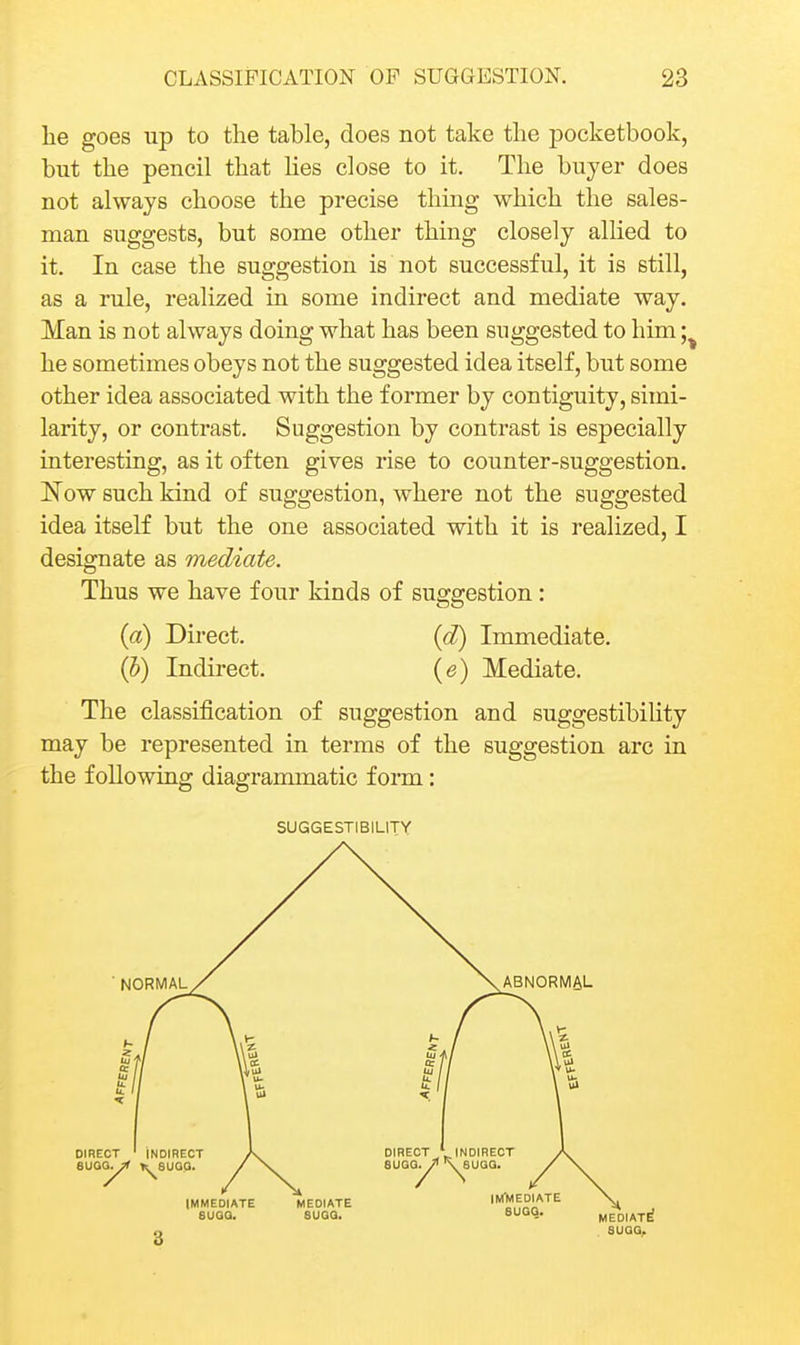 lie goes up to the table, does not take the pocketbook, but the pencil that hes dose to it. The buyer does not always choose the precise thing which the sales- man suggests, but some other thing closely allied to it. In case the suggestion is not successful, it is still, as a rule, realized in some indirect and mediate way. Man is not always doing what has been suggested to him;, he sometimes obeys not the suggested idea itself, but some other idea associated with the former by contiguity, simi- larity, or contrast. Suggestion by contrast is especially interesting, as it often gives rise to counter-suggestion. Now such kind of suggestion, where not the suggested idea itself but the one associated with it is realized, I designate as mediate. Thus we have four kinds of suggestion: (a) Direct. {d) Immediate. (b) Indirect. [e) Mediate. The classification of suggestion and suggestibility may be represented in terms of the suggestion arc in the following diagrammatic form: SUGGESTIBILITY SUQQ,