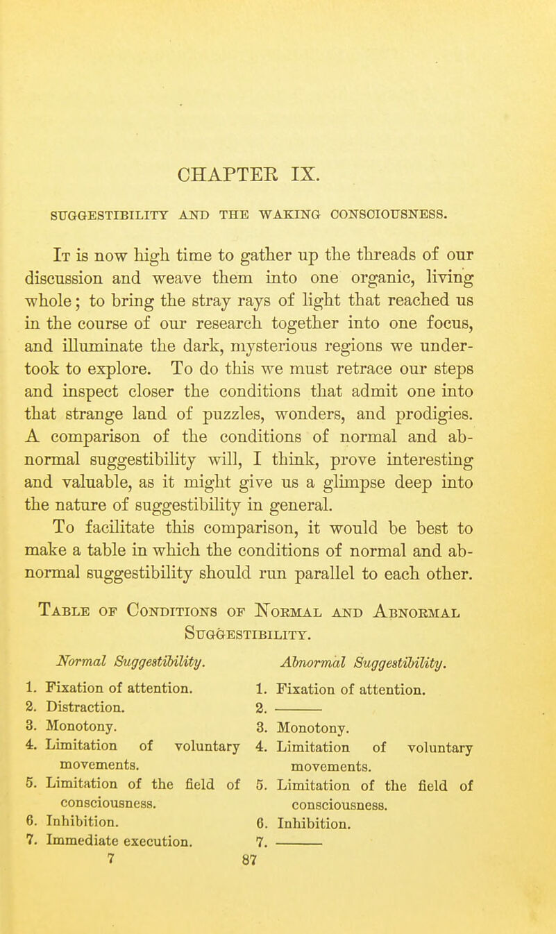 CHAPTER IX. SUGGESTIBILITY AND THE WAKING CONSOIOTJSNESS. It is now liigh time to gather up the threads of our discussion and weave them into one organic, living whole; to bring the stray rays of light that reached us in the course of our research together into one focus, and illuminate the dark, mysterious regions we under- took to explore. To do this we must retrace our steps and inspect closer the conditions that admit one into that strange land of puzzles, wonders, and prodigies. A comparison of the conditions of normal and ab- normal suggestibility will, I think, prove interesting and valuable, as it might give us a glimpse deep into the nature of suggestibility in general. To facilitate this comparison, it would be best to make a table in which the conditions of normal and ab- normal suggestibility should run parallel to each other. Table op Conditions of Normal and Abnormal Suggestibility. Normal SuggeatiMlity. Abnormal Suggestibility. 1. Fixation of attention. 1. Fixation of attention. 2. Distraction. 2. 3. Monotony. 3. Monotony. 4. Limitation of voluntary 4. Limitation of voluntary movements. movements. 5. Limitation of the field of 5. Limitation of the field of consciousness. consciousness. 6. Inhibition. 6. Inhibition. 7. Immediate execution, 7,