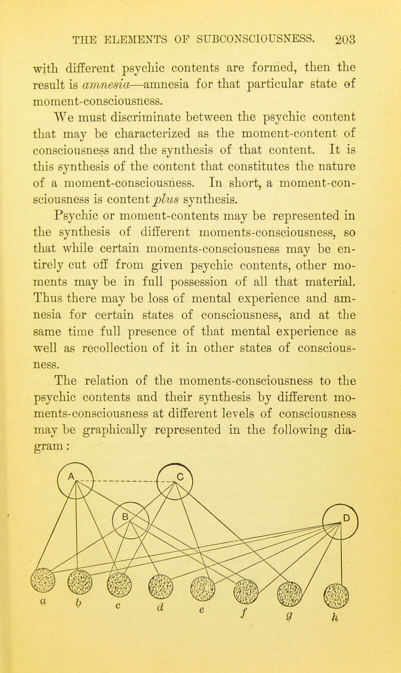 witli different psychic contents are formed, then the result is amnesia—amnesia for that particular state of moment-consciousness. We must discriminate between the psychic content that may be characterized as the moment-content of consciousness and the synthesis of that content. It is this synthesis of the content that constitutes the nature of a moment-consciousness. In short, a moment-con- sciousness is content plus synthesis. Psychic or moment-contents may be represented in the synthesis of different moments-consciousness, so that while certain moments-consciousness may be en- tirely cut off from given psychic contents, other mo- ments may be in full possession of all that material. Thus there may be loss of mental experience and am- nesia for certain states of consciousness, and at the same time full presence of that mental experience as well as recollection of it in other states of conscious- ness. The relation of the moments-consciousness to the psychic contents and their synthesis by different mo- ments-consciousness at different levels of consciousness may be graphically represented in the following dia- gram :