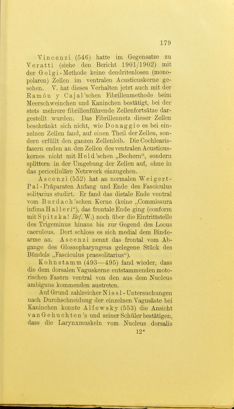 Yincenzi (546) hatte im Gegensatze zu Veratti (siehe den Bericht 1901/1902) mit der Golgi-Methode keine dendritenlosen (mono- polaren) Zellen im ventralen Acusticuskerne ge- sehen. V. hat dieses Verhalten jetzt auch mit der Ramön j Cajal'sehen Fibrillenmethode beim Meerschweinchen und Kaninchen bestätigt, bei der stets mehrere fibriUenfühi-ende ZeUenfortsätze dar- gestellt wurden. Das FibriUennetz dieser Zellen beschränkt sich nicht, wie Donaggio es bei ein- zelnen Zellen fand, auf einen TheU der Zellen, son- dern erfüllt den ganzen Zellenleib. Die Cochlearis- fasern enden an den Zellen des ventralen Acusticus- kernes nicht mit Held 'sehen „Bechern, sondern splittern in der Umgebung der Zellen auf, ohne in das pericelluläre Netzwerk einzugehen. Ascenzi (552) hat an normalen Weigert- Pal-Präparaten Anfang und Ende des Fasciculus solitarius studirt. Er fand das distale Ende ventral vom B u r d a c h 'sehen Kerne (keine „Commissura infima H a 11 e r i), das fi'ontale Ende ging (conform mit S p i t z k a! Bef. W.) noch über die Eintrittstelle des Trigeminus hinaus bis zur Gegend des Locus caeruleus. Dort schloss es sich medial dem Binde- arme an. Ascenzi nennt das frontal vom Ab- gange des Glossopharyngeus gelegene Stück des Bündels „Fasciculus praesoHtarius). Kohnstamm (493—495) fand wieder, dass die dem dorsalen Yaguskerne entstammenden moto- rischen Fasern ventral von den aus dem Nucleus ambiguus kommenden austreten. Auf Grund zahlreicher N i s s 1 - Untersuchungen nach Durchschneidung der einzelnen Yagusäste bei Kaninchen konnte Alfewsky (553) die Ansicht vanGehuchten's und seiner Schüler bestätigen, dass die Larynxmuskeln vom Nucleus dorsalis 12*