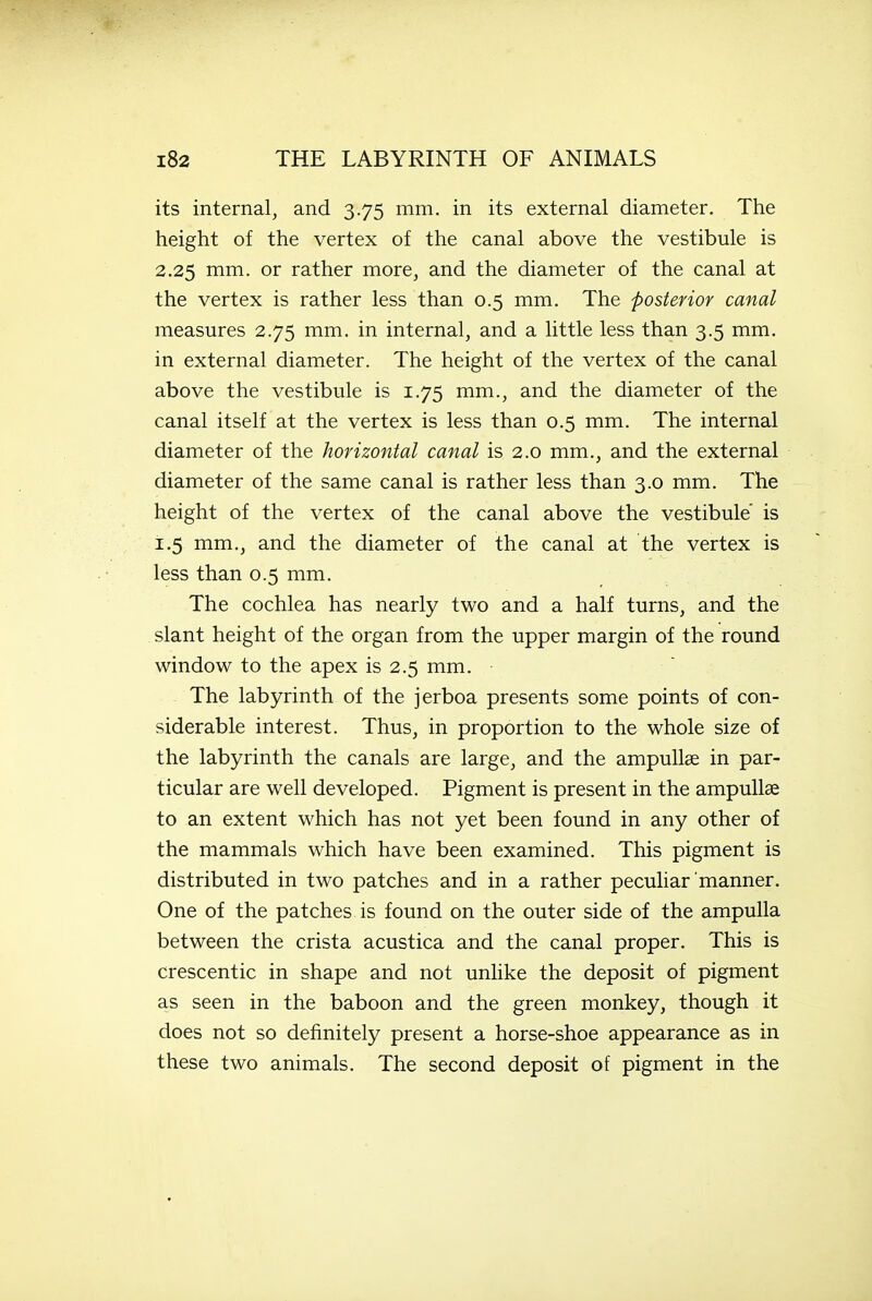 its internal, and 3.75 mm. in its external diameter. The height of the vertex of the canal above the vestibule is 2.25 mm. or rather more, and the diameter of the canal at the vertex is rather less than 0.5 mm. The posterior canal measures 2.75 mm. in internal, and a little less than 3.5 mm. in external diameter. The height of the vertex of the canal above the vestibule is 1.75 mm., and the diameter of the canal itself at the vertex is less than 0.5 mm. The internal diameter of the horizontal canal is 2.0 mm., and the external diameter of the same canal is rather less than 3.0 mm. The height of the vertex of the canal above the vestibule' is 1.5 mm., and the diameter of the canal at the vertex is less than 0.5 mm. The cochlea has nearly two and a half turns, and the slant height of the organ from the upper margin of the round window to the apex is 2.5 mm. • The labyrinth of the jerboa presents some points of con- siderable interest. Thus, in proportion to the whole size of the labyrinth the canals are large, and the ampullae in par- ticular are well developed. Pigment is present in the ampullae to an extent which has not yet been found in any other of the mammals which have been examined. This pigment is distributed in two patches and in a rather peculiar manner. One of the patches is found on the outer side of the ampulla between the crista acustica and the canal proper. This is crescentic in shape and not unlike the deposit of pigment as seen in the baboon and the green monkey, though it does not so definitely present a horse-shoe appearance as in these two animals. The second deposit of pigment in the