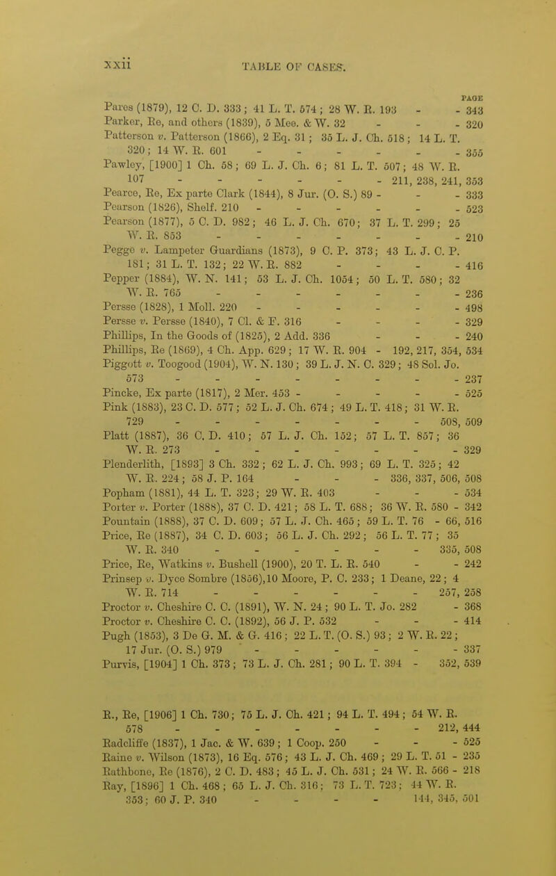 PAOE Pares (1879), 12 0. D. 333 ; 41 L. T. 674 ; 28 W. E. 193 - - 343 Parker, Ee, and others (1839), 5 Mee. &W. 32 - - - 320 Patterson v. Patterson (1866), 2 Eq. 31 ; 35 L. J. Ch. 518; 14 L. T. 320; 14 W. E. 601 355 Pawley, [1900] 1 Ch. 58; 69 L. J. Ch. 6; 81 L. T. 507; 48 W. E. 107 ----- - 211, 238, 241, 353 Pearce, Ee, Ex parte Clark (1844), 8 Jur. (0. S.) 89 - - - 333 Pearson (1826), Shelf. 210 - - - - - -523 Pearson (1877), 5 C. D. 982; 46 L. J. Ch. 670; 37 L. T. 299; 25 W. E. 853 - 210 Peggo V. Lampeter Guardians (1873), 9 C. P. 373; 43 L. J. C. P. 181; 31L. T. 132; 22W. E. 882 - - - - 416 Pepper (1884), W. N. 141; 53 L. J. Ch. 1054; 50 L. T. 580; 32 W. E. 765 236 Persse (1828), 1 Moll. 220 - - - - - - 498 Persse v. Persse (1840), 7 CI. & E. 316 - - - - 329 Phillips, In the Goods of (1825), 2 Add. 336 . . _ 240 Phillips, Ee (1869), 4 Ch. App. 629; 17 W. E. 904 - 192, 217, 354, 534 Piggott V. Toogood (1904), W. N. 130 ; 39 L. J. N. C. 329; 48 Sol. Jo. 573 - - - - - - - - 237 Pincke, Ex parte (1817), 2 Mer. 453 - - - - - 525 Pink (1883), 23 C. D. 577 ; 52 L. J. Oh. 674 ; 49 L. T. 418; 31 W. E. 729 ------ - 508, 509 Piatt (1887), 36 C. D. 410; 57 L. J. Ch. 152; 57 L. T. 857; 36 W. E. 273 329 Plenderlith, [1893] 3 Ch. 332 ; 62 L. J. Ch. 993; 69 L. T. 325; 42 W. E. 224 ; 58 J. P. 164 _ . - 336, 337, 506, 508 Popham (1881), 44 L. T. 323; 29 W. E. 403 - - - 534 Potter V. Porter (1888), 37 C. D. 421; 58 L. T. 688; 36 W. E. 580 - 342 Pountain (1888), 37 C. D. 609; 57 L. J. Ch. 465; 59 L. T. 76 - 66, 516 Price, Ee (1887), 34 C. D. 603 ; 56 L. J. Ch. 292 ; 56 L. T. 77 ; 35 W. E. 340 - - - - - - 335, 508 Price, Ee, Watkins v. Bushell (1900), 20 T. L. E. 540 - - 242 Prinsep v. Dyco Sombre (1856), 10 Moore, P. C. 233; 1 Deane, 22 ; 4 W. E. 714 - - - - - - 257, 258 Proctor V. Cheshire C. C. (1891), W. N. 24 ; 90 L. T. Jo. 282 - 368 Proctor V. Cheshii-e C. C. (1892), 56 J. P. 532 . - - 414 Pugh (1853), 3 De G. M. & G. 416 ; 22 L. T. (0. S.) 93 ; 2 W. E. 22; 17 Jur. (0. S.) 979 ' - - - - - - 337 Purvis, [1904] 1 Ch. 373; 73 L. J. Ch. 281; 90 L. T. 394 - 352, 539 E., Ee, [1906] 1 Ch. 730; 75 L. J. Ch. 421; 94 L. T. 494; 54 W. E. 578 212, 444 Eadcliffe (1837), 1 Jac. & W. 639 ; 1 Coop. 250 - - - 525 Eaiue v. Wilson (1873), 16 Eq. 576; 43 L. J. Ch. 469 ; 29 L. T. 51 - 235 Eathbonc, Ee (1876), 2 C. D. 483; 45 L. J. Ch. 531; 24 W. E. 566 - 218 Eay, [1896] 1 Ch. 468 ; 65 L. J. Ch. 316; 73 L. T. 723; 44 W. E. 353; GO J. P. 340 . . - - 144,345,501