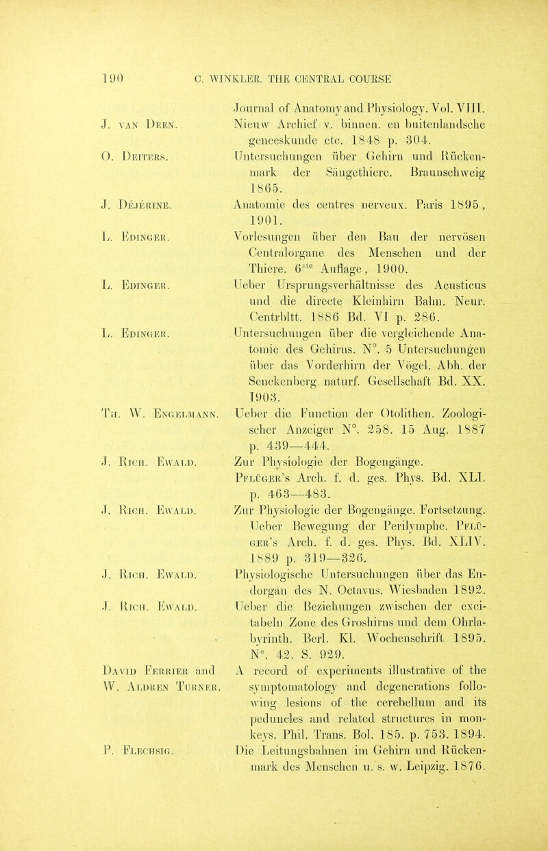 J. VAN DeEN. O. Deiters. J. Dejerine. L. Edinger. L. Edinger. L. Edinger. Tri. W. Engelmann. J. Rich. Ewald. J. Rich. EwaT;D. J. Rich. Ewald. J. Rich. Ewald. David Ferrier and W. Ai-dren Turner P. Flechsig. Journal of Anatomy and Physiology. Vol. VITI. Nieuw Arcliief v. binnen. en buitenlandsche geiieeskunde etc. 1848 p. 304. Untersuchungen fiber Geliirn und Riicken- mavk der Saugethiere. Braunschweig 1865. Anatomic des centres nerveux. Paris 1895, 1901. Vorlesuno-en iiber den Ban der nervosen Centralorgane des Menschen und der Thiere. 6^^ Auflage, 1900. lleber Ursprungsverhaltnisse des Acusticus und die directe Kleintiirn Balm. Neur. Centrbltt. 1886 Bd. VI p. 286. Untersuchungen iiber die vergleichende Ana- tomic des Gehirns. N°. 5 Untersuchungen iiber das Vorderhirn der Vogel. Abh. der Senckenberg naturf. Gesellschaft Bd. XX. 1903. Ueber die Function der Otolithen. Zoologi- scher Anzeiger N°. 258. 15 Aug. 1887 p. 439—444. Zur Physiologic der Bogengangc. Pfluger's Arch. f. d. gcs. Phys. Bd. XLl. p. 463—483. Zur Physiologic der Bogengangc. Fortsetzung. Ueber Bewegung der Perilymphe. Pflu- ger's Arch. f. d. ges. Phys. Bd. XLIV. 1889 p. 319—326. Pliysiologische Untcj'suchungen ilbcr das En- dorgan des N. Octavus. Wiesbaden 1892. Ueber die Beziehungen zwischen der exci- tabeln Zone des Groshirns und dem Ohrla- byrinth. Berl. Kl. Wochenschrift 1895. N°. 42. S. 929. A record of experiments illustrative of the symptomatology and degenerations follo- wing lesions of the cerebellum and its peduncles and related structures in mon- keys. Phil. Trans. Bol. 185. p. 753. 1894. Die Leitungsbahnen iin Gehirn und Riicken- inark des Menschen u. s. w. Leipzig. 1876.