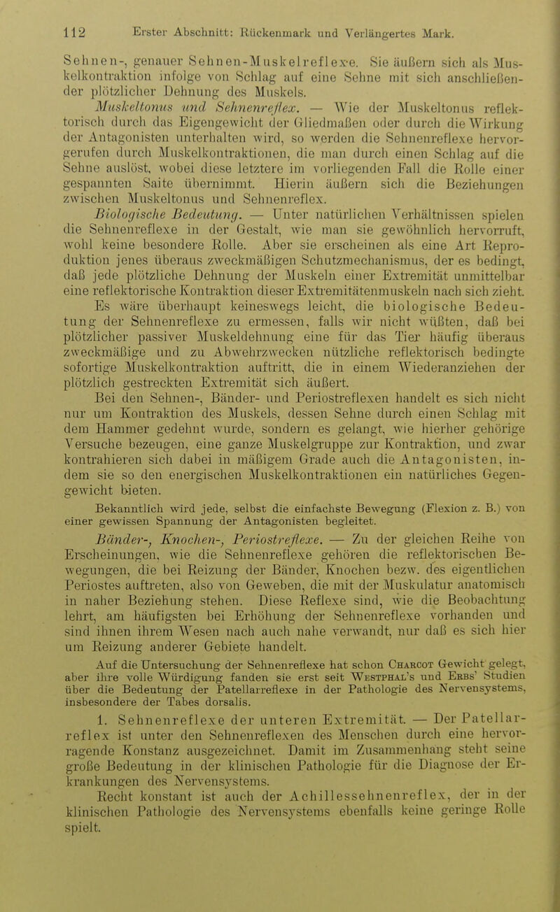 Sehnen-, genauer Sehnen-Muskelreflex-e. Sie äußern sich als Mus- kelkontraktion infolge von Schlag auf eine Sehne mit sich anschließen- der plötzlicher Dehnung des Muskels. Muskeltonus und Sehnenreflex. — Wie der Muskeltonus reflek- torisch durch das Eigengewicht der Gliedmaßen oder durch die Wirkung der Antagonisten unterhalten wird, so werden die Sehnenreflexe hervor- gerufen durch Muskelkontraktionen, die man durch einen Schlag auf die Sehne auslöst, wobei diese letztere im vorliegenden Fall die Rolle einer gespannten Saite übernimmt. Hierin äußern sich die Beziehungen zwischen Muskeltonus und Sehnenreflex. Biologische Bedeutung. — Unter natürlichen Verhältnissen spielen die Sehnenreflexe in der Gestalt, wie man sie gewöhnlich hervorruft, wohl keine besondere Rolle. Aber sie erscheinen als eine Art Repro- duktion jenes überaus zweckmäßigen Schutzmechanismus, der es bedingt, daß jede plötzliche Dehnung der Muskeln einer Extremität unmittelbar eine reflektorische Kontraktion dieser Extremitätenmuskeln nach sich zieht. Es wäre überhaupt keineswegs leicht, die biologische Bedeu- tung der Sehnenreflexe zu ermessen, falls wir nicht wüßten, daß bei plötzlicher passiver Muskeldehnung eine für das Tier häufig überaus zweckmäßige und zu Abwehrzwecken nützliche reflektorisch bedingte sofortige Muskelkontraktion auf tritt, die in einem Wiederanziehen der plötzlich gestreckten Extremität sich äußert. Bei den Sehnen-, Bänder- und Periostreflexen handelt es sich nicht nur um Kontraktion des Muskels, dessen Sehne durch einen Schlag mit dem Hammer gedehnt wurde, sondern es gelangt, wie hierher gehörige Versuche bezeugen, eine ganze Muskelgruppe zur Kontraktion, und zwar kontrahieren sich dabei in mäßigem Grade auch die Antagonisten, in- dem sie so den energischen Muskelkontraktionen ein natürliches Gegen- gewicht bieten. Bekanntlich wird jede, selbst die einfachste Bewegung (Flexion z. B.) von einer gewissen Spannung der Antagonisten begleitet. Bänder-, Knochen-, Periostreflexe. — Zu der gleichen Reihe von Erscheinungen, wie die Sehnenreflexe gehören die reflektorischen Be- wegungen, die bei Reizung der Bänder, Knochen bezw. des eigentlichen Periostes auftreten, also von Geweben, die mit der Muskulatur anatomisch in naher Beziehung stehen. Diese Reflexe sind, wie die Beobachtung lehrt, am häufigsten bei Erhöhung der Sehnenreflexe vorhanden und sind ihnen ihrem Wesen nach auch nahe verwandt, nur daß es sich hier um Reizung anderer Gebiete handelt. Auf die Untersuchung der Sehnenrellexe hat schon Charcot Gewicht gelegt, aber ihre volle Würdigung fanden sie erst seit Westphal's und Erbs' Studien über die Bedeutung der Patellarreflexe in der Pathologie des Nervensystems, insbesondere der Tabes dorsalis. 1. Sehnenreflexe der unteren Extremität. — Der Patellar- reflex ist unter den Sehnenreflexen des Menschen durch eine hervor- ragende Konstanz ausgezeichnet. Damit im Zusammenhang steht seine große Bedeutung in der klinischeu Pathologie für die Diagnose der Er- krankungen des Nervensystems. Recht konstant ist auch der Achillessehnenreflex, der in der klinischen Pathologie des Nervensystems ebenfalls keine geringe Rolle spielt.