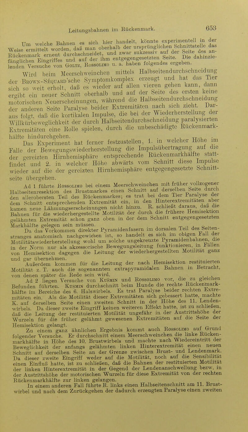 tt i „ T!oV,v.ovi ps eich liier bandelt, könnte experimentell in der w • p* worden daß man oberhalb der ursprünglichen Schnittstelle das Weise ermittelt worden, da^ma^^obern^ ^ auf der Seite des an- SnäSien Eingriffes und auf der ihm entgegengesetzten Seite. Die dahinzie- lenden Versuche von Goltz, Rossolimo u. a. haben folgendes ergeben. Wird beim Meerschweinchen mittels Halbseitendurchschneidung der Brown-SEQUAim'sche Symptomkomplex erzeugt und hat das hier sich so weit erholt, daß es wieder auf allen vieren gehen kann dann ergibt ein neuer Schnitt oberhalb und auf der Seite des ersten keine motorischen Neuerscheinungen, während die Halbseitendurchschneidung der anderen Seite Paralyse beider Extremitäten nach sich zieht. Dai- aus folgt, daß die kortikalen Impulse, die bei der Wiedeiherstellung dei Willkürbeweglichkeit der durch Halbseitendurchschneidung paralysierten Extremitäten eine Rolle spielen, durch die unbeschädigte Ruckenmark- hälfte hindurchgehen. . Das Experiment hat ferner festzustellen, 1. in welcher Hohe im Falle der Bewegungswiederherstellung die Impulsubertragung auf die der gereizten Hirnhemisphäre entsprechende Rückenmarkhalfte statt- findet und 2. in welcher Höhe abwärts vom Schnitt diese Impulse wieder auf die der gereizten Hirnhemisphäre entgegengesetzte Schm Seite übergehen. Ad 1 führte Rossolimo bei einem Meerschweinchen mit früher vollzogener Halbseitenresektion des Brustmarkes einen Schnitt auf derselben Seite durch den allerobersten Teil des Rückenmarkes; es trat bei dem Tier Paralyse dei dem Schnitt entsprechenden Extremität ein, in den Hinterextremitateii abei kamen neue Lähmungserscheinungen nicht hinzu. R. schließt daraus, daß le Bahnen für die wiederhergestellte Motilität der durch die frühere Hemisektion gelähmten Extremität schon ganz oben in der dem Schnitt entgegengesetzten Markhälfte gelegen sein müssen. Q Da das Vorkommen direkter Pyramidenfasern im dorsalen Teil des beiten- stranges anatomisch nachgewiesen ist, so handelt es sich im obigen lall dei Motilitätswiederherstellung wohl um solche ungekreuzte Pyramidenbahnen die in der Norm nur als akzessorische Bewegungsleitung funktionieren, in la en von Hemisektion dagegen die Leitung der wiederhergestellten Motilität ganz und gar übernehmen. , _ .... ,., . . Außerdem kommen für die Leitung der nach Hemisektion restituierten Motilität z. T. auch die sogenannten extrapyramidalen Bahnen m Betracht, von denen später die Rede sein wird. . . , Ad 2 liegen Versuche von Kusmin und Rossolimo vor, die zu gleichen Befunden führten. Kusmin durclischnitt beim Hunde die rechte Rückenmark- hälfte im Bereiche des 6. Halswirbels. Es trat Paralyse beider rechten Extre- mitäten ein. Als die Motilität dieser Extremitäten sich gebessert hatte, machte K. auf derselben Seite einen zweiten Schnitt in der Höhe des 11. Lenden- Wirbels. Da dieser zweite Eingriff keinen weiteren Effekt hatte, ist zu schließen, daß die Leitung der restituierten Motilität ungefähr in der Austrittshohe der Wurzeln für die früher gelähmt gewesenen Extremitäten auf die beite der Hemisektion gelangt. „ n , Zu einem ganz ähnlichen Ergebnis kommt auch Rossolimo aut briunci folgender Versuche. Er durchschnitt einem Meerschweinchen die linke Rücken- markhälfte in Höhe des 10. Brustwirbels und machte nach Wiedereintritt der Beweglichkeit der anfangs gelähmten linken Hinterextremität einen neuen Schnitt auf derselben Seite an der Grenze zwischen Brust- und Lendenmark. Da dieser zweite Eingriff weder auf die Motilität, noch auf die Sensibilität einen Einfluß hatte, ist zu schließen, daß die Bahnen der restituierten Motilität der linken Hinterextremität in der Gegend der Lendenanschwellung bezw. in der Austrittshöhe der motorischen Wurzeln für diese Extremität von der rechten Rückenmarkhälfte zur linken gelangen. In einem anderen Fall führte R. links einen Halbseiten schnitt am 11. Brust- wirbel und nach dem Zurückgehen der dadurch erzeugten Paralyse einen zweiten