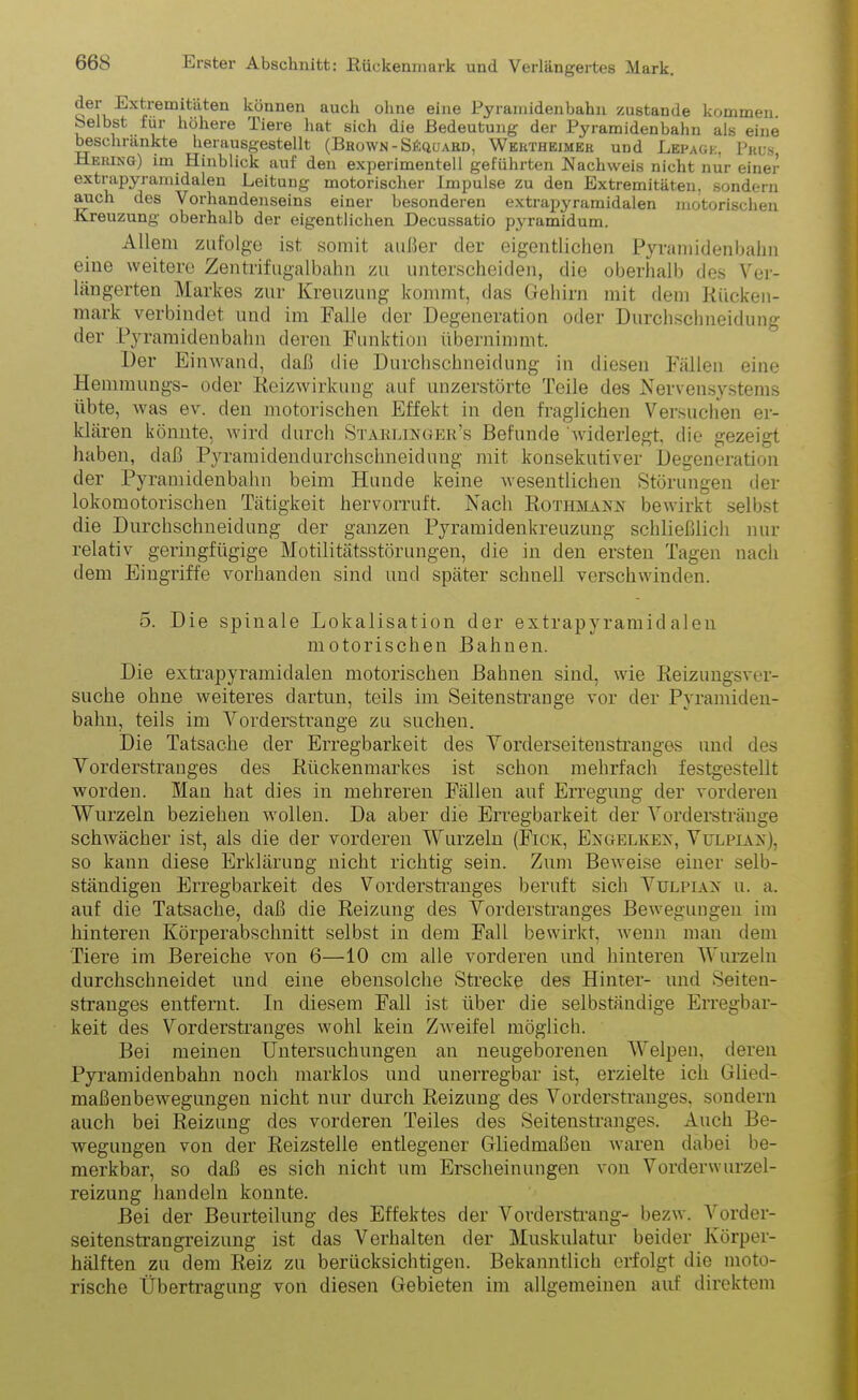 der Extremitäten können auch ohne eine Pyramidenbahn zustande kommen. Selbst für höhere Tiere hat sich die Bedeutung der Pyramidenbahn als eine beschränkte herausgestellt (Brown - SEquard, Wehtheimer und Lepage, Pkus Hering) im Hinblick auf den experimentell geführten Nachweis nicht nur einer extrapyramidalen Leitung motorischer Impulse zu den Extremitäten, sondern auch des Vorhandenseins einer besonderen extrapyramidalen motorischen Kreuzung oberhalb der eigentlichen Decussatio pj'ramidum. Allem zufolge ist somit außer der eigentlichen Pyramidenbahn eine weitere Zentrifugalbahn zu unterscheiden, die oberhalb des Ver- längerten Markes zur Kreuzung kommt, das Gehirn mit dem Rücken- mark verbindet und im Falle der Degeneration oder Durchsclmeidung der Pyramidenbahn deren Funktion übernimmt. Der Einwand, daß die Durchschneidung in diesen Fällen eine Hemmungs- oder Reizwirkung auf unzerstörte Teile des Nervensystems übte, was ev. den motorischen Effekt in den fraglichen Versuchen er- klären könnte, wird durch Staklinger’s Befunde widerlegt, die gezeigt haben, daß Pyramidendurchschneidung mit konsekutiver Degeneration der Pyramidenbahn beim Hunde keine wesentlichen Störungen der lokomotorischen Tätigkeit hervorruft. Nach Rothmakn bewirkt selbst die Durchschneidung der ganzen Pyramidenkreuzung schließlich nur relativ geringfügige Motilitätsstörungen, die in den ersten Tagen nach dem Eingriffe vorhanden sind und später schnell verschwinden. 5. Die spinale Lokalisation der extrapyramidalen motorischen Bahnen. Die extrapyramidalen motorischen Bahnen sind, wie Reizungsver- suche ohne weiteres dartun, teils im Seitenstrange vor der Pyramiden- bahn, teils im Vorderstrange zu suchen. Die Tatsache der Erregbarkeit des Vorderseitenstranges und des Vorderstranges des Rückenmarkes ist schon mehrfach festgestellt worden. Man hat dies in mehreren Fällen auf Erregung der vorderen Wurzeln beziehen wollen. Da aber die Erregbarkeit der Vorderstränge schwächer ist, als die der vorderen Wurzeln (Fick, Exgelkex, Vulpiax), so kann diese Erklärung nicht richtig sein. Zum Beweise einer selb- ständigen Erregbarkeit des Vorderstranges beruft sich Vulpiax u. a. auf die Tatsache, daß die Reizung des Vorderstranges Bewegungen im hinteren Körperabschnitt selbst in dem Fall bewirkt, wenn man dem Tiere im Bereiche von 6—10 cm alle vorderen und hinteren Wurzeln durchschneidet und eine ebensolche Strecke des Hinter- und Seiten- stranges entfernt. In diesem Fall ist über die selbständige Erregbar- keit des Vorderstranges wohl kein Zweifel möglich. Bei meinen Untersuchungen an neugeborenen Welpen, deren Pyramidenbahn noch marklos und unerregbar ist, erzielte ich Glied- maßenbewegungen nicht nur durch Reizung des Vorderstranges, sondern auch bei Reizung des vorderen Teiles des Seitenstranges. Auch Be- wegungen von der Reizstelle entlegener Gliedmaßen waren dabei be- merkbar, so daß es sich nicht um Erscheinungen von Vorderwurzel- reizung handeln konnte. Bei der Beurteilung des Effektes der Vorderstrang- bezw. Vorder- seitenstrangreizung ist das Verhalten der Muskulatur beider Körper- hälften zu dem Reiz zu berücksichtigen. Bekanntlich erfolgt die moto- rische Übertragung von diesen Gebieten im allgemeinen auf direktem