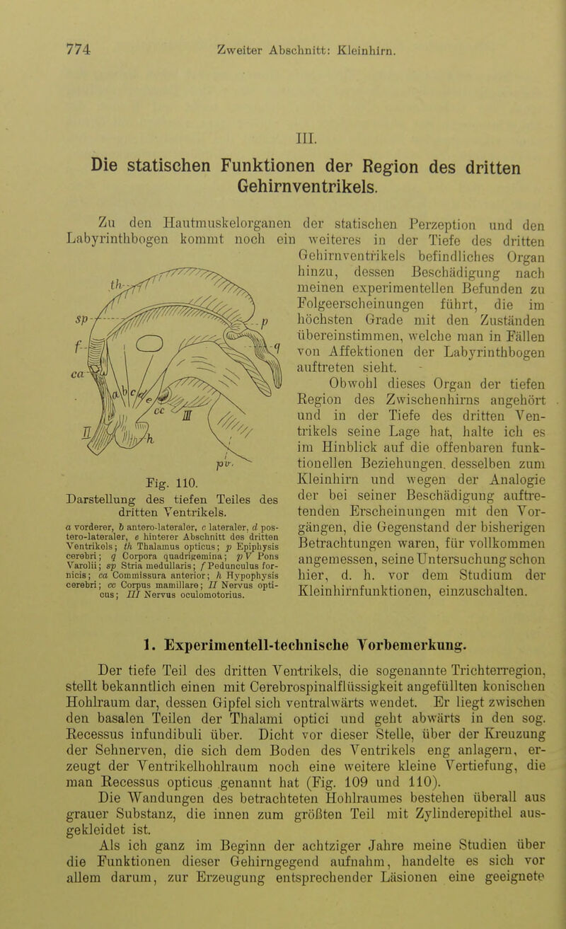 III. Die statischen Funktionen der Region des dritten Gehirnventrikels. Zu den Hautmuskelorganen der statischen Perzeption und den Labyrinthbogen kommt noch ein weiteres in der Tiefe des dritten Gehirnventrikels befindliches Organ hinzu, dessen Beschädigung nach meinen experimentellen Befunden zu Folgeerscheinungen führt, die im höchsten Grade mit den Zuständen übereinstimmen, welche man in Fällen von Affektionen der Labyrinthbogen auftreten sieht. Obwohl dieses Organ der tiefen Region des Zvvischenhirns augehört und in der Tiefe des dritten Ven- trikels seine Lage hat, halte ich es im Hinblick auf die offenbaren funk- tionellen Beziehungen, desselben zum Kleinhirn und wegen der Analogie der bei seiner Beschädigung aufti'e- tenden Erscheinungen mit den Vor- gängen, die Gegenstand der bisherigen Betrachtungen waren, für vollkommen angemessen, seine Untersuchung schon hier, d. h. vor dem Studium der Kleinhirnfunktionen, einzAischalten. 1. Experimentell-technische Yorbemerkung. Der tiefe Teil des dritten Ventrikels, die sogenannte Trichterregiou, stellt bekanntlich einen mit Cerebrospinalflüssigkeit angefüllten konischen Hohlraum dar, dessen Gipfel sich venti'alwärts wendet. Er liegt zwischen den basalen Teilen der Thalami optici und geht abwärts in den sog. Recessus infundibuli über. Dicht vor dieser Stelle, über der Kreuzung der Sehnerven, die sich dem Boden des Ventrikels eng anlagern, er- zeugt der Ventiikelhohlraura noch eine weitere kleine Vertiefung, die man Recessus opticus genannt hat (Fig. 109 und 110). Die Wandungen des betrachteten Hohlraumes bestehen überall aus grauer Substanz, die innen zum größten Teil mit Zylinderepithel aus- gekleidet ist. Als ich ganz im Beginn der achtziger Jahre meine Studien über die Funktionen dieser Gehirngegend aufnahm, handelte es sich vor allem darum, zur Erzeugung entsprechender Läsionen eine geeignete Darstellung des tiefen Teiles des dritten Ventrikels. o vorderer, & antero-lateraler, c lateraler, d pos- tero-lateraler, e hinterer Abschnitt des dritten Ventrikels; th Thalamus opticus; p Epiphysis cerebri; q Corpora quadrifcemina; p V Pens Varolii; sp Stria meduUaris; /'Pedanculus for- nicis; ca Coinmissura anterior; h Hypophysis cerebri; cc Corpus mamillare; IT Nervus opti- oas; HI Nervus oculomotorius.