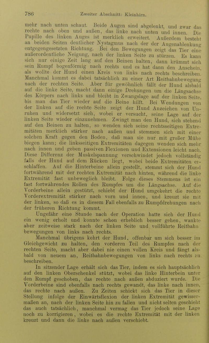 mehr nach unten schaut. Beide Augen sind abgelenkt, und zwar das rechte nach oben und außen, das linke nach unten und innen Dif» Pupille des linken Auges ist merklich erweitert. Außerdem besteht an beiden Seiten deutlicher Nystagmus nach der der Augenablenkun'^ entgegengesetzten Richtung. Bei den Bewegungen zeigt das Tier ein^ außerordentliche Neigung, nach der linken Seite zu stürzen. Es kann sich nur einige Zeit lang auf den Beinen halten, dann krümmt sich sein Rumpf bogenförmig nach rechts und es hat dann den Anschein, als wollte der Hund einen Kreis von links nach rechts beschreibeii Manchmal kommt es dabei tatsächlich zu einer Art Reitbahnbewegun- nach der rechten Seite. Aber für gewöhnlich fällt der Hund alsbald auf die linke Seite, macht dann einige Drehungen um die Längsachse des Körpers nach links und bleibt in Zwangslage auf der linken Seite, bis mau das Tier wieder auf die Beine hilft. Bei Wendungen von der linken auf die rechte Seite zeigt der Hund Anzeichen von Un- ruhen und widersetzt sich, wobei er versucht, seine Lage auf der linken Seite wieder einzunehmen. Zwingt man den Hund, sich stehend auf den Beineu zu halten, so wenden sich seine rechtsseitigen Extre- mitäten merklich stärker nach außen und stemmen sich mit einer solchen Kraft gegen den Boden, daß man sie nur mit großer Mühe biegen kann; die linksseitigen Exti-emitäten dagegen wenden sich mehr nach innen und geben passiven Flexionen und Extensionen leicht nach. Diese Differenz der Muskelspannuug verschwindet jedoch vollständig falls der Hund auf dem Rücken liegt, wobei beide Extremitäten er- schlaffen. Auf die Hinterbeine allein gestellt, stemmt sich der Hund fortwährend mit der rechten Extremität nach hinten, während die linke Extremität fast unbeweglich bleibt. Folge dieses Stemmens ist ein fast fortwährendes Rollen des Rumpfes um die Längsachse. Auf die Yorderbeine allein gestützt, schiebt der Hund umgekehrt die rechte Vorderextremität stärker nach vorn und innen, und kreuzt sie mit der linken, so daß es in diesem Fall ebenfalls zu Rumpfdrehungen nach der früheren Richtung kommt. Ungefähr eine Stunde nach der Operation hatte sich der Hund ein wenig erholt und konnte schon erheblich besser gehen, wankte aber zeitweise stark nach der linken Seite und vollführte Reitbahn bewegungen von links nach rechts. Manchmal übrigens kehrt der Hund, offenbar um sich besser im Gleichgewicht zu halten, den vorderen Teil des Rumpfes nach der rechten Seite, macht aber dabei nie einen vollen Kreis und fängt als- bald von neuem an, Reitbahnbewegungen von links nach rechts zu beschreiben. In sitzender Lage erhält sich das Tier, indem es sich hauptsächlich auf den linken Oberschenkel stützt, wobei das linke Hinterbein unter den Rumpf geschoben, das rechte nach außen abduziert wurde. Die Vorderbeine sind ebenfalls nach rechts gewandt, das linke nach innen, das rechte nach außen. Zu Zeiten schickt sich das Tier in dieser Stellung infolge der Einwärtsflexion der linken Extremität gewisser- maßen an, nach der linken Seite hin zu fallen und nicht selten geschieht das auch tatsächlich, manchmal vermag das Tier jedoch seine Lage noch zu korrigieren, wobei es die rechte Extremität mit der linken kreuzt und dann die linke nach außen verschiebt.