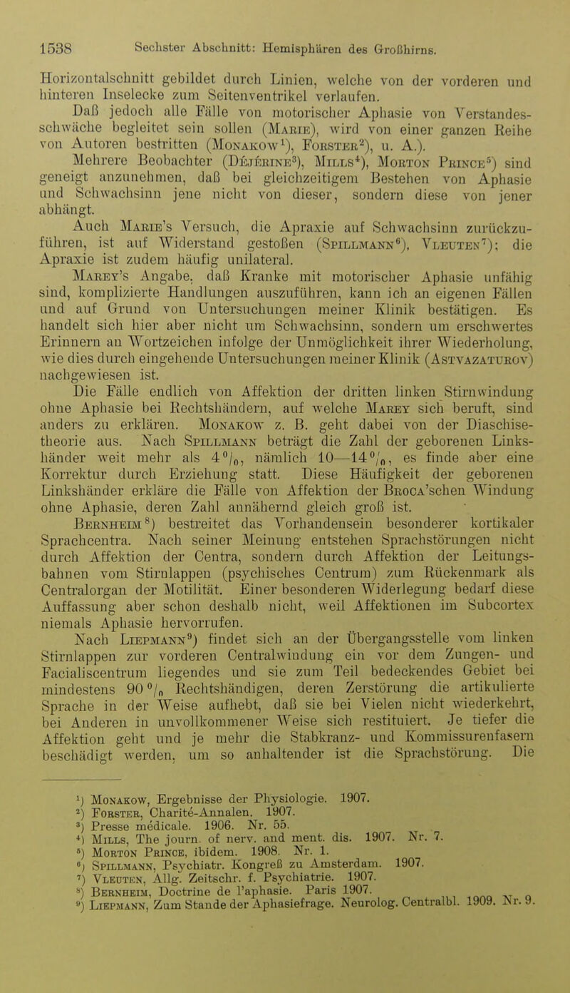 Horizontalschnitt gebildet durch Linien, welche von der vorderen und hinteren Inselecke zum Seitenventrikol verlaufen. Daß jedoch allo Fälle von motorischer Aphasie von Verstandes- schwäche begleitet sein sollen (Maeik), wird von einer ganzen Reihe von Autoren bestritten (Monakow^), Forster2), u. A.). Mehrere Beobachter (Dejerine^), Mills*), Morton Prince^j sind geneigt anzunehmen, daß bei gleichzeitigem Bestehen von Aphasie und Schwachsinn jene nicht von dieser, sondern diese von jener abhängt. Auch Marie's Versuch, die Apraxie auf Schwachsinn zurückzu- führen, ist auf Widerstand gestoßen (Spillmann;, Vleuten'^); die Apraxie ist zudem häufig unilateral. Marey's Angabe, daß Kranke mit motorischer Aphasie unfähig sind, komplizierte Handlungen auszuführen, kann ich an eigenen Fällen und auf Grund von Untersuchungen meiner Klinik bestätigen. Es handelt sich hier aber nicht um Schwachsinn, sondern um erschwertes Erinnern an Wortzeichen infolge der Unmöglichkeit ihrer Wiederholung, wie dies durch eingehende Untersuchungen meiner Klinik (Astvazaturüv) nachgewiesen ist. Die Fälle endlich von Affektion der dritten linken Stirnwindung ohne Aphasie bei Rechtshändern, auf welche Marey sich beruft, sind anders zu erklären. Monakow z. B. geht dabei von der Diaschise- tbeorie aus. Nach Spillmann beträgt die Zahl der geborenen Links- händer weit mehr als 4''/o, nämlich 10—14/n, es finde aber eine Korrektur durch Erziehung statt. Diese Häufigkeit der geborenen Linkshänder erkläre die Fälle von Affektion der BEOCA'schen Windung ohne Aphasie, deren Zahl annähernd gleich groß ist. Bernheim^) bestreitet das Vorhandensein besonderer kortikaler Sprachcentra. Nach seiner Meinung entstehen Sprachstörungen nicht durch Affektion der Centra, sondern durch Affektion der Leitungs- bahnen vom Stirnlappen (psychisches Centrum) zum Rückenmark als Centralorgau der Motilität. Einer besonderen Widerlegung bedarf diese Auffassung aber schon deshalb nicht, weil Affektionen im Subcortex niemals Aphasie hervorrufen. Nach LiEPMANN^) findet sich an der Übergangsstelle vom linken Stirnlappen zur vorderen Centraiwindung ein vor dem Zungen- und Facialiscentrum liegendes und sie zum Teil bedeckendes Gebiet bei mindestens 90 Rechtshändigen, deren Zerstörung die artikulierte Sprache in der Weise aufhebt, daß sie bei Vielen nicht wiederkehrt, bei Anderen in unvollkommener Weise sich restituiert. Je tiefer die Affektion geht und je mehr die Stabkranz- und Kommissurenfaseiii beschädigt werden, um so anhaltender ist die Sprachstörung. Die Monakow, Ergebnisse der Physiologie. 1907. *) Förster, Charite-Annalen. 1907. ») Presse medicale. 1906. Nr. 55. *) Mills, The journ. of nerv, and ment. dis. 1907. Nr. 7. *) Morton Prince, ibidem. 1908. Nr. 1. Spillmann, Psychiatr. Kongreß zu Amsterdam. 1907. ') Vledten, Allg. Zeitschr. f. Psychiatrie. 1907. ) Bernheim, Doctrine de l'aphasie. Paris 1907. «) Liepmann, Zum Stande der Aphasiefrage. Neurolog. Centralbl. 1909.