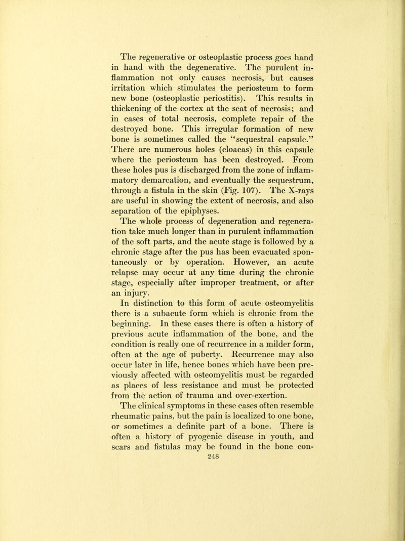 The regenerative or osteoplastic process goes hand in hand with the degenerative. The purulent in- flammation not only causes necrosis, but causes irritation which stimulates the periosteum to form new bone (osteoplastic periostitis). This results in thickening of the cortex at the seat of necrosis; and in cases of total necrosis, complete repair of the destroyed bone. This irregular formation of new bone is sometimes called the sequestral capsule. There are numerous holes (cloacas) in this capsule where the periosteum has been destroyed. From these holes pus is discharged from the zone of inflam- matory demarcation, and eventually the sequestrum, through a fistula in the skin (Fig. 107). The X-rays are useful in showing the extent of necrosis, and also separation of the epiphyses. The whole process of degeneration and regenera- tion take much longer than in purulent inflammation of the soft parts, and the acute stage is followed by a chronic stage after the pus has been evacuated spon- taneously or by operation. However, an acute relapse may occur at any time during the chronic stage, especially after improper treatment, or after an injury. In distinction to this form of acute osteomyelitis there is a subacute form which is chronic from the beginning. In these cases there is often a history of previous acute inflammation of the bone, and the condition is really one of recurrence in a milder form, often at the age of puberty. Recurrence may also occur later in life, hence bones which have been pre- viously affected with osteomyelitis must be regarded as places of less resistance and must be protected from the action of trauma and over-exertion. The clinical symptoms in these cases often resemble rheumatic pains, but the pain is localized to one bone, or sometimes a definite part of a bone. There is often a history of pyogenic disease in youth, and scars and fistulas may be found in the bone con-