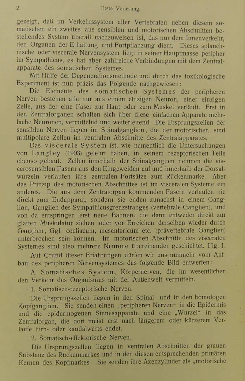 gezeigt, daß im Verkehrssystem aller Vertebraten neben diesem so- matischen ein zweites aus sensiblen und motorischen Abschnitten be- stehendes System überall nachzuweisen ist, das nur dem Innenverkehr, den Organen der Erhaltung und Fortpflanzung dient. Dieses splanch- nische oder viscerale Nervensystem liegt in seiner Hauptmasse peripher im Sympathicus, es hat aber zahlreiche Verbindungen mit dem Zentral- apparate des somatischen Systemes. Mit Hülfe der Degenerationsmethode und durch das toxikologische Experiment ist nun präzis das Folgende nachgewiesen: Die Elemente des somatischen Systemes der peripheren Nerven bestehen alle nur aus einem einzigen Neuron, einer einzigen Zelle, aus der eine Faser zur Haut oder zum Muskel verläuft. Erst in den Zentralorganen schalten sich über diese einfachen Apparate mehr- fache Neuronen, vermittelnd und weiterleitend. Die Ursprungszellen der sensiblen Nerven liegen im Spinalganglion, die der motorischen sind multipolare Zellen im ventralen Abschnitte des Zentralapparates. Das viscerale System ist, wie namentlich die Untersuchungen von Langley (1903) gelehrt haben, in seinem rezeptorischen Teile ebenso gebaut. Zellen innerhalb der Spinalganglien nehmen die vis- cerosensiblen Fasern aus den Eingeweiden auf und innerhalb der Dorsal- wurzeln verlaufen ihre zentralen Fortsätze zum Rückenmarke. Aber das Prinzip des motorischen Abschnittes ist im visceralen Systeme ein anderes. Die aus dem Zentralorgan kommenden Fasern verlaufen nie direkt zum Endapparat, sondern sie enden zunächst in einem Gang- lion, Ganglien des Sympathicusgrenzstranges (vertebrale Ganglien), und von da entspringen erst neue Bahnen, die dann entweder direkt zur glatten Muskulatur ziehen oder vor Erreichen derselben wieder durch Ganglien, Ggl. coeliacum, mesentericum etc. (prävertebrale Ganglien) unterbrochen sein können. Im motorischen Abschnitte des visceralen Systemes sind also mehrere Neurone übereinander geschichtet. Fig. 1. Auf Grund dieser Erfahrungen dürfen wir uns nunmehr vom Auf- bau des peripheren Nervensystemes das folgende Bild entwerfen: A. Somatisches System, Körpernerven, die im wesentlichen den Verkehr des Organismus mit der Außenwelt vermitteln. 1. Somatisch-rezeptorische Nerven. Die Ursprungszellen liegen in den Spinal- und in den homologen Kopfganglien. Sie senden einen „peripheren Nerven in die Epidermis und die epidermogenen Sinnesapparate und eine „Wurzel in das Zentralorgan, die dort meist erst nach längerem oder kürzerem Ver- laufe hirn- oder kaudalwärts endet. 2. Somatisch-effektorische Nerven. Die Ursprungszellen liegen in ventralen Abschnitten der grauen Substanz des Rückenmarkes und in den diesen entsprechenden primären Kernen des Kopfmarkes. Sie senden ihre Axenzylinder als „motorische