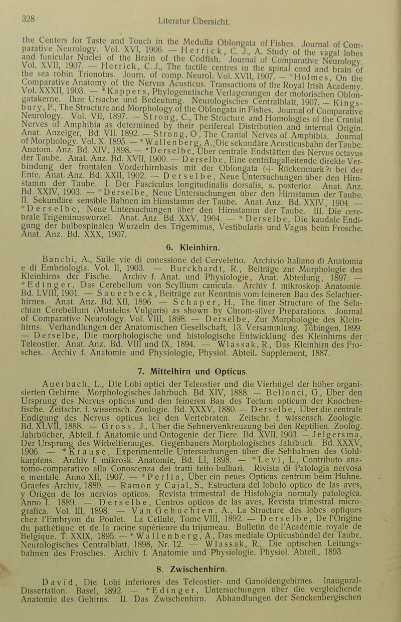Ente. Anat. Anz. Bd. XXII, 1902. — Derselbe, Neue Untersuchungen über den Hirn- stamm der Taube. I. Der Fasciculus longitudinalis dorsalis, s. posterior. Anat. Anz Bd. XXIV, 1903. — *Derselbe, Neue Untersuchungen über den Hirnstamm der Taube II. Sekundäre sensible Bahnen im I lirnstamm der Taube. Anat. Anz. Bd. XXIV, 1904 — ♦Derselbe, Neue Untersuchungen über den Hirnstamm der Taube. III.'Die cere- brale Trigeminuswurzel. Anat. Anz. Bd. XXV, 1904. — * Derselbe, Die kaudale Endi- gung der bulbospinalen Wurzeln des Trigeminus, Vestibularis und Vagus beim Frosche Anat. Anz. Bd. XXX, 1907. ^ Banchi, A., Sülle vie di conessione del Cerveletto. Archivio Italiano di Anatomia e di Embriologia. Vol. II, 1903. — Burckhardt, R., Beiträge zur Morphologie des Kleinhirns der Fische. Archiv f. Anat. und Physiologie, Anat. Abteilung,' 1897. — * E d i n g e r, Das Cerebellum von Scyllium canicula. Archiv f. mikroskop. Anatomie. Bd. LVIII, 1901. — Sauerbeck, Beiträge zur Kenntnis vom feineren Bau des Selachier- hirnes. Anat. Anz. Bd. XII, 1896. — Schaper, H., The finer Structure of the Sela- chian Cerebellum (Mustelus Vulgaris) as shown by Chrom-silver Preparations. Journal of Comparative Neurology. Vol. VIII, 1898. — Derselbe, Zur Morphologie des Klein- hirns. Verhandlungen der Anatomischen Gesellschaft, 13. Versammlung. Tübingen, 1899. — Derselbe, Die morphologische und histologische Entwicklung des Kleinhirns der Teleostier. Anat. Anz. Bd. VIII und IX, 1894. — Wlassak,R., Das Kleinhirn des Fro- sches. Archiv f. Anatomie und Physiologie, Physiol. Abteil. Supplement, 1887. Auerbach, L., Die Lobi optici der Teleostier und die Vierhügel der höher organi- sierten Gehirne. Morphologisches Jahrbuch. Bd. XIV, 1888. — Bellonci, G., Über den Ursprung des Nervus opticus und den feineren Bau des Tectum opticum der Knochen- fische. Zeitschr. f. wissensch. Zoologie. Bd. XXXV, 1880. — Derselbe, Über die centrale Endigung des Nervus opticus bei den Vertebraten. Zeitschr. f. wissensch. Zoologie. Bd. XLVII, 1888. — Gross, J., Über die Sehnervenkreuzung bei den Reptilien. Zoolog. Jahrbücher, Abteil, f. Anatomie und Ontogenie der Tiere. Bd. XVII, 1903. — Jelgersma, Der Ursprung des Wirbeltierauges. Gegenbauers Morphologisches Jahrbuch. Bd. XXXV, 1906. — *Krause, Experimentelle Untersuchungen über die Sehbahnen des Gold- karpfens. Archiv f. mikrosk. Anatomie, Bd. LI, 1898. — *Levi, L., Contributo ana- tomo-comparativo alla Conoscenza dei tratti tetto-bulbari. Rivista di Patologia nervosa e mentale. Anno XII, 1907. — * P e r 1 i a , Über ein neues Opticus centrum beim Huhne. Graefes Archiv, 1889. — Ramon y Cajal,S., Estructura de! lobulo optico de las aves, y Origen de los nervios opticos. Revista trimestral de Histologia normaly patologica. Anno I. 1889. — Derselbe, Centros opticos de las aves, Revista trimestral micro- grafica. Vol. III, 1898. — Van Gebuchten, A., La Structure des lobes optiques chez l'Embryon du Poulet. La Cellule, Tome VIII, 1892. — Derselbe, De l'Origine du pathetique et de la racine superieure du trijumeau. Bulletin de l'Academie royale de Belgique. T. XXIX, 1895. — * Wa 11 e n b e r g, A., Das mediale Opticusbündel der Taube. Neurologisches Centraiblatt, 1898, Nr. 12. — Wlassak, R., Die optischen Leitungs- bahnen des Frosches. Archiv f. Anatomie und Physiologie, Physiol. Abteil., 1893. David, Die Lobi inferiores des Teleostier- und Ganoidengehirnes. Inaugural- Dissertation. Basel, 1892. — *Edinger, Untersuchungen über die vergleichende Anatomie des Gehirns. II. Das Zwischenhirn. Abhandlungen der Senckenbergischen 6. Kleinhirn. 7. Mittelhirn und Opticus. 8. Zwischenhirn.