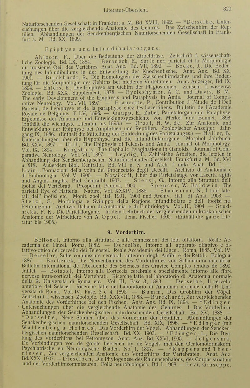 Naturforschenden Gesellscliaft in Franith.rt a. M. Bd. XVIil, 1892. - *Derselbe,, Unter- suchungen über die vergleichende Anatomie des Gehirns. Das Zwischenhirn der Rep- tilien Abhandhingen der Sencitenbergischen Naturforschenden Gesellschaft in Frank- furt a. M. Bd. XX, 1899. Epiphyse und Infundibularorgane. Ahlborn F Über die Bedeutung der Zirbeldrüse. Zeitschrift f. wissenschaft- liche Zoologie. Bd. LX. 1884. - Beraneck, E., Sur le nerf parietal et ia Morphologie du troisieme Oei! des Vertebres. Anat. Anz. Bd. Vil, 1892. — Boeke, J., Die Bedeu- tung des Infundibulums in der Entwicklung der Knochenfische. Anat. Anz. Bd. XX, 1901 — Burckhardt, R., Die Homologien des Zwischenhirndaches und ihre Bedeu- tung für die Morphologie des Gehirns bei niederen Vertebraten. Anat. Anzeiger, Bd. IX, 1894 — Ehlers, E, Die Epiphyse am Gehirn der Plagiostomen. Zeitschr. f. wissenw. Zoologie. Bd. XXX, Supplement, 1878. — Eycleshymer, A. C. and Davis, B. M., The early Development of the Epiphysis and Paraphysis in Amia. Journal of Compa- rative Neurology. Vol. VII, 1897. — Francotte, F., Contribution h l'etude de l'Oeil Parietal, de l'epiphyse et de la paraphyse chez les Lacertiliens. Bulletin de l'Academie Royale de Belgique. T. LV, 1896. — Gaupp, E., Zirbel, Parietalorgan und Paraphyse. Ergebnisse der Anatomie und Entwicklungsgeschichte von Merkel und Bonnet, 1898. (Enthält die wichtigste Literatur bis 1898.) — Graaf, H. W. de, Zur Anatomie und Entwicklung der Epiphyse bei Amphibien und Reptilien. Zoologischer Anzeiger. Jahr- gang IX, 1886. (Enthält die Mitteilung der Entdeckung des Parietalauges.) — Ha 11 er, B., Untersuchungen über die Hypophyse und die Infundibularorgane. Morphol. Jahrbuch. Bd. XXV, 1897. — Hill, The Epiphysis of Teleosts and Amia. Journal of Morphology. Vol. IX, 1894. — Kingsbury, The Cephalic Evaginations in Ganoids. Journal of Com- parative Neurology. Vol. VII, 1897. — Leydig, F., Zahlreiche Arbeiten, die letzten in Abhandlung der Senckenbergischen Naturforschenden Gesellsch. Frankfurt a. M. Bd. XVI u. XIX. Außerdem Biol. Centralbl. Bd. VIIl u. X und Arch. f. mikr. Anat. Bd. L. — Livini. Formazioni della volta del Proencefalo degli Uccelli. Archivio di Anatomia e di Embriologia. Vol. V, 1906. — Nowikoff, Über das Parietalauge von Lacerta agilis und Anguis fragilis. Biol. Centralbl. 1907. — S t e r z i, G., Intorno alla Struttura dell' Ipofisi dei Vertebrati. Prosperini, Padova, 1904. — Spencer, W. Baldwin, The parietal Eye of Hatteria. Nature, Vol. XXXIV, 1886. — S t a d e r i n i, N., I lobi late- rali deir ipofisi etc. Monit. zool. ital. 1901, 1903 und Archiv, ital. di Anat. 1903. — Sterzi, G., Morfologia e Sviluppo della Regione infundibolare e dell' Ipofisi nei Petromizonti. Archivio Italiano di Anatomia e di Embriologia. Vol. III, 1904. — Stud- nicka, F. K., Die Parietalorgane. In dem Lehrbuch der vergleichenden mikroskopischen Anatomie der Wirbeltiere von A. Oppel. Jena, Fischer, 1905. (Enthält die ganze Lite- ratur bis 1905.) 9. Vorderhirn. Bellonci, Intorno alla struttura e alle connessioni dei lobi olfattorii. Reale Ac- cademia dei Lincei. Roma, 1882. — Derselbe, Intorno all' apparato olfattivo e ol- fattivo-ottico del cervello dei Teleostei. Reale Accademia dei Lincei. Roma, 1885. Vol. IV. — Derselbe, Sülle commissure cerebral! anteriori degli Anfibi e dei Rettiii. Bologna, 1887. — Bochenek, Die Nervenbahnen des Vorderhirnes von Salamandra maculosa. Bulletin international de l'Academie des Sciences des Cravice Comptes rendus de 1899. Juillet. — Botazzi, Intorno alla Corteccia cerebrale e specialmente intorno alle fibre nervöse intra-corticali dei Vertebrati. Ricerche fatte nel laboratorio di Anatomia normale della R. Universitä di Roma etc. Vol. III, Fase. 3, 1893. — Derselbe, II cervello anteriore del Selacei. Ricerche fatte nel Laboratorio di Anatomia normale della R. Uni- versitä di Roma. Vol. IV, Fase. 3 e 4, 1895. — B u m m, Das Großhirn der Vögel. Zeitschrift f. wissensch. Zoologie. Bd. XXXVIII, 1883. — Burckhardt, Zur vergleichenden Anatomie des Vorderhirnes bei den Fischen. Anat. Anz. Bd. IX, 1894. — *Edinger, Untersuchungen über die vergleichende Anatomie des Gehirnes. I. Das Vorderhirn. Abhandlungen der Senckenbergischen naturforschenden Gesellschaft. Bd. XV, 1888. — *Derselbe, Neue Studien über das Vorderhirn der ReptiHen. Abhandlungen der Senckenbergischen naturforschenden Gesellschaft. Bd. XIX, 1896. — *Edinger (mit Wallenberg u. Holmes), Das Vorderhirn der Vögel. Abhandlungen der Sencken- bergischen naturforschenden Gesellschaft. Bd. XX, 1903. — * E d i n g e r, L., Die Deu- tung des Vorderhirns bei Petromyzon. Anat. Anz. Bd. XXVI, 1905. — Jelgersma, De Verbindingen von de groote hersenen by de Vogels met den Oculomotoriuskern. Psychiatrische en Neurologische Bladen. No. 1, 1897. — *Kappers undTheu- n i s s e n , Zur vergleichenden Anatomie des Vorderhirns der Vertebraten. Anat. Anz. Bd. XXX, 1907. — Dieselben, Die Phylogenese des Rhinencephalons, des Corpus striatum und der Vorderhirncommissuren. Folia neurobiologica. Bd. 1. 1908. — Levi, Giuseppe,