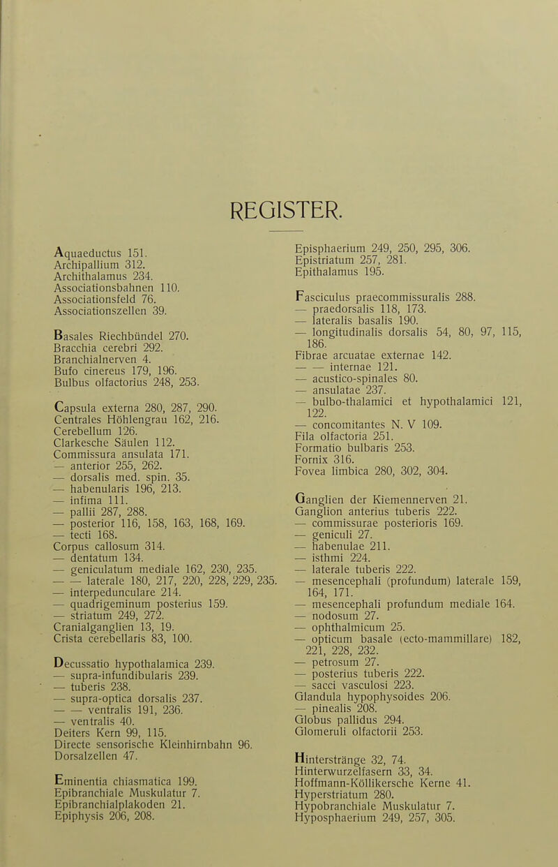 REGISTER. Aquaeductus 151. Archipallium 312. Archithalamus 234. Associationsbahnen 110. Associationsfeld 76. Associationszellen 39. Basales Riechbündel 270. Bracchia cerebri 292. Branchialnerven 4. Bufo cinereus 179, 196. Bulbus olfactorius 248, 253. Capsula externa 280, 287, 290. Centrales Höhlengrau 162, 216. Cerebellum 126. Clarkesche Säulen 112. Commissura ansulata 171. — anterior 255, 262. — dorsalis med. spin. 35. — habenularis 196, 213. — infima III. — pallii 287, 288. — posterior 116, 158, 163, 168, 169. — tecti 168. Corpus callosum 314. — dentatum 134. — geniculatum mediale 162, 230, 235. laterale 180, 217, 220, 228, 229, 235. — interpedunculare 214. — quadrigeminum posterius 159. — striatum 249, 272. Cranialganglien 13, 19. Crista cerebellaris 83, 100. Decussatio hypothalamica 239. — supra-infundibularis 239. — tuberis 238. — supra-optica dorsalis 237. ventraHs 191, 236. — ventralis 40. Deiters Kern 99, 115. Directe sensorische Kleinhirnbahn 96. Dorsalzellen 47. Episphaerium 249, 250, 295, 306. Epistriatum 257, 281. Epithalamus 195. Fasciculus praecommissuralis 288. — praedorsalis 118, 173. — lateralis basalis 190. — longitudinalis dorsalis 54, 80, 97, 115, 186. Fibrae arcuatae externae 142. internae 121. — acustico-spinales 80. — ansulatae 237. — bulbo-thalamici et hypothalamici 121, 122. — concomitantes N. V 109. Fila olfactoria 251. Formatio bulbaris 253. Fornix 316. Fovea limbica 280, 302, 304. Ganglien der Kiemennerven 21. Ganglion anterius tuberis 222. — commissurae posterioris 169. — geniculi 27. — habenulae 211. — isthmi 224. — laterale tuberis 222. — mesencephali (profundum) laterale 159, 164, 171. — mesencephali profundum mediale 164. — nodosum 27. — ophthalmicum 25. — opticum basale (ecto-mammillare) 182, 221, 228, 232. — petrosum 27. — posterius tuberis 222. — sacci vasculosi 223. Glandula hypophysoides 206. — pinealis 208. Globus pallidus 294. Glomeruli olfactorii 253. Hinterstränge 32, 74. Hinterwurzelfasern 33, 34. Hoffmann-Köllikersche Kerne 41. Hyperstriatum 280. Hypobranchiale Muskulatur 7. Hyposphaerium 249, 257, 305. Eminentia chiasmatica 199. Epibranchiale Muskulatur 7. Epibranchialplakoden 21. Epiphysis 206, 208.