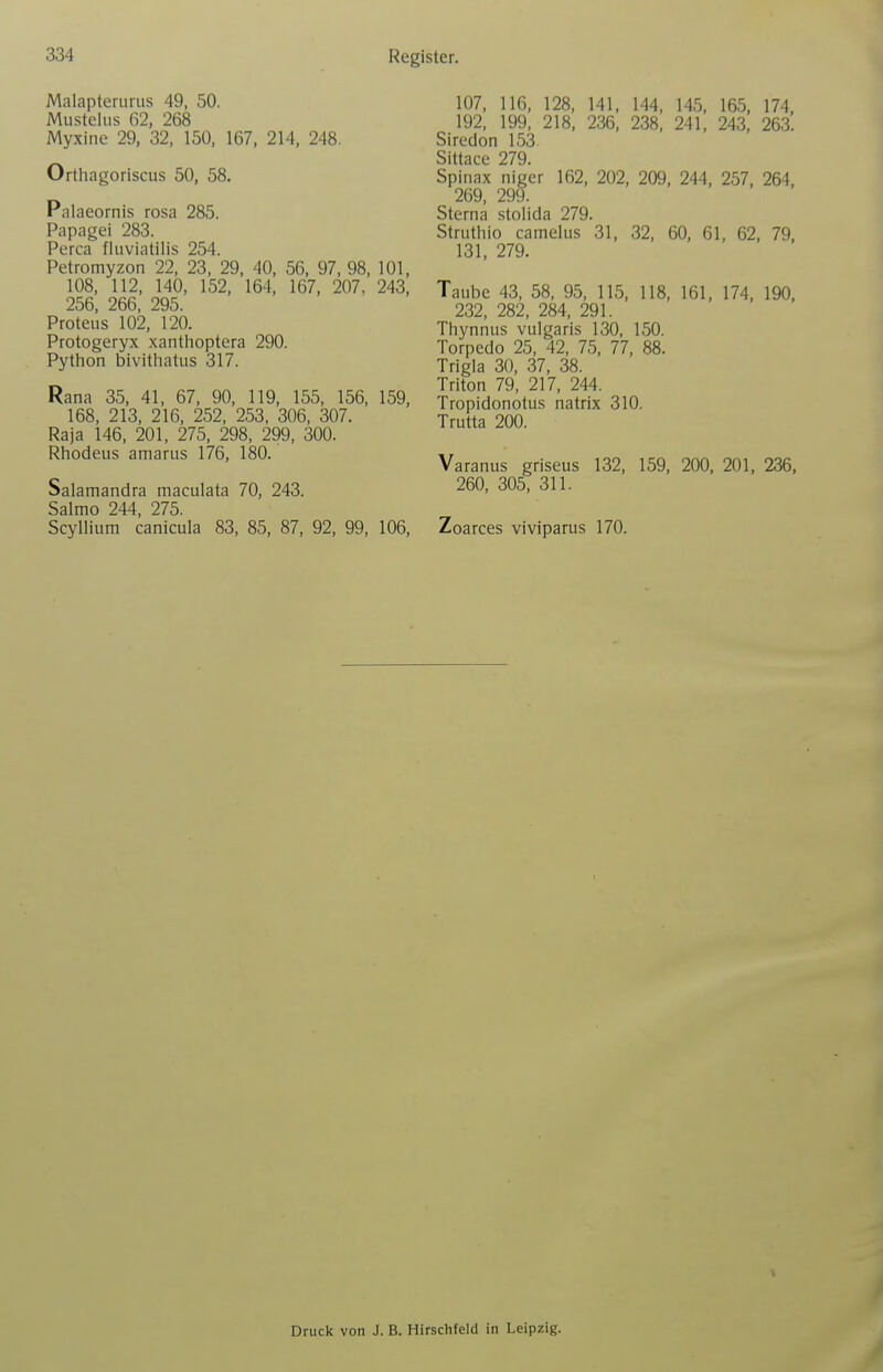 Malapteruriis 49, 50. Musteliis 62, 268 Myxine 29, 32, 150, 167, 214, 248. Orthagoriscus 50, 58. Palaeornis rosa 285. Papagei 283. Perca fluviatilis 254. Petromyzon 22, 23, 29, 40, 56, 97, 98, 101, 108, 112, 140, 152, 164, 167, 207, 243, 256, 266, 295. Proteus 102, 120. Protogeryx xanthoptera 290. Python bivithatus 317. Rana 35, 41, 67, 90, 119, 155, 156, 159, 168, 213, 216, 252, 253, 306, 307. Raja 146, 201, 275, 298, 299, 300. Rhodens amarus 176, 180. Salamandra maculata 70, 243. Salmo 244, 275. Scyllium canicula 83, 85, 87, 92, 99, 106, 107, 116, 128, 141, 144, 145, 165, 174, 192, 199, 218, 236, 238, 241, 243, 263. Siredon 153 Sittace 279. Spinax niger 162, 202, 209, 244, 257, 264, 269, 299. Sternä stolida 279. Struthio caineiiis 31, 32, 60, 61, 62, 79, 131, 279. Taube 43, 58, 95, 115, 118, 161, 174, 190, 232, 282, 284, 291. Thynnus vulgaris 130, 150. Torpedo 25, 42, 75, 77, 88. Trigla 30, 37, 38. Triton 79, 217, 244. Tropidonotus natrix 310. Trutta 200. Varanus griseus 132, 159, 200, 201, 236, 260, 305, 311. Zoarces viviparus 170. Druck von J. B. Hirschfeld in Leipzig.