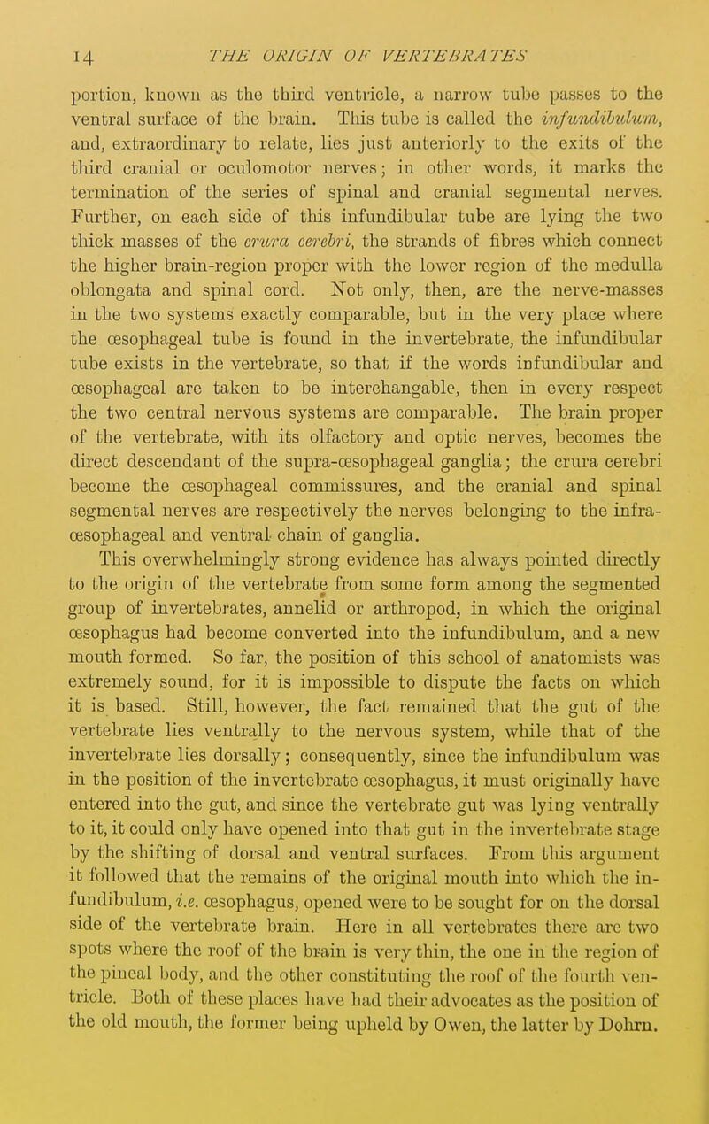 portion, kuowu as the third ventricle, a narrow tube passes to the ventral surface of the brain. This tube is called the infuiulihuhcm, and, extraordinary to relate, lies just anteriorly to the exits of the third cranial or oculomotor nerves; in otlier words, it marks the termination of the series of spinal and cranial segmental nerves. Further, on each side of this infundibular tube are lying the two thick masses of the crura cerebri, the strands of fibres which connect the higher brain-region proper with the lower region of the medulla oblongata and spinal cord. Not only, then, are the nerve-masses in the two systems exactly comparable, but in the very place where the oesophageal tube is found in the invertebrate, the infundibular tube exists in the vertebrate, so that if the words infundibular and oesophageal are taken to be interchangable, then in every respect the two central nervous systems are comparable. The brain proper of the vertebrate, with its olfactory and optic nerves, becomes the direct descendant of the supra-cesophageal ganglia; the crura cerebri become the oesophageal commissures, and the cranial and spinal segmental nerves are respectively the nerves belonging to the infra- cesophageal and ventral chain of ganglia. This overwhelmingly strong evidence has always pointed directly to the origin of the vertebrate from some form among the segmented group of invertebi-ates, annelid or arthropod, in which the original oesophagus had become converted into the infundibulum, and a new mouth formed. So far, the position of this school of anatomists was extremely sound, for it is impossible to dispute the facts on which it is based. Still, however, the fact remained that the gut of the vertebrate lies ventrally to the nervous system, while that of the invertebrate lies dorsally; consequently, since the infundibulum was in the position of the invertebrate oesophagus, it must originally have entered into the gut, and since the vertebrate gut was lying ventrally to it, it could only have opened into that gut in the invertebrate stage by the shifting of dorsal and ventral surfaces. From this argument it followed that the remains of the original mouth into wliich the in- fundibulum, i.e. oesophagus, opened were to be sought for on the dorsal side of the vertelirate brain. Here in all vertebrates there are two spots where the roof of the brain is very thin, the one in the region of the pineal body, and the other constituting the roof of the fourth ven- tricle. Both of these places have had their advocates as the position of the old mouth, the former being upheld by Owen, the latter by Dolim.