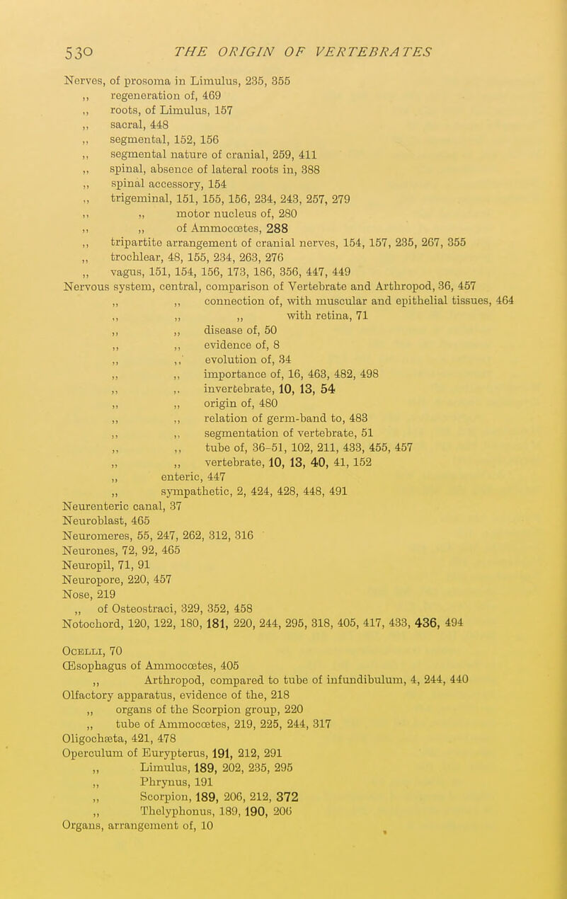 Nerves, of prosoma in Limulus, 235, 355 ,, regenoratiou of, 469 ,, roots, of Limulus, 157 „ sacral, 448 „ segmental, 152, 156 ,, segmental nature of cranial, 259, 411 ,, spinal, absence of lateral roots in, 388 „ spinal accessory, 164 trigeminal, 151, 155,156, 234, 243, 257, 279 „ motor nucleus of, 280 ,, ,, of AmmoccBtes, 288 ,, tripartite arrangement of cranial nerves, 154, 157, 235, 267, 355 trochlear, 48, 155, 234, 263, 276 vagus, 151, 154, 156, 173, 186, 356, 447, 449 Nervous system, central, comparison of Vertebrate and Arthropod, 36, 457 ,, connection of, with muscular and epithelial tissues, 464 ,, ,, with retina, 71 ,, disease of, 50 ,, evidence of, 8 ,,' evolution of, 34 ,, importance of, 16, 463, 482, 498 ,. invertebrate, 10, 13, 54 ,, origin of, 480 ,, relation of germ-band to, 483 ,, segmentation of vertebrate, 51 tube of, 36-51, 102, 211, 433, 455, 457 „ vertebrate, 10, 13, 40, 41, 152 enteric, 447 sympathetic, 2, 424, 428, 448, 491 Neurenteric canal, 37 Neuroblast, 465 Neuromeres, 55, 247, 262, 312, 316 Neurones, 72, 92, 465 Neuropil, 71, 91 Neuropore, 220, 457 Nose, 219 „ of Osteostraci, 329, 352, 458 Notochord, 120, 122, 180, 181, 220, 244, 295, 318, 405, 417, 433, 436, 494 Ocelli, 70 CEsophagus of Ammoccetes, 405 ,, Arthropod, compared to tube of iufundibulum, 4, 244, 440 Olfactory apparatus, evidence of the, 218 ,, organs of the Scorpion group, 220 „ tube of Ammoccetes, 219, 225, 244, 317 OligochEeta, 421, 478 Operculum of Eurypterus, 191, 212, 291 Limulus, 189, 202, 235, 295 „ Phryuus, 191 Scorpion, 189, 206, 212, 372 Tholyphonus, 189, 190, 206 Organs, arrangement of, 10