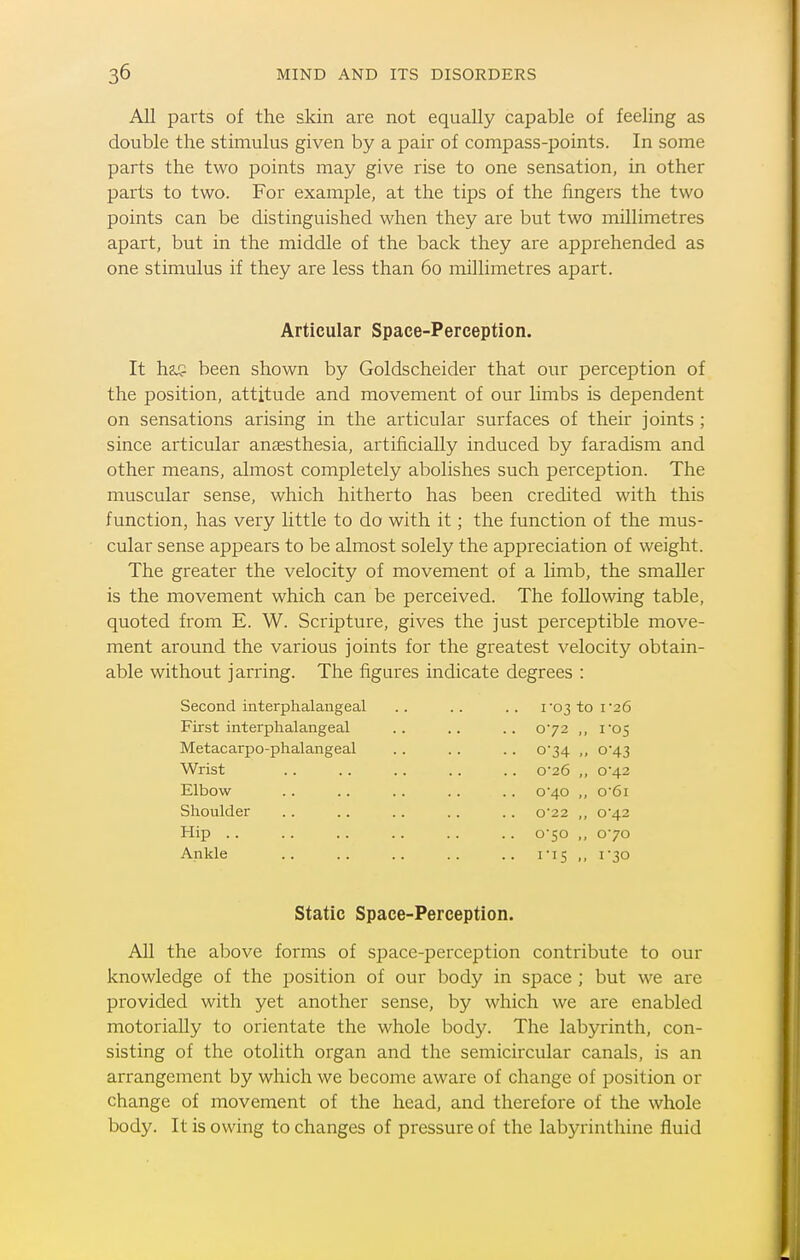 All parts of the skin are not equally capable of feeling as double the stimulus given by a pair of compass-points. In some parts the two points may give rise to one sensation, in other parts to two. For example, at the tips of the fingers the two points can be distinguished when they ai'e but two millimetres apart, but in the middle of the back they are apprehended as one stimulus if they are less than 60 millimetres apart. Articular Space-Perception. It hgj? been shown by Goldscheider that our perception of the position, attitude and movement of our limbs is dependent on sensations arising in the articular surfaces of their joints ; since articular anaesthesia, artificially induced by faradism and other means, almost completely abolishes such perception. The muscular sense, which hitherto has been credited with this function, has very little to do with it; the function of the mus- cular sense appears to be almost solely the appreciation of weight. The greater the velocity of movement of a limb, the smaller is the movement which can be perceived. The following table, quoted from E. W. Scripture, gives the just perceptible move- ment around the various joints for the greatest velocity obtain- able without jarring. The figures indicate degrees : Second interphalangeal First interphalangeal Metacarpo-phalangeal Wrist Elbow- Shoulder Hip .. Ankle I'03 to I'26 072 0-34 0'26 0'40 0'22 0*50 ri5 I-OS 0- 43 042 o6i 0*42 070 1- 30 Static Space-Perception. All the above forms of space-perception contribute to our knowledge of the position of our body in space ; but we are provided with yet another sense, by which we are enabled motorially to orientate the whole body. The labyrinth, con- sisting of the otolith organ and the semicircular canals, is an arrangement by which we become aware of change of position or change of movement of the head, and therefore of the whole body. It is owing to changes of pressure of the labyrinthine fluid
