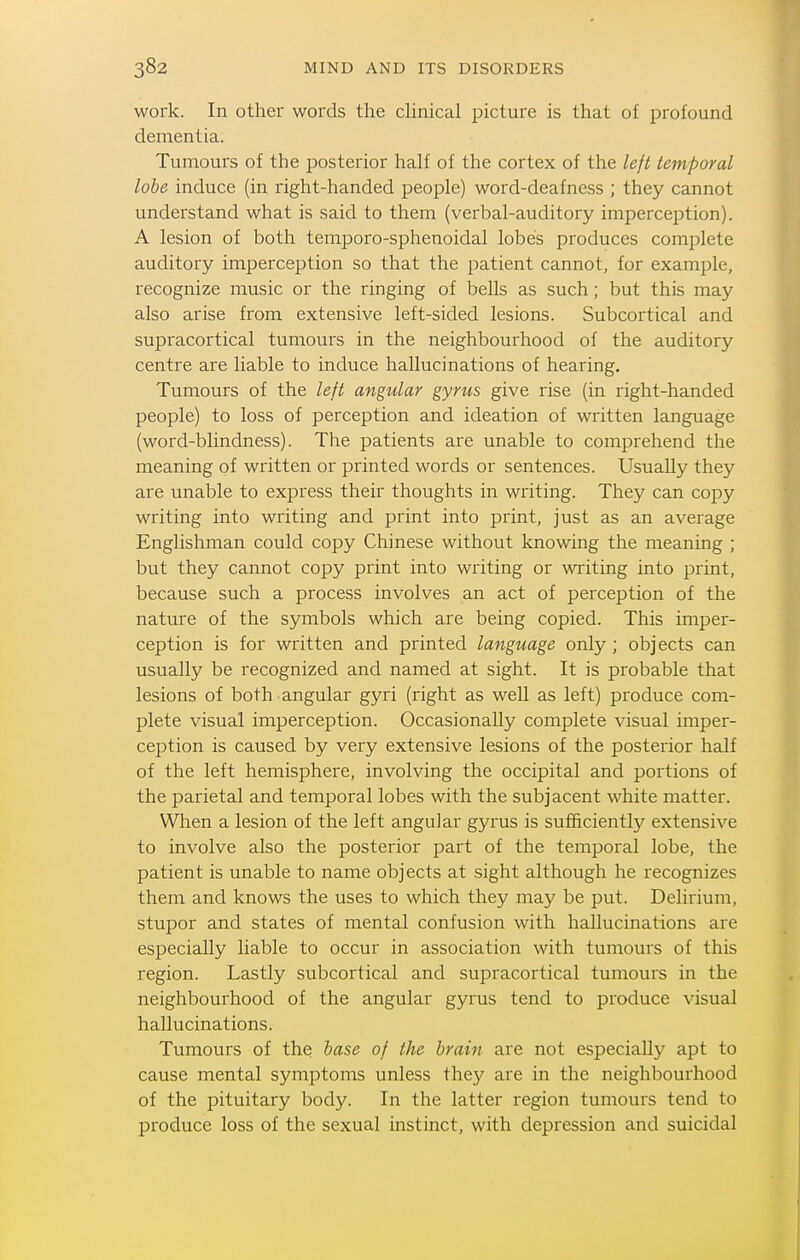 work. In other words the dinical picture is that of profound dementia. Tumours of the posterior lialf of the cortex of the lejt temporal lobe induce (in right-handed people) word-deafness ; they cannot understand what is said to them (verbal-auditory imperception). A lesion of both temporo-sphenoidal lobes produces complete auditory imperception so that the patient cannot, for example, recognize music or the ringing of bells as such; but this may also arise from extensive left-sided lesions. Subcortical and supracortical tumours in the neighbourhood of the auditory centre are liable to induce hallucinations of hearing. Tumours of the left angular gyrus give rise (in right-handed people) to loss of perception and ideation of written language (word-blindness). The patients are unable to comprehend the meaning of written or printed words or sentences. Usually they are unable to express their thoughts in writing. They can copy writing into writing and print into print, just as an average Englishman could copy Chinese without knowing the meaning ; but they cannot copy print into writing or writing into print, because such a process involves an act of perception of the nature of the symbols which are being copied. This imper- ception is for written and printed language only; objects can usually be recognized and named at sight. It is probable that lesions of both angular gyri (right as well as left) produce com- plete visual imperception. Occasionally complete visual imper- ception is caused by very extensive lesions of the posterior half of the left hemisphere, involving the occipital and portions of the parietal and temporal lobes with the subjacent white matter. When a lesion of the left angular gyrus is sufficiently extensive to involve also the posterior part of the temporal lobe, the patient is unable to name objects at sight although he recognizes them and knows the uses to which they may be put. Delirium, stupor and states of mental confusion with hallucinations are especially liable to occur in association with tumours of this region. Lastly subcortical and supracortical tumours in the neighbourhood of the angular gyrus tend to produce visual hallucinations. Tumours of the base of the brain are not especially apt to cause mental symptoms unless they are in the neighbourhood of the pituitary body. In the latter region tumours tend to produce loss of the sexual instinct, with depression and suicidal
