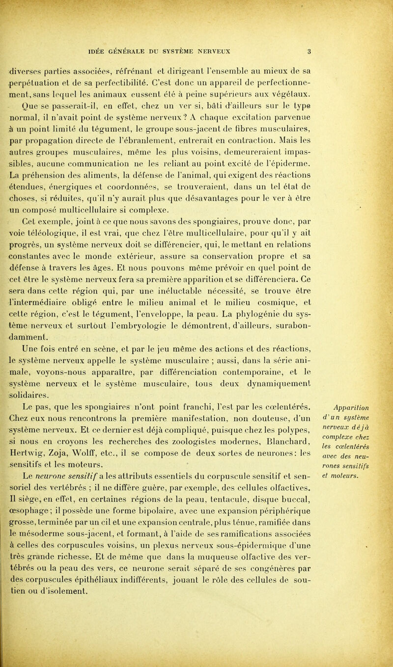 diverses parties associées, réfrénant et dirigeant Tensemble au mieux de sa perpétuation et de sa perfectibilité. C'est donc un appareil de perfectionne- ment, sans lequel les animaux eussent été à peine supérieurs aux végétaux. Que se passerait-il, en effet, chez un ver si, bâti d^'ailleurs sur le type normal, il n'avait point de système nerveux? A chaque excitation parvenue à un point limité du tégument, le groupe sous-jacent de fibres musculaires, par propagation directe de l'ébranlement, entrerait en contraction. Mais les autres groupes musculaires, même les plus voisins, demeureraient impas- sibles, aucune communication ne les reliant au point excité de l'épiderme. La préhension des aliments, la défense de l'animal, qui exigent des réactions étendues, énergiques et coordonnées, se trouveraient, dans un tel état de choses, si réduites, qu'il n'y aurait plus que désavantages pour le ver à être un composé multicellulaire si complexe. Cet exemple, joint à ce que nous savons des spongiaires, prouve donc, par voie téléologique, il est vrai, que chez l'être multicellulaire, pour qu'il y ait progrès, un système nerveux doit se différencier, qui, le mettant en relations constantes avec le inonde extérieur, assure sa conservation propre et sa défense à travers les âges. Et nous pouvons même prévoir en quel point de cet être le système nerveux fera sa première apparition et se différenciera. Ce sera dans cette région qui, par une inéluctable nécessité, se trouve être l'intermédiaire obligé entre le milieu animal et le milieu cosmique, et cette région, c'est le tégument, l'enveloppe, la peau. La phylogénie du sys- tème nerveux et surtout l'embryologie le démontrent, d'ailleurs, surabon- damment. Une fois entré en scène, et par le jeu même des actions et des réactions, le système nerveux appelle le système musculaire ; aussi, dans la série ani- male, voyons-nous apparaître, par différenciation contemporaine, et le système nerveux et le système musculaire, tous deux dynamiquement solidaires. Le pas, que les spongiaires n'ont point franchi, l'est par les cœlentérés. Chez eux nous rencontrons la première manifestation, non douteuse, d'un système nerveux. Et ce dernier est déjà compliqué, puisque chez les polypes, si nous en croyons les recherches des zoologistes modernes, Blanchard, Hertwig, Zoja, Wolflf, etc., il se compose de deux sortes de neurones: les sensitifs et les moteurs. Le neurone sensitif a les attributs essentiels du corpuscule sensilif et sen- soriel des vertébrés ; il ne diffère guère, par exemple, des cellules olfactives. Il siège, en effet, en certaines régions de la peau, tentacule, disque buccal, œsophage; il possède une forme bipolaire, avec une expansion périphérique grosse, terminée par un cil et une expansion centrale, plus ténue, ramifiée dans le mésoderme sous-jacent, et formant, à l'aide de ses ramifications associées à celles des corpuscules voisins, un plexus nerveux sous-épidermique d'une très grande richesse. Et de même que dans la muqueuse olfactive des ver- tébrés ou la peau des vers, ce neurone serait séparé de ses congénères par des corpuscules épithéliaux indifférents, jouant le rôle des cellules de sou- tien ou d'isolement. Apparition d'un système nerveux déjà complexe chez les cœlentérés avec des neu- rones sensitifs et moteurs.