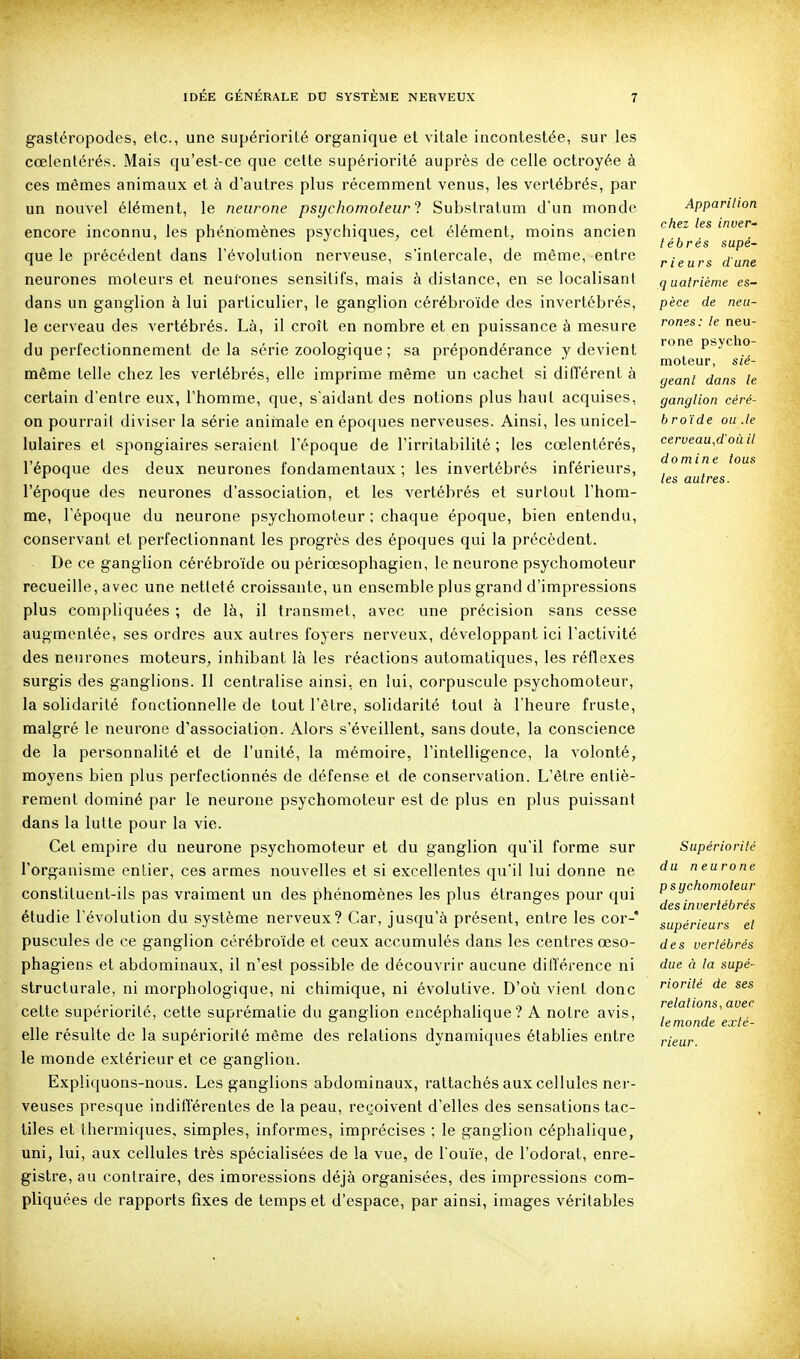 gastéropodes, etc., une supériorité organique et vitale incontestée, sur les cœlentérés. Mais qu'est-ce que celte supériorité auprès de celle octroyée à ces mêmes animaux et à d'autres plus récemment venus, les vertébrés, par un nouvel élément, le neurone psychomoteur'! Substratum d'un monde encore inconnu, les phénomènes psychiques, cet élément, moins ancien que le précédent dans l'évolution nerveuse, s'intercale, de même, entre neurones moteurs et neurones sensitifs, mais à distance, en se localisant dans un ganglion à lui particulier, le ganglion cérébroïde des invertébrés, le cerveau des vertébrés. Là, il croît en nombre et en puissance à mesure du perfectionnement delà série zoologique ; sa prépondérance y devient même telle chez les vertébrés, elle imprime même un cachet si ditTérent à certain d'entre eux, l'homme, que, s aidant des notions plus haut acquises, on pourrait diviser la série animale en époques nerveuses. Ainsi, les unicel- lulaires et spongiaires seraient l'époque de l'irritabilité ; les cœlentérés, l'époque des deux neurones fondamentaux ; les invertébrés inférieurs, l'époque des neurones d'association, et les vertébrés et surtout l'hom- me, l'époque du neurone psychomoteur ; chaque époque, bien entendu, conservant et perfectionnant les progrès des époques qui la précèdent. De ce ganglion cérébroïde ou périœsophagien, le neurone psychomoteur recueille, avec une netteté croissante, un ensemble plus grand d'impressions plus compliquées ; de là, il transmet, avec une précision sans cesse augmentée, ses ordres aux autres foyers nerveux, développant ici l'activité des neurones moteurs, inhibant là les réactions automatiques, les réflexes surgis des ganglions. Il centralise ainsi, en lui, corpuscule psychomoteur, la solidarité fonctionnelle de tout l'être, solidarité tout à l'heure fruste, malgré le neurone d'association. Alors s'éveillent, sans doute, la conscience de la personnalité et de l'unité, la mémoire, l'intelligence, la volonté, moyens bien plus perfectionnés de défense et de conservation. L'être entiè- rement dominé par le neurone psychomoteur est de plus en plus puissant dans la lutte pour la vie. Cet empire du neurone psychomoteur et du ganglion qu'il forme sur l'organisme entier, ces armes nouvelles et si excellentes qu'il lui donne ne constituent-ils pas vraiment un des phénomènes les plus étranges pour qui étudie l'évolution du système nerveux? Car, jusqu'à présent, entre les cor-' puscules de ce ganglion cérébroïde et ceux accumulés dans les centres œso- phagiens et abdominaux, il n'est possible de découvrir aucune différence ni structurale, ni morphologique, ni chimique, ni évolutive. D'où vient donc cette supériorité, cette suprématie du ganglion encéphalique? A notre avis, elle résulte de la supériorité même des relations dynamiques établies entre le monde extérieur et ce ganglion. Expliquons-nous. Les ganglions abdominaux, rattachés aux cellules ner- veuses presque indifférentes de la peau, reçoivent d'elles des sensations tac- tiles et thermiques, simples, informes, imprécises ; le ganglion céphalique, uni, lui, aux cellules très spécialisées de la vue, de l'ouïe, de l'odorat, enre- gistre, au contraire, des imoressions déjà organisées, des impressions com- pliquées de rapports fixes de temps et d'espace, par ainsi, images véritables Apparilion chez les inver- tébrés supé- rieurs d'une q aairième es- pèce de neu- rones: le neu- rone psycho- moteur, sié- geant dans le ganglion céré- b roïde ou .le cerueau,d'oàil domine tous les autres. Supériorité du neurone psychomoteur des invertébrés supérieurs et des vertébrés due à la supé- riorité de ses relations, avec le monde exté- rieur.